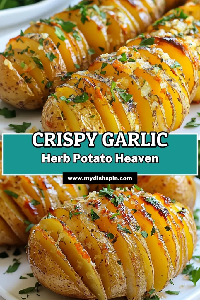 Elevate your dinner with these Garlic Herb Hasselback Potatoes! This Hasselback potato recipe transforms simple russet potatoes into oven-baked garlic potatoes that are crispy on the outside and tender on the inside. Perfect as an easy potato sides recipe, these Garlic Herb Hasselback Potatoes are sure to impress. Ready to try it? Save this recipe for your next meal! #HasselbackPotatoes #GarlicHerbPotatoes #EasyRecipes #PotatoSides