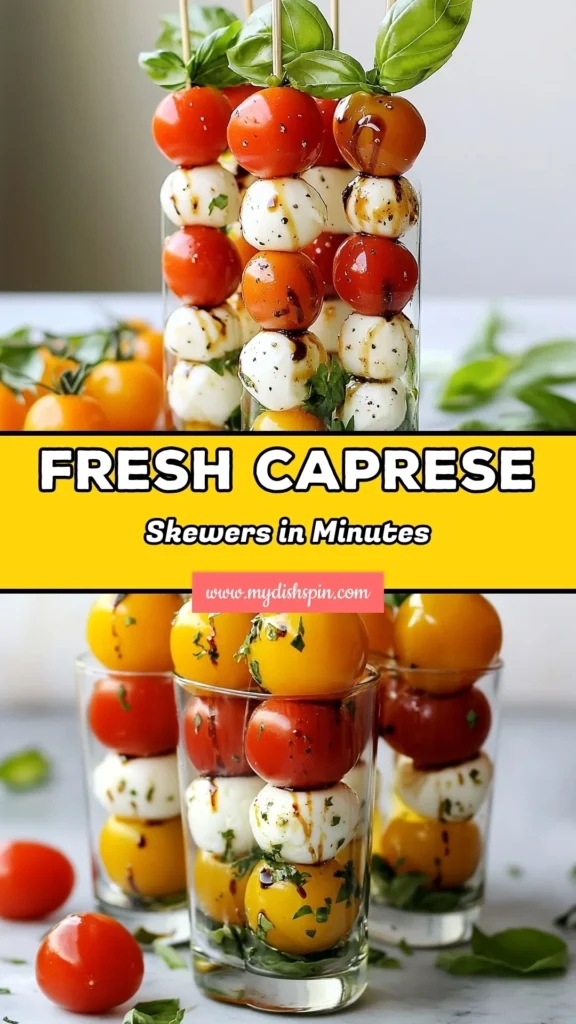 Looking for a quick and delicious way to wow your guests? Try this easy Caprese skewers recipe! These vibrant cherry tomato skewers, with mozzarella bocconcini and fresh basil, make perfect fresh basil appetizers for any occasion. Assembly takes only 10 minutes, making them one of the best easy appetizer recipes. Drizzle with balsamic glaze for extra flavor. Save this recipe now for your next gathering! #CapreseSkewers #EasyAppetizerRecipes #CherryTomatoSkewers #MozzarellaBocconciniSkewers