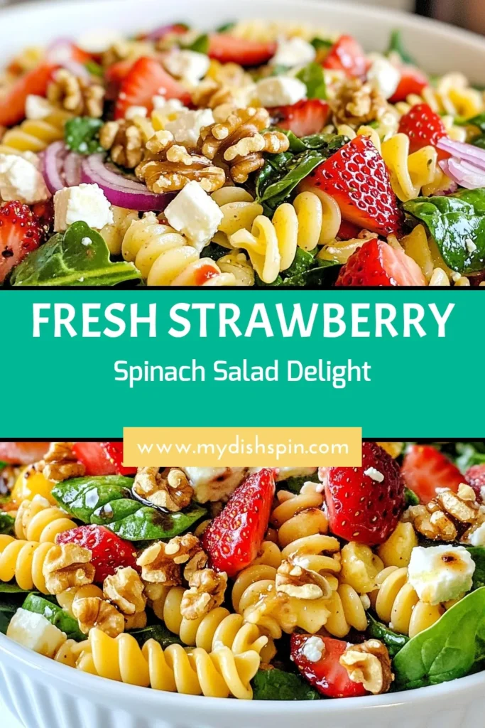 Discover the refreshing taste of this strawberry spinach pasta salad, a perfect addition to your healthy summer salads collection. Made with whole wheat pasta, juicy strawberries, and crunchy walnuts, it’s an ideal choice for fresh pasta salad recipes. Tossed in a delicious balsamic vinaigrette, this dish is both nutritious and satisfying. Save this for your next picnic or gathering! Try it today! #PastaSalad #HealthyEating #SummerRecipes #WholeWheatPasta