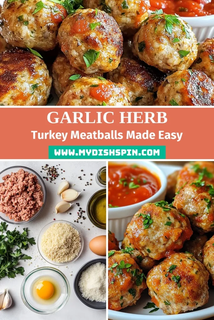 Try these delicious Garlic Herb Turkey Meatballs for a healthy turkey meatball recipe your family will love! Made with ground turkey and Parmesan cheese, these turkey meatballs with marinara sauce are easy to prepare and packed with flavor. Perfect for a quick dinner or meal prep, they can be served on a platter or with spaghetti. Save this recipe for a nutritious and satisfying meal! #GarlicHerbTurkeyMeatballs #HealthyRecipe #GroundTurkeyMeatballs #ParmesanCheeseMeatballs