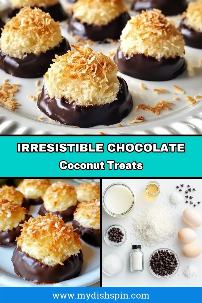 Indulge in these delicious chocolate dipped coconut macaroons, an easy coconut macaroon recipe perfect for any sweet tooth! Made with sweetened condensed milk, these homemade coconut macaroons are dipped in rich chocolate for a delightful dessert. Easy to make and so satisfying, they are sure to impress family and friends. Try this chocolate covered macaroons recipe today and treat yourself! Save this recipe now! #CoconutMacaroons #ChocolateDessert #BakingRecipes #EasyTreats