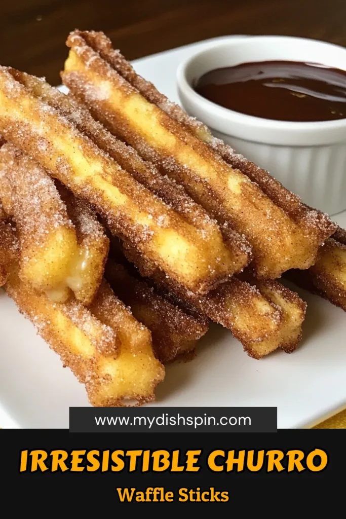 Indulge in these delicious Churro Waffle Sticks that combine the best of both worlds! This easy churro recipe transforms Cinnamon Sugar Waffles into a fun dessert perfect for any occasion. Using a waffle maker, these crispy treats are coated in cinnamon sugar and served with a rich chocolate sauce dipping recipe. Try making these irresistible Waffle Maker Desserts today! Don't forget to save this recipe! #ChurroWaffleSticks #WaffleMakerDesserts #CinnamonSugarWaffles #EasyChurroRecipe