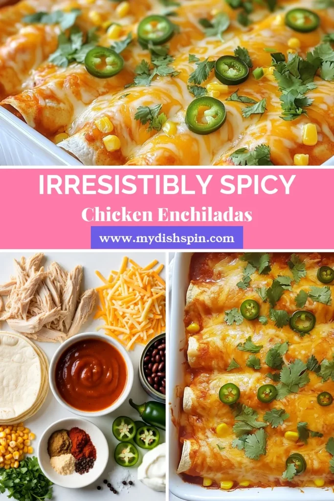 Looking for a quick Mexican dinner? Try these Spicy Chicken Enchiladas! This easy enchilada recipe features tender chicken, black beans, and melty cheese wrapped in soft tortillas. Perfect for busy weeknights, these homemade enchiladas will satisfy your cravings in just 35 minutes! Don't forget to save this delicious Chicken Enchiladas with Cheese recipe for your next meal. #EnchiladaRecipe #QuickDinner #MexicanFood #ChickenEnchiladas