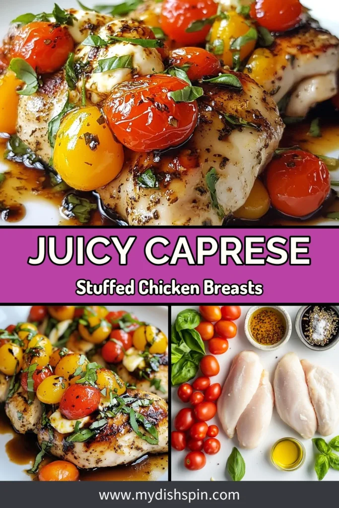 Try this delicious Caprese stuffed chicken breast recipe for an easy dinner that impresses! Juicy chicken breasts are filled with fresh mozzarella, cherry tomatoes, and basil, then baked to perfection. This mozzarella stuffed chicken is not only flavorful but also perfect for a family meal. Enjoy a quick and satisfying baked Caprese chicken, ready in just 40 minutes. Save this easy chicken dinner recipe for your next mealtime! #CapreseChicken #EasyDinner #MozzarellaStuffed #BakedChicken