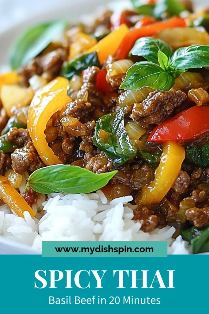 Discover the mouthwatering Spicy Thai Basil Beef recipe that's a must-try for dinner! This authentic Thai beef stir-fry features ground beef, fresh Thai basil, and a medley of peppers, creating a dish bursting with flavor in just 20 minutes. Perfect for weeknight meals, this quick Thai basil beef is one of the best easy spicy beef recipes you'll find. Try it today and enjoy over jasmine rice! Save this delicious recipe! #ThaiBasilBeef #QuickDinner #EasyRecipes #SpicyBeef