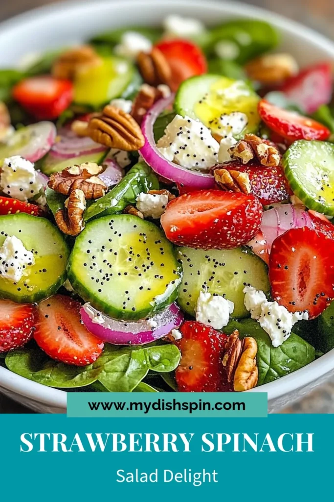 Discover the refreshing taste of this Strawberry Spinach Salad with a delicious poppy seed dressing recipe. Perfect for summer BBQs and picnics, this healthy salad recipe combines fresh baby spinach, juicy strawberries, crispy cucumbers, and creamy feta cheese. Elevate your summer salad ideas with this easy-to-make dish that's ideal for gatherings. Try it today and impress your guests! Save this recipe for your next meal. #HealthySaladRecipes #SummerSaladIdeas #PoppySeedDressing #FetaCheeseSalad
