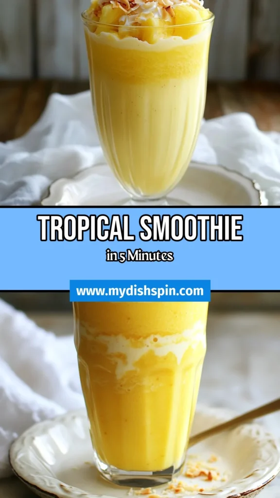 Experience a tropical getaway with this delicious Tropical Pineapple Coconut Smoothie recipe. This easy tropical smoothie combines fresh pineapple, ripe banana, and creamy coconut milk for a refreshing taste. Enjoy a healthy smoothie with coconut milk that’s perfect for breakfast or a snack. Whip up this refreshing pineapple banana smoothie in just 5 minutes. Try it today and refresh your day! #TropicalSmoothie #PineappleCoconutSmoothie #HealthySmoothie #SmoothieRecipe
