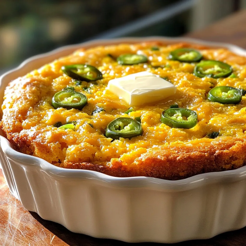 To make Cheddar Jalapeño Cornbread, gather these ingredients: - 1 cup cornmeal - 1 cup all-purpose flour - 1 tablespoon baking powder - ½ teaspoon baking soda - ½ teaspoon salt - 1 cup buttermilk (or milk with 1 tablespoon vinegar added) - 2 large eggs - ¼ cup honey - ¼ cup melted butter - 1 cup shredded sharp cheddar cheese - 1-2 fresh jalapeños, deseeded and finely chopped - ¼ cup green onions, sliced Each ingredient plays a key role. The cornmeal gives the cornbread its base. Flour adds structure. Baking powder and baking soda make it rise. Salt enhances flavor. Buttermilk adds moisture and tang. Eggs bind the mix. Honey brings sweetness. Butter makes it rich. Cheddar adds a sharp taste, while jalapeños add heat. Green onions give a fresh crunch. You can swap some ingredients if needed: - Cornmeal: Use polenta or masa harina for a different texture. - All-purpose flour: Whole wheat flour works, but it changes the taste. - Buttermilk: Use regular milk with vinegar or yogurt for a similar tang. - Honey: Maple syrup or agave syrup can provide sweetness. - Cheddar: Try pepper jack or gouda for a twist. - Jalapeños: Use poblano peppers for milder heat or omit them for a plain version. These swaps keep the spirit of the recipe while allowing flexibility. Choosing quality ingredients matters for great taste. Here are my favorite brands: - Cornmeal: Bob's Red Mill offers a fine texture and flavor. - Flour: King Arthur Flour is known for its quality and consistency. - Baking powder: Clabber Girl is a reliable choice for leavening. - Buttermilk: Daisy is creamy and adds a nice tang. - Cheddar cheese: Tillamook sharp cheddar has a bold flavor. - Honey: Manuka honey provides rich sweetness and health benefits. Using these brands can elevate your cornbread experience. {{ingredient_image_1}} First, heat your oven to 400°F (200°C). This ensures even baking. Next, grab a 9x9 inch baking dish or a cast-iron skillet. Grease it well with butter or cooking spray. This helps the cornbread slide out easily later. In a large bowl, add the dry ingredients. You will need: - 1 cup cornmeal - 1 cup all-purpose flour - 1 tablespoon baking powder - ½ teaspoon baking soda - ½ teaspoon salt Whisk these together until they blend well. This step is key for a light cornbread. Make sure there are no clumps. In another bowl, mix the wet ingredients. You will need: - 1 cup buttermilk (or milk with 1 tablespoon vinegar added) - 2 large eggs - ¼ cup honey - ¼ cup melted butter Whisk these until smooth. The buttermilk and butter add richness. Now, pour the wet mix into the dry mix. Stir gently until just combined. A few lumps are okay. Overmixing can make the cornbread tough. Next, fold in the fun stuff: - 1 cup shredded sharp cheddar cheese - 1-2 fresh jalapeños, deseeded and finely chopped - ¼ cup green onions, sliced Mix gently to keep the texture light. Now, pour the batter into your greased dish. Smooth the top with a spatula for even baking. Your cornbread is almost ready for the oven! To keep your cornbread fluffy, mix carefully. After adding the wet ingredients to the dry, stir just until combined. You want to see a few lumps. If you mix too much, the cornbread can turn out dense. This is a key step for a light and airy texture. When your cornbread cools for about 10 minutes, it’s easier to cut. Use a sharp knife or a pizza cutter for clean slices. Serve warm, topped with a pat of butter. Adding chopped green onions on top gives it a fresh look and taste. This makes every slice more inviting. Want to boost the flavor? Try adding corn kernels or diced bell peppers. You can also mix in spices like cumin or smoked paprika for a kick. If you love cheese, add more cheddar or try pepper jack for extra heat. These small changes can make your cornbread even more special. Pro Tips Use Fresh Jalapeños: For the best flavor and heat, use fresh jalapeños instead of pickled or canned ones. Check for Doneness: Insert a toothpick in the center of the cornbread; it should come out clean when it's fully baked. Customize Your Cheese: Feel free to mix different types of cheese, like pepper jack or mozzarella, for a unique twist. Storage Tips: Store any leftovers in an airtight container at room temperature for up to 2 days, or refrigerate for longer freshness. {{image_2}} You can easily switch the flavor of your cornbread. If you want sweet cornbread, add more honey or sugar. This gives it a nice touch. You can also add fruits like blueberries or cranberries. For a savory twist, try adding herbs like thyme or rosemary. These herbs bring a fresh taste that pairs well with cheese and peppers. Making a gluten-free version is simple. Swap out the all-purpose flour for gluten-free flour. Many brands offer blends that work well in baking. Just make sure to check the label. You can use a mix with xanthan gum for better texture. This way, everyone can enjoy this tasty dish without gluten. Don't feel tied to cheddar or jalapeños. You can explore various cheeses like pepper jack or gouda for a unique flavor. Each cheese adds its own twist to the cornbread. For peppers, consider using poblano or banana peppers. These can change the heat level and taste. Experimenting lets you find your favorite mix! After you enjoy your Cheddar Jalapeño Cornbread, you may have some left. To store it, let it cool completely. Then, wrap it tightly in plastic wrap or foil. You can also place it in an airtight container. Keep it at room temperature for up to two days. If you want it to last longer, store it in the fridge. It will stay fresh for about a week. If you want to save your cornbread for later, freezing is a great option. First, slice the cornbread into squares. Wrap each square in plastic wrap. Next, place them in a freezer-safe bag or container. Be sure to remove as much air as possible. Label the bag with the date. You can freeze the cornbread for up to three months. When you’re ready to eat it, just thaw it in the fridge overnight. To enjoy your cornbread again, you need to reheat it properly. If it’s frozen, thaw it in the fridge first. For best results, preheat your oven to 350°F (175°C). Place the cornbread on a baking sheet. Cover it with foil to keep it moist. Heat it for about 10-15 minutes. You can also use the microwave. Just heat it in short bursts, about 15-20 seconds, until warm. Enjoy your tasty cornbread as if it was just baked! Yes, you can. If you don’t have buttermilk, mix 1 cup of milk with 1 tablespoon of vinegar. Let it sit for a few minutes. This will create a good substitute. Your cornbread will still be tasty and moist. Check your cornbread after 20 minutes. It should be golden brown on top. Insert a toothpick into the center. If it comes out clean, your cornbread is done. If it’s still wet, bake for a few more minutes. This cornbread pairs well with chili, soups, or grilled meats. You can also serve it with a dollop of sour cream or a pat of butter. For a fun twist, try it with honey or jam for a sweet contrast. Cheddar jalapeño cornbread combines great flavor with simple steps. We explored ingredients and variations to make it your own. I shared tips to keep your cornbread fluffy and delicious. From storage to serving, you can enjoy this dish for days. With these ideas, your cornbread will impress everyone. Get ready to bake and enjoy the tasty results!