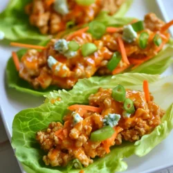 To make Buffalo Chicken Lettuce Wraps, you need a few simple ingredients. Here is the list: - 1 pound ground chicken - 1 tablespoon olive oil - 1/2 cup buffalo sauce (choose mild or spicy) - 1/4 cup cream cheese, softened - 1/2 cup shredded carrots - 1/4 cup blue cheese crumbles (optional) - 1/4 cup chopped green onions - 1 head of iceberg or butter lettuce, separated into leaves - Salt and pepper to taste Each ingredient plays a key role in the flavor and texture of the wraps. Ground chicken gives a lean protein base. Olive oil helps cook the chicken nicely. Buffalo sauce adds that spicy kick everyone loves. Cream cheese makes the mixture creamy and rich. Shredded carrots add crunch and color. Green onions bring freshness. You can add blue cheese crumbles for a tangy twist. Finally, the lettuce leaves serve as the perfect wrap. These ingredients come together to create a tasty and easy meal. You can adjust the buffalo sauce to fit your spice level. Enjoy crafting these wraps for a fun dinner or a quick lunch! {{ingredient_image_1}} To start, heat 1 tablespoon of olive oil in a large skillet over medium heat. Once the oil is hot, add 1 pound of ground chicken. Cook it for about 6 to 8 minutes until it turns brown and is fully cooked. Make sure to stir it often. Next, drain any extra fat from the skillet. Then, add 1/2 cup of buffalo sauce to the chicken. You can choose mild or spicy sauce based on your taste. Stir in 1/4 cup of softened cream cheese. Cook this mixture for another 2 to 3 minutes. Keep stirring until the cream cheese melts and mixes well with the chicken. Now it's time to add flavor! Mix in 1/2 cup of shredded carrots. Season your filling with salt and pepper to taste. Cook everything for another minute. This will heat the carrots and blend the flavors. While the mixture cools a bit, prepare your lettuce leaves. Use a head of iceberg or butter lettuce. Carefully separate the leaves. You want them to be big enough to hold the filling. To serve, take a lettuce leaf and spoon in a generous amount of your buffalo chicken mixture. Wrap it up like a taco and take a big bite. For extra flavor, you can add blue cheese crumbles on top. I recommend serving these wraps with ranch or blue cheese dressing for dipping. These sauces add a creamy touch that balances the heat from the buffalo sauce. Enjoy your delicious and easy meal! Cooking ground chicken well is key. It ensures the meat is safe to eat. Aim for a nice golden-brown color. This shows it is fully cooked. When adding cream cheese, soften it first. This makes it easier to mix in. I like to cut it into small pieces. This helps it melt faster when you stir it in. For a great presentation, use large lettuce leaves. They hold the filling well. Arrange the wraps on a platter for easy access. Pair these wraps with fresh veggies or a light salad. Carrot sticks and celery complement the flavors. You can also serve them with a ranch dip. Buffalo chicken wraps have many health benefits. Ground chicken is high in protein. It helps build muscles and keeps you full. The carrots add vitamins and fiber. Blue cheese crumbles can enhance taste but add calories. Each wrap is about 250 calories. Check your serving size for precise counts. Pro Tips Use Fresh Lettuce: Choose crisp, fresh lettuce leaves for the best texture and flavor. Iceberg and butter lettuce are great options for wrapping. Customize the Heat: Adjust the level of buffalo sauce according to your heat preference. Start with a mild sauce and add more if you like it spicy. Make it Ahead: You can prepare the buffalo chicken mixture in advance and store it in the fridge. Just reheat before serving for a quick meal. Add More Veggies: Feel free to add other veggies like diced celery or bell peppers to the chicken mixture for extra crunch and flavor. {{image_2}} You can make Buffalo chicken lettuce wraps vegetarian. Use plant-based ground meat for a tasty swap. Some great choices are lentils or crumbled tofu. For the sauce, try a mix of BBQ sauce and hot sauce. This gives a great flavor kick without meat. Want more heat? Add extra buffalo sauce to your chicken mix. You can also sprinkle in some cayenne pepper or red pepper flakes. These spices boost the heat and add depth. For extra flavor, mix in diced jalapeños or hot sauce to the filling. Feel free to get creative with your filling! Add diced bell peppers or corn for a sweet crunch. You can also use different types of lettuce. Butter lettuce adds a soft touch, while Romaine gives a nice crunch. Explore these swaps to find your favorite flavor combos. To keep your Buffalo Chicken Lettuce Wraps fresh, store them in the fridge. Place the chicken mixture in an airtight container. This helps keep moisture in and air out. The wraps can stay fresh for about three to four days. Keep the lettuce separate to avoid sogginess. Use a Ziplock bag or another container for the lettuce leaves. When you want to enjoy leftovers, reheat the chicken mixture on the stove. Use low heat and stir often for even warming. You can also use a microwave. Heat in short bursts, stirring in between. This helps keep the chicken moist. Avoid reheating the lettuce; it’s best fresh. Yes, you can freeze the chicken mixture, but not the lettuce. To freeze, place the cooled chicken in an airtight container. Label it with the date for easy tracking. Frozen, it lasts up to three months. To thaw, move it to the fridge overnight. Reheat it on the stove or microwave before serving. This way, you can enjoy a quick meal anytime! To add more heat to your Buffalo Chicken Lettuce Wraps, you can try several easy tips: - Use a hotter buffalo sauce. - Add diced jalapeños to the chicken mixture. - Mix in crushed red pepper flakes. - Top with a spicy ranch or blue cheese dressing. These options let you control the heat to match your taste. Yes, you can use other meats in this recipe. Here are some tasty alternatives: - Ground turkey for a lean option. - Shredded chicken for a different texture. - Ground beef for a heartier flavor. Each choice brings its unique taste to the wraps. Pair your wraps with side dishes that balance their bold flavors. Here are some ideas: - Fresh vegetable sticks with dip. - A light salad with vinaigrette. - Sweet potato fries for a crunchy side. These options will complement the wraps and make your meal more complete. This guide covered all you need to make Buffalo Chicken Lettuce Wraps. We explored ingredients, steps, tips, and even variations. Whether you want classic wraps or spicy versions, there are options for everyone. Remember to store leftovers properly to keep them fresh. With these wraps, you can enjoy a tasty meal that fits many diets. Have fun trying different flavors and presentations. Enjoy your cooking adventure!