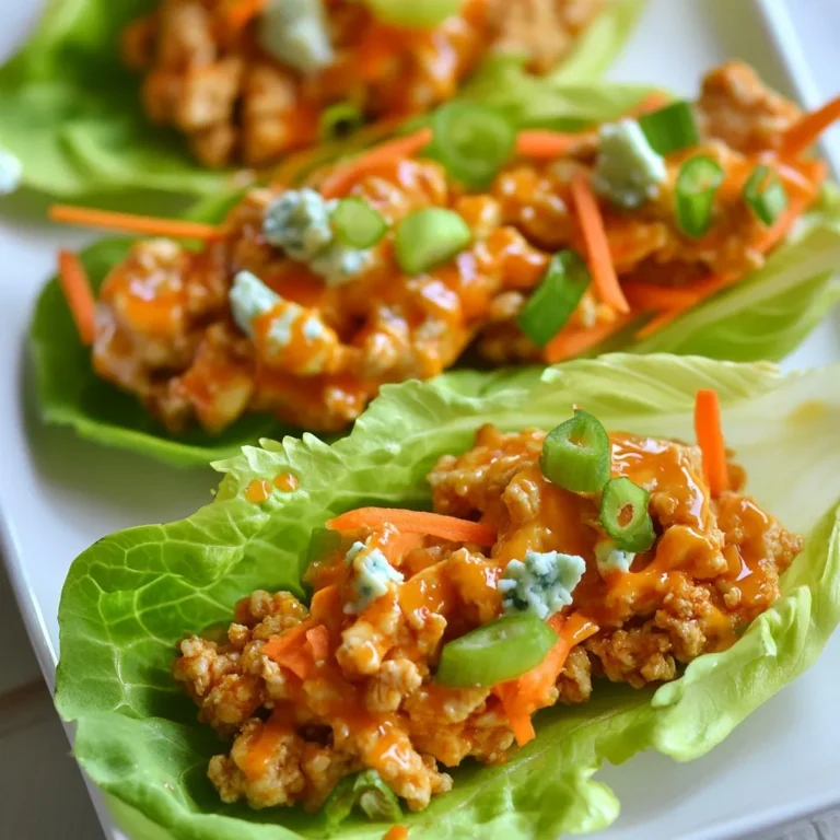 To make Buffalo Chicken Lettuce Wraps, you need a few simple ingredients. Here is the list: - 1 pound ground chicken - 1 tablespoon olive oil - 1/2 cup buffalo sauce (choose mild or spicy) - 1/4 cup cream cheese, softened - 1/2 cup shredded carrots - 1/4 cup blue cheese crumbles (optional) - 1/4 cup chopped green onions - 1 head of iceberg or butter lettuce, separated into leaves - Salt and pepper to taste Each ingredient plays a key role in the flavor and texture of the wraps. Ground chicken gives a lean protein base. Olive oil helps cook the chicken nicely. Buffalo sauce adds that spicy kick everyone loves. Cream cheese makes the mixture creamy and rich. Shredded carrots add crunch and color. Green onions bring freshness. You can add blue cheese crumbles for a tangy twist. Finally, the lettuce leaves serve as the perfect wrap. These ingredients come together to create a tasty and easy meal. You can adjust the buffalo sauce to fit your spice level. Enjoy crafting these wraps for a fun dinner or a quick lunch! {{ingredient_image_1}} To start, heat 1 tablespoon of olive oil in a large skillet over medium heat. Once the oil is hot, add 1 pound of ground chicken. Cook it for about 6 to 8 minutes until it turns brown and is fully cooked. Make sure to stir it often. Next, drain any extra fat from the skillet. Then, add 1/2 cup of buffalo sauce to the chicken. You can choose mild or spicy sauce based on your taste. Stir in 1/4 cup of softened cream cheese. Cook this mixture for another 2 to 3 minutes. Keep stirring until the cream cheese melts and mixes well with the chicken. Now it's time to add flavor! Mix in 1/2 cup of shredded carrots. Season your filling with salt and pepper to taste. Cook everything for another minute. This will heat the carrots and blend the flavors. While the mixture cools a bit, prepare your lettuce leaves. Use a head of iceberg or butter lettuce. Carefully separate the leaves. You want them to be big enough to hold the filling. To serve, take a lettuce leaf and spoon in a generous amount of your buffalo chicken mixture. Wrap it up like a taco and take a big bite. For extra flavor, you can add blue cheese crumbles on top. I recommend serving these wraps with ranch or blue cheese dressing for dipping. These sauces add a creamy touch that balances the heat from the buffalo sauce. Enjoy your delicious and easy meal! Cooking ground chicken well is key. It ensures the meat is safe to eat. Aim for a nice golden-brown color. This shows it is fully cooked. When adding cream cheese, soften it first. This makes it easier to mix in. I like to cut it into small pieces. This helps it melt faster when you stir it in. For a great presentation, use large lettuce leaves. They hold the filling well. Arrange the wraps on a platter for easy access. Pair these wraps with fresh veggies or a light salad. Carrot sticks and celery complement the flavors. You can also serve them with a ranch dip. Buffalo chicken wraps have many health benefits. Ground chicken is high in protein. It helps build muscles and keeps you full. The carrots add vitamins and fiber. Blue cheese crumbles can enhance taste but add calories. Each wrap is about 250 calories. Check your serving size for precise counts. Pro Tips Use Fresh Lettuce: Choose crisp, fresh lettuce leaves for the best texture and flavor. Iceberg and butter lettuce are great options for wrapping. Customize the Heat: Adjust the level of buffalo sauce according to your heat preference. Start with a mild sauce and add more if you like it spicy. Make it Ahead: You can prepare the buffalo chicken mixture in advance and store it in the fridge. Just reheat before serving for a quick meal. Add More Veggies: Feel free to add other veggies like diced celery or bell peppers to the chicken mixture for extra crunch and flavor. {{image_2}} You can make Buffalo chicken lettuce wraps vegetarian. Use plant-based ground meat for a tasty swap. Some great choices are lentils or crumbled tofu. For the sauce, try a mix of BBQ sauce and hot sauce. This gives a great flavor kick without meat. Want more heat? Add extra buffalo sauce to your chicken mix. You can also sprinkle in some cayenne pepper or red pepper flakes. These spices boost the heat and add depth. For extra flavor, mix in diced jalapeños or hot sauce to the filling. Feel free to get creative with your filling! Add diced bell peppers or corn for a sweet crunch. You can also use different types of lettuce. Butter lettuce adds a soft touch, while Romaine gives a nice crunch. Explore these swaps to find your favorite flavor combos. To keep your Buffalo Chicken Lettuce Wraps fresh, store them in the fridge. Place the chicken mixture in an airtight container. This helps keep moisture in and air out. The wraps can stay fresh for about three to four days. Keep the lettuce separate to avoid sogginess. Use a Ziplock bag or another container for the lettuce leaves. When you want to enjoy leftovers, reheat the chicken mixture on the stove. Use low heat and stir often for even warming. You can also use a microwave. Heat in short bursts, stirring in between. This helps keep the chicken moist. Avoid reheating the lettuce; it’s best fresh. Yes, you can freeze the chicken mixture, but not the lettuce. To freeze, place the cooled chicken in an airtight container. Label it with the date for easy tracking. Frozen, it lasts up to three months. To thaw, move it to the fridge overnight. Reheat it on the stove or microwave before serving. This way, you can enjoy a quick meal anytime! To add more heat to your Buffalo Chicken Lettuce Wraps, you can try several easy tips: - Use a hotter buffalo sauce. - Add diced jalapeños to the chicken mixture. - Mix in crushed red pepper flakes. - Top with a spicy ranch or blue cheese dressing. These options let you control the heat to match your taste. Yes, you can use other meats in this recipe. Here are some tasty alternatives: - Ground turkey for a lean option. - Shredded chicken for a different texture. - Ground beef for a heartier flavor. Each choice brings its unique taste to the wraps. Pair your wraps with side dishes that balance their bold flavors. Here are some ideas: - Fresh vegetable sticks with dip. - A light salad with vinaigrette. - Sweet potato fries for a crunchy side. These options will complement the wraps and make your meal more complete. This guide covered all you need to make Buffalo Chicken Lettuce Wraps. We explored ingredients, steps, tips, and even variations. Whether you want classic wraps or spicy versions, there are options for everyone. Remember to store leftovers properly to keep them fresh. With these wraps, you can enjoy a tasty meal that fits many diets. Have fun trying different flavors and presentations. Enjoy your cooking adventure!