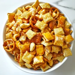 To make Spicy Ranch Chex Mix, gather these items: - 3 cups Chex cereal (corn, rice, or a mix) - 2 cups mixed nuts (such as almonds, cashews, and peanuts) - 1 cup pretzel sticks - 1 cup cheese crackers - 1/2 cup butter, melted - 2 tablespoons ranch seasoning mix - 1 teaspoon garlic powder - 1 teaspoon onion powder - 1/2 teaspoon cayenne pepper (adjust to taste) - 1/2 teaspoon smoked paprika - 1/4 teaspoon salt (optional, to taste) - 1 tablespoon hot sauce (optional, for added spice) The recipe calls for specific amounts, but you can adjust these. For a crunchier mix, add more nuts or pretzels. You can swap in different flavors of cheese crackers. If you want a milder snack, reduce the cayenne pepper or hot sauce. Always taste as you go! If you don’t have all the items, don’t worry! You can use: - Other cereals like Cheerios or Kix instead of Chex. - Different nuts, such as walnuts or pecans. - Popcorn instead of pretzel sticks for a lighter crunch. - Different seasoning blends if you don’t have ranch seasoning. These swaps keep the snack fun and tasty! {{ingredient_image_1}} First, gather your ingredients. You will need Chex cereal, mixed nuts, pretzel sticks, and cheese crackers. Measure out these ingredients. Use 3 cups of Chex cereal, 2 cups of mixed nuts, 1 cup of pretzel sticks, and 1 cup of cheese crackers. Place them in a large mixing bowl. Stir them gently to mix them well. Next, prepare your seasoning mix. In a separate bowl, melt 1/2 cup of butter. Whisk in 2 tablespoons of ranch seasoning, 1 teaspoon of garlic powder, and 1 teaspoon of onion powder. Add 1/2 teaspoon of cayenne pepper and 1/2 teaspoon of smoked paprika. You can also add 1/4 teaspoon of salt and 1 tablespoon of hot sauce if you like more heat. Mix this until it is well combined. Now, preheat your oven to 275°F (135°C). Spread your cereal mix evenly on a large baking sheet lined with parchment paper. Pour the butter mixture over the snack mix. Stir gently to coat everything. Make sure every piece gets some seasoning. Place the baking sheet in the oven. Bake it for 30 to 35 minutes. Stir the mix every 10 to 15 minutes. This helps all the pieces toast evenly. When it turns golden and smells great, it is done. Take the baking sheet out of the oven. Let the mix cool completely on the sheet. Once cool, you can serve it in a colorful bowl or mason jar. For a fun touch, sprinkle some extra ranch seasoning on top. Store any leftovers in an airtight container. This snack will stay fresh for up to two weeks. Enjoy your Spicy Ranch Chex Mix! To make your Spicy Ranch Chex Mix shine, use fresh spices. Fresh spices have a stronger taste. Adjust the heat by adding more cayenne pepper or hot sauce. If you like it milder, cut the cayenne pepper. For a deeper flavor, add a dash of Worcestershire sauce to the butter mix. This adds a unique twist that everyone will love. Keep your Chex Mix fresh by storing it in an airtight container. This will help it stay crisp. If you want it to last longer, use a vacuum-sealed bag. You can store it at room temperature for up to two weeks. Make sure to check for any signs of spoilage, like a stale smell or soft texture. Serve your Spicy Ranch Chex Mix in a colorful bowl. A mason jar adds a fun touch too. For a nice presentation, sprinkle extra ranch seasoning on top. Pair it with your favorite dip or drink for a tasty snack combo. This mix is perfect for game days, parties, or movie nights. Pro Tips Adjust the Spice Level: If you prefer a milder snack, reduce the cayenne pepper or omit the hot sauce. You can always add more spice later! Mix Up the Nuts: Feel free to use any combination of nuts you like! Pecans or walnuts can add a unique flavor and crunch. Even Coating: Make sure to stir the mixture thoroughly after adding the butter mixture to ensure every piece is evenly coated with flavor. Storage Tips: For maximum freshness, allow the Chex Mix to cool completely before storing in an airtight container. This prevents it from becoming soggy. {{image_2}} You can change the snacks in your mix. Use popcorn instead of pretzel sticks. Swap cheese crackers for tortilla chips for a new crunch. Add some dried fruits for sweetness. Think raisins, cranberries, or banana chips. You can also try using other nuts like walnuts or pecans. They add great flavor and texture. Want it milder? Skip the cayenne pepper. You can also reduce the hot sauce if you like. For more heat, add more cayenne or hot sauce. Try adding a bit of chili powder too. It gives a nice kick without being too hot. Remember to taste as you mix to find your perfect spice level. Make it gluten-free by using gluten-free Chex and snacks. Many brands offer gluten-free pretzels and crackers. For nut-free, just leave out the nuts. You can add extra Chex or seeds instead. Sunflower seeds work well. Always check labels to keep allergies in mind. Enjoy your mix without worry! To keep Spicy Ranch Chex Mix fresh, use an airtight container. This helps keep out moisture. Always let the mix cool completely before storing. Warm snacks can create steam, making them soggy. For the best crunch, store in a cool, dry place. Avoid direct sunlight and heat. Use glass jars or plastic containers with tight lids. Mason jars work great for a fun look. They also seal well and keep snacks fresh. If you have a large batch, divide it into smaller containers. This way, you can enjoy them over time without losing freshness. Spicy Ranch Chex Mix lasts up to two weeks in storage. After this time, it may lose its crunch. Look for signs like soft texture or strange smells. If you see any mold or discoloration, it’s best to toss it. Always trust your senses; they help you keep snacks safe to eat. To make Spicy Ranch Chex Mix, gather your ingredients first. You need Chex cereal, mixed nuts, pretzel sticks, and cheese crackers. Here’s a quick guide: - 3 cups Chex cereal (corn, rice, or a mix) - 2 cups mixed nuts - 1 cup pretzel sticks - 1 cup cheese crackers - 1/2 cup melted butter - Seasonings: ranch mix, garlic powder, onion powder, cayenne pepper, smoked paprika, and salt. Start by preheating your oven to 275°F. In a bowl, mix the Chex cereal, nuts, pretzels, and cheese crackers. In another bowl, whisk the melted butter with the seasonings. Pour this mix over the dry ingredients and stir well. Spread it on a baking sheet and bake for 30-35 minutes, stirring every 10-15 minutes. Let it cool and enjoy! Yes, you can change up the seasonings! Try using taco seasoning for a zesty kick. You might also add some ranch dip mix for extra flavor. If you like things spicy, increase the cayenne pepper. Play around with your favorite spices. Just remember to balance the flavors so it stays tasty. Absolutely! You can make Spicy Ranch Chex Mix fit many diets. For a gluten-free option, use gluten-free Chex cereal and gluten-free pretzels. If you want to skip nuts, just leave them out or replace them with seeds. For a vegan version, use plant-based butter and omit cheese crackers. This recipe is flexible and fun to customize! In this guide, we explored how to make the perfect Spicy Ranch Chex Mix. We covered ingredients and their measurements, along with helpful substitutions. I shared step-by-step instructions, tips for flavor perfection, and storage advice. You can also try various adjustments for spice and dietary needs. Remember, your mix can change based on your taste. Enjoy experimenting and make it your own!
