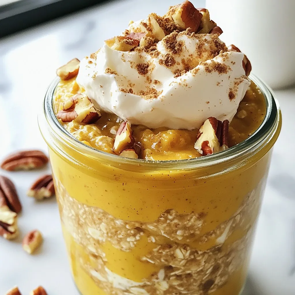 To make pumpkin pie overnight oats, you will need: - 1 cup rolled oats - 1 cup unsweetened almond milk (or any milk of choice) - 1/2 cup pumpkin puree (not pumpkin pie filling) - 1 tablespoon maple syrup (adjust for sweetness) - 1/2 teaspoon pumpkin pie spice - 1/4 teaspoon vanilla extract - 2 tablespoons chia seeds - Pinch of salt These ingredients create a creamy, delicious base that tastes like pumpkin pie. You can add fun toppings to your oats: - Chopped pecans - Whipped coconut cream - A sprinkle of cinnamon These toppings add texture and flavor. You can also swap in your favorites! To get the best taste, use fresh pumpkin puree. It gives a rich, true pumpkin flavor. Choose a good almond milk for creaminess. If you want it sweeter, adjust the maple syrup to your liking. Chia seeds help thicken your oats and add fiber. Always mix well so every bite is full of flavor! {{ingredient_image_1}} To make these tasty pumpkin pie overnight oats, start by gathering your ingredients. You need: - 1 cup rolled oats - 1 cup unsweetened almond milk (or any milk of choice) - 1/2 cup pumpkin puree (not pumpkin pie filling) - 1 tablespoon maple syrup (adjust for sweetness) - 1/2 teaspoon pumpkin pie spice - 1/4 teaspoon vanilla extract - 2 tablespoons chia seeds - Pinch of salt In a medium bowl, mix the rolled oats, almond milk, pumpkin puree, maple syrup, pumpkin pie spice, vanilla extract, chia seeds, and salt. Stir until everything blends well. Each oat should be coated in the pumpkin mix. Next, divide the mixture into two airtight containers or jars. Seal them tightly and place them in the fridge overnight. This step lets the oats soak up all the flavors. Store your pumpkin pie overnight oats in the fridge. They stay fresh for about 3 to 5 days. Make sure the containers are sealed well to keep the oats safe from other fridge odors. If you want to prepare them ahead of time, this is a perfect option. Just remember to stir the oats before serving. Sometimes, the liquids settle at the bottom. When you’re ready to enjoy your oats, take them out of the fridge. Stir them gently to mix any settled liquid back in. For a lovely touch, add toppings. I like to use chopped pecans for crunch, whipped coconut cream for creaminess, or a sprinkle of cinnamon for extra warmth. These simple additions make your breakfast both tasty and beautiful! Enjoy your pumpkin pie overnight oats chilled. They offer a nutritious start to your day or a satisfying snack! To make your pumpkin pie overnight oats shine, use high-quality pumpkin puree. Fresh or homemade puree can bring out a richer taste. You can also boost the flavor with a bit more pumpkin pie spice. A dash of nutmeg or ginger can add warmth and depth. Don't forget a small pinch of salt; it makes the sweet flavors pop! Everyone has different taste buds. If you want more sweetness, add an extra tablespoon of maple syrup. You can also try honey or agave syrup for a different twist. Remember, you can always taste as you mix. This way, you can find the perfect level of sweetness that you love! If you're dairy-free, almond milk works great, but feel free to use oat or coconut milk. For a nut-free option, use rice milk or hemp milk. If chia seeds aren't your thing, you can replace them with flaxseeds or skip them altogether. Just make sure to adjust the liquid to keep the right texture! Pro Tips Use Steel-Cut Oats for a Chewier Texture: If you prefer a heartier bite, consider substituting rolled oats with steel-cut oats. Just remember to increase the soaking time to ensure they soften adequately. Sweetness Control: Adjust the amount of maple syrup based on your preferences. You can also substitute it with honey or agave syrup for different sweetness profiles. Experiment with Spices: While pumpkin pie spice is a classic choice, feel free to add a pinch of nutmeg or ginger for an extra kick of flavor that complements the pumpkin. Make It a Meal Prep Star: This recipe is perfect for meal prep! Double the batch and store jars in the fridge for quick breakfasts throughout the week. {{image_2}} You can use many types of milk in this recipe. Almond milk is great, but you can also try coconut milk for a creamy taste. If you like cow's milk, whole milk works well too. For a nut-free option, oat milk is a nice choice. Each milk brings a different flavor, so feel free to explore! Spices and extracts can change your overnight oats. If you want a stronger taste, add more pumpkin pie spice. You can also try cinnamon or nutmeg for a warm flavor. A dash of ginger adds a nice kick. For a sweet twist, a little vanilla or maple extract makes it special. Mix and match to find your favorite blend! Adding nuts or fruits makes your oats even better. Chopped pecans or walnuts give a nice crunch and healthy fats. You can also add sliced bananas or berries for natural sweetness. Dried fruits like raisins or cranberries add chewiness. These add-ins boost nutrition and make each bite exciting! Store your pumpkin pie overnight oats in airtight containers. Glass jars work well. This keeps the oats fresh and prevents them from drying out. Make sure to seal the lids tightly to avoid spills. Keeping them in the fridge helps maintain flavor and texture. You can keep the oats in the fridge for up to five days. After that, they may lose their flavor and become mushy. If you notice any off smell or texture, it’s best to toss them. Always check before you eat to ensure they are still good. If you want to store the oats for longer, freezing is a great option. Place the oats in freezer-safe containers. Leave some space at the top. The oats will expand when frozen. You can keep them in the freezer for up to three months. When ready to eat, thaw them in the fridge overnight. Yes, you can use quick oats. Quick oats cook faster than rolled oats. They will make your oats softer. However, the texture will change. If you like a creamier feel, quick oats work well. Just remember, they absorb more liquid. You might need to adjust the almond milk if using quick oats. This recipe is mostly vegan already. Just ensure you use plant-based milk. Almond milk works great, but you can use others. Maple syrup is also vegan, so you are good there. Just avoid any dairy toppings like whipped cream. Instead, use whipped coconut cream for a tasty vegan option. Yes, you can skip the chia seeds. They add thickness and nutrients, but it’s okay to leave them out. If you want a similar texture, use more oats. You can also add mashed banana or applesauce for creaminess. Just make sure to adjust the liquid if you change the recipe. This blog post covered how to make tasty overnight oats. You learned about key ingredients, fun toppings, and cooking steps. I also shared tips for enhancing flavors and making swaps for diets. Plus, you got details on storage and answers to common questions. In conclusion, overnight oats are easy, healthy, and customizable. Enjoy making your own perfect mix!