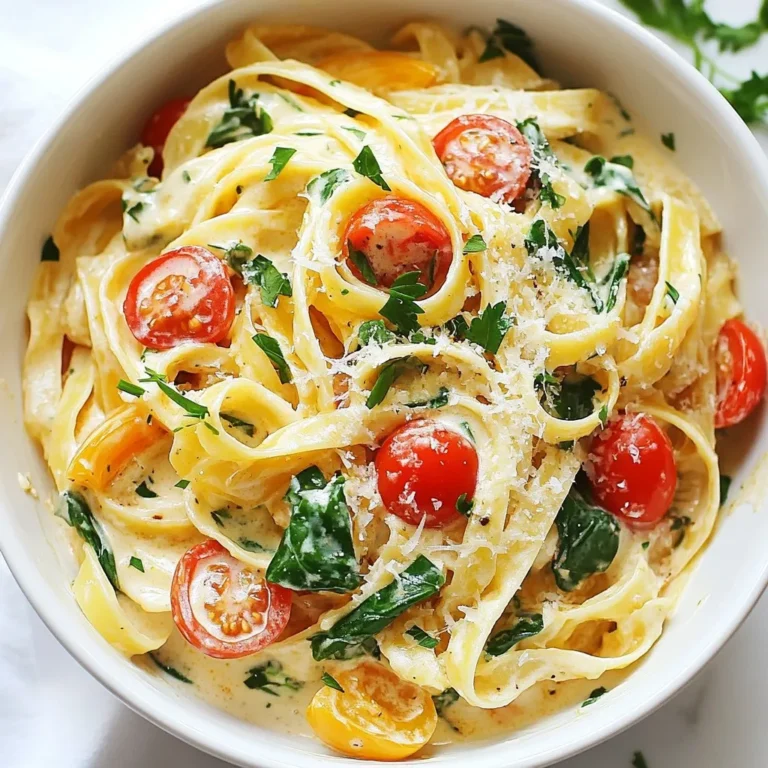 To make One-Pot Creamy Cajun Pasta, you need a few key ingredients. Here’s a detailed list: - Pasta types: 12 oz fettuccine or penne pasta - Vegetables: - 1 medium onion, diced - 3 cloves garlic, minced - 1 red bell pepper, diced - 1 green bell pepper, diced - 1 cup cherry tomatoes, halved - 1 cup spinach, fresh - Dairy products: - 1 cup heavy cream - Grated Parmesan cheese (for serving) - Seasoning: - 1 teaspoon Cajun seasoning - 1 teaspoon smoked paprika - Base: - 2 cups vegetable broth - Garnish: - Fresh parsley, chopped - Salt and pepper to taste These ingredients create a rich and creamy dish that packs a punch of flavor. The mix of Cajun seasoning and fresh vegetables brings a delightful twist to your pasta. You can easily find these items at your local grocery store. Make sure to choose fresh vegetables for the best taste. {{ingredient_image_1}} First, heat the olive oil in a large pot over medium heat. Add the diced onion. Sauté for about 3 to 4 minutes until it turns soft and clear. Next, mix in the minced garlic along with the diced red and green bell peppers. Sprinkle in the Cajun seasoning and smoked paprika. Cook this mix for another 3 to 4 minutes. You want the peppers to soften nicely. This step sets the flavor base for your dish. Now it’s time to add the pasta. Pour in the vegetable broth and heavy cream. Stir well, ensuring the pasta is covered with the liquid. Bring this mixture to a gentle simmer. Lower the heat and cover the pot. Cook for about 12 to 15 minutes. Stir every few minutes. You want the pasta to be al dente and soak up most of the liquid. Keep an eye on it to avoid overcooking. Once the pasta is ready, it’s time to add some color. Toss in the halved cherry tomatoes and fresh spinach. Gently stir them in and cook for an extra 2 to 3 minutes. This will let the spinach wilt and the tomatoes warm up. Now, taste your pasta and add salt and pepper as needed. For a creamier dish, add a splash more of heavy cream. Let it sit for a few minutes before serving. Garnish with chopped parsley and a sprinkle of grated Parmesan cheese. Enjoy this creamy delight! To get that rich, creamy texture, heavy cream is key. It adds smoothness and depth to the pasta. If you want it creamier, just add a bit more heavy cream at the end. This gives you control over how rich the dish becomes. Stirring is essential to prevent the pasta from sticking. I like to stir gently but consistently while it simmers. This keeps everything moving and helps the flavors blend. Also, keep an eye on the heat. If it gets too high, your sauce might burn. A low, steady heat works best for this dish. Pair this pasta with a simple side salad or some crusty bread. Both complement the flavors well. For presentation, sprinkle chopped parsley and grated Parmesan on top. This adds color and a nice touch to your dish. Pro Tips Cooking Pasta Perfectly: Make sure to cook the pasta al dente, as it will continue to cook slightly after being added to the sauce. Enhancing Flavor: For an extra kick, consider adding some diced andouille sausage or shrimp along with the vegetables. Thickening the Sauce: If you prefer a thicker sauce, allow the dish to simmer uncovered for a few extra minutes to reduce the liquid. Substituting Ingredients: Feel free to swap in your favorite vegetables, such as zucchini or mushrooms, to customize the dish to your liking. {{image_2}} You can change the protein in this dish. Try using chicken, shrimp, or tofu. Each swap adds a unique taste. Chicken gives a classic flavor. Shrimp adds a nice seafood touch. Tofu is great for a vegetarian or vegan meal. For a vegetarian option, use vegetable broth instead of chicken broth. You can also add plant-based cream for a vegan twist. This way, anyone can enjoy the dish. To make your pasta even more exciting, add extra spices or herbs. A pinch of cayenne pepper boosts the heat. Fresh basil or thyme adds a fresh taste. You can also try a squeeze of lemon for brightness. Adding more veggies can enhance both the flavor and nutrition. Consider mushrooms, zucchini, or even kale. They cook well and make the dish colorful. Don't stick to just fettuccine or penne. Experiment with different pasta shapes, like fusilli or farfalle. Each shape holds sauce differently, making every bite unique. If you're gluten-free, use gluten-free pasta. It works well in this recipe and tastes great. You won’t miss out on any flavor or creaminess. Store your One-Pot Creamy Cajun Pasta in the fridge. Use an airtight container to keep it fresh. It can stay good for up to 3 days. When you are ready to eat, reheat it in a pot over low heat. Add a splash of cream or broth to help it stay creamy. Stir often to avoid sticking. You can also use the microwave. Heat it in short bursts, stirring in between. This helps it warm evenly. To freeze your pasta, let it cool first. Use freezer-safe containers for storage. Leave some space at the top because it will expand when frozen. Label your containers with the date. This dish can be frozen for up to 2 months. When you want to eat it, thaw it overnight in the fridge. Reheat gently on the stove or in the microwave. Add some cream or broth to bring back the creaminess. Yes, you can make this dish ahead of time. To prepare in advance, cook the pasta and sauce as usual. Let the dish cool completely. Then, store it in an airtight container in the fridge. It will last for about 3 days. When you are ready to eat, reheat it on the stove over low heat. Add a splash of vegetable broth or cream to help bring back the creamy texture. To make this dish spicier, you can add more Cajun seasoning. Start with an extra half teaspoon and taste it. If you want even more heat, try adding red pepper flakes. You can also add diced jalapeños or hot sauce while cooking. Adjust the spice level to suit your taste! Yes, this recipe can adapt to dietary needs. For gluten-free options, use gluten-free pasta. Many brands offer great choices that taste good. If you're dairy-free, swap heavy cream for coconut milk or a cashew cream. Nutritional yeast can replace Parmesan cheese for a cheesy flavor. Enjoy your meal without worry! This blog post covered a delicious pasta dish featuring fresh veggies, creamy sauce, and spices. You learned how to prepare the base, cook the pasta, and add final touches for a flavorful meal. I shared tips for the perfect creamy texture and how to store leftovers. Enjoy customizing this dish with your favorite ingredients or spice levels. Remember, cooking is about creativity and fun. Use this recipe as a starting point to impress yourself and others with your skills.