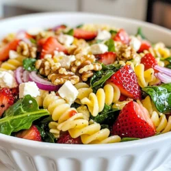 To make a tasty Strawberry Spinach Pasta Salad, you will need: - 8 oz whole wheat pasta (fusilli or bowtie) - 2 cups fresh spinach, washed and torn - 1 cup strawberries, hulled and sliced - 1/2 cup feta cheese, crumbled - 1/4 cup walnuts, chopped and toasted - 1/4 cup red onion, thinly sliced - 1/4 cup balsamic vinegar - 2 tablespoons olive oil - 1 tablespoon honey - Salt and pepper to taste You can change the taste of your salad by adding some optional ingredients. Here are some ideas: - Grilled chicken for protein - Avocado for creaminess - Dried cranberries for sweetness - Fresh herbs like basil or mint for extra flavor - Different nuts like pecans or almonds for crunch Each serving of this salad has great nutrition. Here’s a look at the key facts: - Calories: About 300 - Protein: 10g - Carbohydrates: 40g - Fat: 15g - Fiber: 6g This dish is not just tasty, but also healthy! Enjoy it as a light meal or a side dish. {{ingredient_image_1}} First, bring a large pot of salted water to a boil. Add 8 oz of whole wheat pasta, like fusilli or bowtie. Cook the pasta according to the package directions until it is al dente. This means it will be firm, but not hard. Once cooked, drain the pasta and rinse it under cold water. This stops the cooking process and cools the pasta down. Set it aside while you prepare the other parts of the salad. In a small bowl, mix the dressing ingredients. Start with 1/4 cup of balsamic vinegar. Next, add 2 tablespoons of olive oil and 1 tablespoon of honey. Season with salt and pepper to taste. Whisk these ingredients together until they blend well. This creates a tasty dressing that adds flavor to the salad. Set it aside for later. In a large mixing bowl, combine the cooked pasta with the other ingredients. Add 2 cups of fresh spinach that you have washed and torn into pieces. Then, add 1 cup of hulled and sliced strawberries. Next, sprinkle in 1/2 cup of crumbled feta cheese and 1/4 cup of toasted walnuts. Finally, add 1/4 cup of thinly sliced red onion. Pour the dressing over the salad and gently mix everything together. Make sure all the ingredients are well coated with the dressing. Taste and adjust the seasoning with more salt and pepper if needed. Once everything is combined, cover the salad with plastic wrap or a lid. Place it in the refrigerator for at least 30 minutes. Chilling the salad lets the flavors mix and become even better. You can serve it cold or at room temperature. Enjoy your fresh and flavorful strawberry spinach pasta salad! To make the best strawberry spinach pasta salad, use whole wheat pasta. It gives a nice nutty flavor. Cook the pasta until it's al dente. This keeps it firm and not mushy. Rinse the pasta under cold water to stop the cooking. This step helps it stay fresh. Make sure to toss in your fresh spinach right before serving. This keeps the leaves crisp and vibrant. If you have leftovers, store them in an airtight container. This keeps the pasta salad fresh. Place it in the fridge, and it will last for about three days. If you notice the dressing separates, just give it a good shake before serving. If the salad seems dry, add a little more dressing for flavor. To make your salad look beautiful, use a large bowl. Layer the ingredients for color. Start with the pasta, then spinach, and add strawberries on top. Sprinkle feta cheese and walnuts last. This gives a nice pop of color. You can also serve it in individual bowls for a fun touch. Garnish with extra strawberries or a sprig of fresh spinach for an elegant finish. Pro Tips Tip for Pasta Cooking: Be sure to salt the water generously before adding the pasta. This enhances the flavor of the pasta itself. Tip for Toasting Walnuts: Toast the walnuts in a dry skillet over medium heat for 3-5 minutes, stirring frequently, until fragrant. This brings out their natural oils and flavor. Tip for Dressing Emulsification: Whisk the dressing vigorously to ensure the oil and vinegar combine well, resulting in a creamy texture. Tip for Serving: For optimal flavor, let the salad chill for at least 30 minutes before serving to allow the ingredients to meld together. {{image_2}} You can easily change this salad to fit your needs. If you are gluten-free, swap the whole wheat pasta for gluten-free pasta. For dairy-free options, skip the feta cheese or use a plant-based cheese. If you have nut allergies, you can leave out the walnuts. Try sunflower seeds instead for a nice crunch. Always check the labels to ensure they meet your dietary needs. This salad shines with fresh fruit. In spring and summer, strawberries are perfect. In fall, add sliced apples or pears for a crunchy bite. In winter, try dried cranberries or pomegranate seeds to bring color. Mixing fruits keeps the salad fun and fresh all year. Feel free to get creative with your favorite seasonal fruits. If you want to switch up the cheese, try goat cheese or cheddar. These add different flavors. For nuts, almonds or pecans work well too. You can use any nuts you like, raw or toasted. Mixing cheeses and nuts gives you a chance to explore new tastes in your salad. Experiment with what you have on hand for a unique twist! To keep your Strawberry Spinach Pasta Salad fresh, store it in an airtight container. This helps prevent moisture loss and keeps flavors intact. Place the salad in the fridge right after serving. If you plan to eat it later, avoid adding the dressing until just before serving. Dressing can make the pasta soggy. When stored correctly, this salad lasts about 3 days in the fridge. After that, the ingredients may start to lose their crunch and flavor. If you notice any signs of spoilage, like a bad smell or discoloration, it’s best to toss it out. Always trust your senses! Freezing this salad is not recommended. The fresh ingredients, like spinach and strawberries, do not freeze well. They can become mushy when thawed. If you want to save some, try freezing the pasta only. Cooked pasta freezes better than fresh greens and fruit. When you're ready to enjoy, simply reheat the pasta and mix fresh ingredients again. Yes, you can use regular pasta. It will cook the same way. Whole wheat pasta adds more fiber and a nutty taste. Regular pasta is fine if you prefer it. Just boil it until it’s al dente. Many dressings work well. A honey mustard dressing adds a sweet kick. A lemon vinaigrette gives a fresh taste. You can also try a yogurt-based dressing for creaminess. Each option changes the flavor a bit, so feel free to explore! To make this salad vegan, skip the feta cheese. You can use avocado for creaminess. Another option is to add nutritional yeast for a cheesy flavor. Make sure your dressing is vegan too. Use maple syrup instead of honey for sweetness. This blog post shared how to make a fantastic pasta salad. We covered key ingredients, step-by-step instructions, and tasty variations. You discovered tips for storage and presentation, ensuring your dish shines. Remember, using fresh and diverse ingredients boosts flavor and nutrition. For the best results, follow the steps closely and feel free to experiment with flavors. Enjoy your delicious pasta salad, whether for a meal or a gathering!