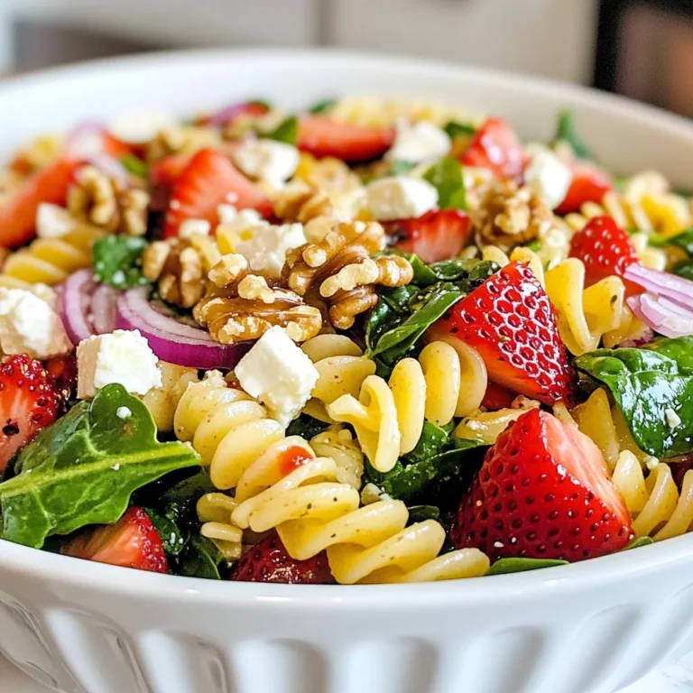 To make a tasty Strawberry Spinach Pasta Salad, you will need: - 8 oz whole wheat pasta (fusilli or bowtie) - 2 cups fresh spinach, washed and torn - 1 cup strawberries, hulled and sliced - 1/2 cup feta cheese, crumbled - 1/4 cup walnuts, chopped and toasted - 1/4 cup red onion, thinly sliced - 1/4 cup balsamic vinegar - 2 tablespoons olive oil - 1 tablespoon honey - Salt and pepper to taste You can change the taste of your salad by adding some optional ingredients. Here are some ideas: - Grilled chicken for protein - Avocado for creaminess - Dried cranberries for sweetness - Fresh herbs like basil or mint for extra flavor - Different nuts like pecans or almonds for crunch Each serving of this salad has great nutrition. Here’s a look at the key facts: - Calories: About 300 - Protein: 10g - Carbohydrates: 40g - Fat: 15g - Fiber: 6g This dish is not just tasty, but also healthy! Enjoy it as a light meal or a side dish. {{ingredient_image_1}} First, bring a large pot of salted water to a boil. Add 8 oz of whole wheat pasta, like fusilli or bowtie. Cook the pasta according to the package directions until it is al dente. This means it will be firm, but not hard. Once cooked, drain the pasta and rinse it under cold water. This stops the cooking process and cools the pasta down. Set it aside while you prepare the other parts of the salad. In a small bowl, mix the dressing ingredients. Start with 1/4 cup of balsamic vinegar. Next, add 2 tablespoons of olive oil and 1 tablespoon of honey. Season with salt and pepper to taste. Whisk these ingredients together until they blend well. This creates a tasty dressing that adds flavor to the salad. Set it aside for later. In a large mixing bowl, combine the cooked pasta with the other ingredients. Add 2 cups of fresh spinach that you have washed and torn into pieces. Then, add 1 cup of hulled and sliced strawberries. Next, sprinkle in 1/2 cup of crumbled feta cheese and 1/4 cup of toasted walnuts. Finally, add 1/4 cup of thinly sliced red onion. Pour the dressing over the salad and gently mix everything together. Make sure all the ingredients are well coated with the dressing. Taste and adjust the seasoning with more salt and pepper if needed. Once everything is combined, cover the salad with plastic wrap or a lid. Place it in the refrigerator for at least 30 minutes. Chilling the salad lets the flavors mix and become even better. You can serve it cold or at room temperature. Enjoy your fresh and flavorful strawberry spinach pasta salad! To make the best strawberry spinach pasta salad, use whole wheat pasta. It gives a nice nutty flavor. Cook the pasta until it's al dente. This keeps it firm and not mushy. Rinse the pasta under cold water to stop the cooking. This step helps it stay fresh. Make sure to toss in your fresh spinach right before serving. This keeps the leaves crisp and vibrant. If you have leftovers, store them in an airtight container. This keeps the pasta salad fresh. Place it in the fridge, and it will last for about three days. If you notice the dressing separates, just give it a good shake before serving. If the salad seems dry, add a little more dressing for flavor. To make your salad look beautiful, use a large bowl. Layer the ingredients for color. Start with the pasta, then spinach, and add strawberries on top. Sprinkle feta cheese and walnuts last. This gives a nice pop of color. You can also serve it in individual bowls for a fun touch. Garnish with extra strawberries or a sprig of fresh spinach for an elegant finish. Pro Tips Tip for Pasta Cooking: Be sure to salt the water generously before adding the pasta. This enhances the flavor of the pasta itself. Tip for Toasting Walnuts: Toast the walnuts in a dry skillet over medium heat for 3-5 minutes, stirring frequently, until fragrant. This brings out their natural oils and flavor. Tip for Dressing Emulsification: Whisk the dressing vigorously to ensure the oil and vinegar combine well, resulting in a creamy texture. Tip for Serving: For optimal flavor, let the salad chill for at least 30 minutes before serving to allow the ingredients to meld together. {{image_2}} You can easily change this salad to fit your needs. If you are gluten-free, swap the whole wheat pasta for gluten-free pasta. For dairy-free options, skip the feta cheese or use a plant-based cheese. If you have nut allergies, you can leave out the walnuts. Try sunflower seeds instead for a nice crunch. Always check the labels to ensure they meet your dietary needs. This salad shines with fresh fruit. In spring and summer, strawberries are perfect. In fall, add sliced apples or pears for a crunchy bite. In winter, try dried cranberries or pomegranate seeds to bring color. Mixing fruits keeps the salad fun and fresh all year. Feel free to get creative with your favorite seasonal fruits. If you want to switch up the cheese, try goat cheese or cheddar. These add different flavors. For nuts, almonds or pecans work well too. You can use any nuts you like, raw or toasted. Mixing cheeses and nuts gives you a chance to explore new tastes in your salad. Experiment with what you have on hand for a unique twist! To keep your Strawberry Spinach Pasta Salad fresh, store it in an airtight container. This helps prevent moisture loss and keeps flavors intact. Place the salad in the fridge right after serving. If you plan to eat it later, avoid adding the dressing until just before serving. Dressing can make the pasta soggy. When stored correctly, this salad lasts about 3 days in the fridge. After that, the ingredients may start to lose their crunch and flavor. If you notice any signs of spoilage, like a bad smell or discoloration, it’s best to toss it out. Always trust your senses! Freezing this salad is not recommended. The fresh ingredients, like spinach and strawberries, do not freeze well. They can become mushy when thawed. If you want to save some, try freezing the pasta only. Cooked pasta freezes better than fresh greens and fruit. When you're ready to enjoy, simply reheat the pasta and mix fresh ingredients again. Yes, you can use regular pasta. It will cook the same way. Whole wheat pasta adds more fiber and a nutty taste. Regular pasta is fine if you prefer it. Just boil it until it’s al dente. Many dressings work well. A honey mustard dressing adds a sweet kick. A lemon vinaigrette gives a fresh taste. You can also try a yogurt-based dressing for creaminess. Each option changes the flavor a bit, so feel free to explore! To make this salad vegan, skip the feta cheese. You can use avocado for creaminess. Another option is to add nutritional yeast for a cheesy flavor. Make sure your dressing is vegan too. Use maple syrup instead of honey for sweetness. This blog post shared how to make a fantastic pasta salad. We covered key ingredients, step-by-step instructions, and tasty variations. You discovered tips for storage and presentation, ensuring your dish shines. Remember, using fresh and diverse ingredients boosts flavor and nutrition. For the best results, follow the steps closely and feel free to experiment with flavors. Enjoy your delicious pasta salad, whether for a meal or a gathering!