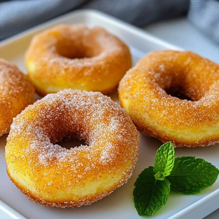 To make these tasty Air Fryer Cinnamon Sugar Donuts, you need the following: - 1 cup all-purpose flour - 1/4 cup granulated sugar - 2 teaspoons baking powder - 1/2 teaspoon salt - 1/2 teaspoon ground cinnamon - 1/4 cup milk - 1/4 cup plain Greek yogurt - 1 large egg - 2 tablespoons melted butter - 1/2 cup granulated sugar (for coating) - 2 teaspoons ground cinnamon (for coating) You can swap some ingredients if needed. Here are some ideas: - Use whole wheat flour instead of all-purpose flour for a healthier option. - For a dairy-free version, replace milk and yogurt with almond milk and coconut yogurt. - Applesauce can replace the egg for a vegan version. - You can use coconut oil in place of melted butter for a different flavor. Choosing the right brands can enhance your donuts: - Flour: King Arthur Flour is a reliable choice for quality. - Sugar: Domino Sugar is a trusted brand for granulated sugar. - Greek Yogurt: Fage offers a rich and creamy yogurt. - Baking Powder: Rumford Baking Powder is known for its freshness. - Cinnamon: McCormick Ground Cinnamon has great flavor and aroma. These ingredients help make the donuts soft and tasty. Enjoy the process of creating this sweet treat! {{ingredient_image_1}} First, grab a mixing bowl. Add 1 cup of all-purpose flour. Next, add 1/4 cup of granulated sugar. Then, mix in 2 teaspoons of baking powder. Sprinkle in 1/2 teaspoon of salt and 1/2 teaspoon of ground cinnamon. Use a whisk to blend all these dry ingredients well. This mix is key to your donut's flavor and texture. In another bowl, pour in 1/4 cup of milk. Add 1/4 cup of plain Greek yogurt and crack in 1 large egg. Finally, add 2 tablespoons of melted butter. Stir these wet ingredients until they are smooth. This mix will keep your donuts moist and fluffy. Now, combine the wet and dry mixes. Stir gently until just combined; do not overmix. Lightly grease your donut mold with cooking spray. Fill each cavity halfway with batter. Preheat your air fryer to 320°F (160°C). Once hot, place the mold inside, leaving space for air to flow. Air fry for 6 to 8 minutes. Check doneness with a toothpick; it should come out clean. After frying, cool the donuts for 5 minutes. Meanwhile, mix 1/2 cup of sugar with 2 teaspoons of cinnamon in a shallow bowl. While warm, coat each donut in this mix. Place them on a rack to cool completely and enjoy! Overmixing can ruin your donuts. When you mix the wet and dry ingredients, do it gently. Stir until you see no dry flour. It's okay if there are some lumps. They will disappear as the donuts cook. Overmixing leads to tough donuts, and we want them soft and fluffy. To get the best texture, use the right flour. All-purpose flour works great for these donuts. Make sure to measure it correctly. Too much flour can make your donuts dense. Also, check your air fryer temperature. It should be set to 320°F (160°C). This helps the donuts cook evenly, giving them a nice golden color. If your donuts are too dry, you may have added too much flour. Next time, try measuring again. If they come out soggy, they may need more time in the air fryer. Keep an eye on them during cooking. If they don't rise well, ensure your baking powder is fresh. Old baking powder can lead to flat donuts. Always check the expiration date before use. Pro Tips Use Fresh Ingredients: Ensure that your baking powder and spices are fresh for the best rise and flavor in your donuts. Don't Overmix: Stir the wet and dry ingredients together just until combined to keep your donuts light and fluffy. Check for Doneness: Use a toothpick to test the center of the donuts; they should come out clean when fully cooked. Coat While Warm: Dip your donuts in the cinnamon sugar mixture while they are still warm for better adhesion of the coating. {{image_2}} You can add a fun twist to your donuts by making chocolate-dipped versions. To make chocolate-dipped air fryer donuts, start with the basic cinnamon sugar donut recipe. Once they cool, melt some chocolate chips in a bowl. Dip the top of each donut into the melted chocolate. Let the excess drip off before placing them on a rack. For an extra touch, sprinkle some crushed nuts or colorful sprinkles on top while the chocolate is still warm. This will give your donuts a rich taste and a fun look. If you love fall flavors, try pumpkin spice air fryer donuts. Replace half of the flour with pumpkin puree. Add one teaspoon of pumpkin spice blend to the dry ingredients. Follow the same steps as the original recipe. The pumpkin gives the donuts a moist texture and a warm, cozy flavor. Dust them with cinnamon sugar after they cool for a sweet finish. These donuts are perfect for autumn gatherings or a cozy morning treat. For a classic glazed version, you can easily modify the recipe. Instead of rolling the donuts in cinnamon sugar, make a simple glaze. Mix one cup of powdered sugar with two tablespoons of milk in a bowl. Once the donuts cool, dip them into the glaze. Allow the glaze to set for a few minutes. You can also add a splash of vanilla extract or lemon juice to the glaze for extra flavor. These glazed donuts are sweet and delightful, making them a big hit at any brunch. To keep your leftover donuts fresh, store them in an airtight container. This helps keep them soft. Place a paper towel at the bottom of the container to absorb any moisture. You can also add another paper towel on top of the donuts for extra protection. Store them at room temperature for up to three days. When you want to enjoy your donuts again, the air fryer works best for reheating. Preheat your air fryer to 320°F (160°C). Place the donuts inside for about 2 to 3 minutes. This keeps them warm and gives them a nice crisp again. You can also use a microwave, but this may make them a bit soft. Heat them for 10 to 15 seconds only. If you want to save donuts for later, freezing is a great option. Let the donuts cool completely first. Then, wrap each donut in plastic wrap. Place the wrapped donuts in a freezer-safe bag or container. They can stay in the freezer for up to 2 months. When you want one, just take it out and let it thaw at room temperature. Reheat as needed for the best taste. Yes, you can use self-rising flour. Just skip the baking powder and salt. Self-rising flour already has these added. This change will give you a good donut. However, the texture might differ slightly. You may want to test a small batch first to see if you like the results. Cleaning your air fryer is easy. Start by unplugging it and letting it cool. Remove the basket and tray. Wash them with warm, soapy water. You can use a sponge for tough spots. Rinse and dry them well. Wipe the inside of the air fryer with a damp cloth. This keeps it fresh for your next treat. The best air fryer for making donuts is one that has good temperature control. Look for a model with a basket style. It allows for better air circulation. Some popular brands include Philips, Cosori, and Ninja. These brands have great reviews and feature reliable performance. Choose one that fits your kitchen needs and budget. This blog covered every detail for making air fryer donuts. You learned about key ingredients, substitutions, and trusted brands. We walked through precise steps for mixing and air frying. Tips helped you avoid common mistakes and achieve perfect texture. You discovered fun variations like chocolate-dipped and pumpkin spice. Plus, storage methods keep your treats fresh. With this guide, you’re set for tasty homemade donuts anytime. Enjoy your cooking adventure!