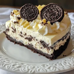 - 24 Oreo cookies, crushed - 4 tablespoons unsalted butter, melted - 16 oz cream cheese, softened - 1 cup heavy whipping cream - 1 cup powdered sugar - 1 teaspoon vanilla extract - Extra Oreo cookies for garnish For this No Bake Oreo Cheesecake, I keep things simple and delightful. The main ingredients work together to create a creamy and rich dessert. First up, Oreo cookies are the star. You will crush them to form the crust and add a great flavor to the filling. Next, we need cream cheese. It gives the cheesecake its smooth and creamy texture. Make sure the cream cheese is soft. This helps it blend well. Heavy whipping cream is another key ingredient. When whipped, it adds lightness and fluffiness to the cheesecake. This makes every bite feel heavenly. Finally, unsalted butter helps bind the crushed Oreos for the crust. It makes the crust hold its shape while still being tasty. Now, let’s talk about the additional ingredients. We have powdered sugar, which sweetens the filling perfectly. Vanilla extract adds a nice touch of flavor. And don’t forget the extra Oreo cookies! They are for garnish. You can use them to add a fun look to your cheesecake. These ingredients come together to create a dessert that everyone will love. You can make this cheesecake for any occasion, and it will impress. {{ingredient_image_1}} To start, I combine the crushed Oreos with melted butter in a bowl. I make sure the crumbs get fully coated with butter. This mix gives our crust a rich flavor. Next, I press the Oreo mixture firmly into the bottom of a 9-inch springform pan. Using my hands or a flat bottomed cup helps shape it evenly. After that, I refrigerate the crust for at least 10 minutes. This step helps it set. Next, I make the filling. I beat the softened cream cheese in a large mixing bowl until it's smooth. This takes about 2-3 minutes. Then, I slowly add powdered sugar and vanilla extract. I keep mixing until it's fully combined and creamy. The last step for the filling is whipping the heavy cream in another bowl. I whip it until soft peaks form. Finally, I fold the whipped cream into the cream cheese mix gently. This keeps the filling light and airy. Now it's time to assemble the cheesecake! I fold in the chopped Oreos, making sure they spread evenly in the mixture. Then, I pour the filling over the chilled crust. I smooth it out with a spatula for an even top. To finish, I cover the pan with plastic wrap and refrigerate it for at least 4 hours. For the best results, I often let it chill overnight. This helps the cheesecake set perfectly. To create a smooth and creamy no-bake cheesecake, start with softened cream cheese. Softened cream cheese blends better. It helps avoid lumps and gives a silky texture. Leave it out at room temperature for 30 minutes before mixing. This step makes a big difference. Whipping heavy cream is also key. Use a clean bowl and beaters for the best results. Whip until soft peaks form. This means the cream holds a shape but is not too stiff. Gently fold the whipped cream into the cream cheese mixture. Overmixing can ruin the lightness of your cheesecake. One common mistake is overwhipping the cream. When you whip too long, the cream can turn grainy. You want it soft and airy. Stop when you see soft peaks. Setting the crust properly is another important step. If you don’t refrigerate the crust long enough, it won’t hold together well. Press the crust firmly into the pan, then chill it for at least 10 minutes. This helps the butter firm up and keeps everything in place. Garnishes can make your cheesecake look extra special. Try adding whole Oreo cookies on top. You could also sprinkle crushed Oreos for a nice touch. Fresh berries or a drizzle of chocolate sauce can add color and flavor. If you want to mix things up, try different cookies in your recipe. Using chocolate wafers instead of Oreos can give a new twist. You can also try different flavored Oreos for a fun change. Each variation brings a unique taste to your cheesecake, making it even more delightful. Pro Tips Crust Consistency: Ensure the crushed Oreo and butter mixture is well-combined for a sturdy crust that holds its shape. Chill Time: For the best texture, refrigerate the cheesecake overnight; this allows the flavors to meld beautifully. Whipping Cream Technique: Whip the heavy cream to soft peaks before folding to maintain a light and airy cheesecake filling. Garnishing Ideas: Get creative with your toppings! Consider adding chocolate shavings or whipped cream along with the Oreos for extra flair. {{image_2}} You can change the cookies in your cheesecake for fun twists. First, try using chocolate wafers instead of Oreos. They create a rich, deep flavor in the crust. If you want to mix it up, combine different flavored Oreos, like mint or peanut butter. This adds a new taste to your cheesecake that is sure to surprise your friends. The filling is where you can get creative! Adding chocolate chips to the mix gives a nice texture and extra sweetness. You can also use other cream cheese flavors, like strawberry or vanilla bean. These flavors can make your cheesecake unique and fun to share. Just remember to keep the balance right, so the cheesecake stays creamy and smooth. How you serve your cheesecake can make it even better. Pair it with fruit toppings like strawberries or raspberries. The fresh fruit adds color and a burst of flavor. You can also serve it with chocolate or caramel sauce. Drizzling sauce on top makes it look fancy and taste even more delicious. To keep your No Bake Oreo Cheesecake fresh, refrigerate it. This dessert stays delicious in the fridge for up to 5 days. If you want to store it longer, freezing is an option. Wrap the cheesecake tightly in plastic wrap and foil before freezing. It can last for about 2 months in the freezer. However, keep in mind that the texture may change slightly after thawing. When serving leftovers, let the cheesecake sit out for about 10 to 15 minutes. This helps bring out the flavors. You can serve it cold, but slightly warmer is often better. For a fun touch, garnish with extra Oreo cookies. Crushed Oreos on top add a nice crunch. You can also drizzle chocolate or caramel sauce for extra flavor. A no bake cheesecake needs to chill for at least 4 hours. For the best results, chill it overnight. This allows the filling to firm up. It also helps the flavors blend together nicely. If you are in a hurry, 4 hours will work, but longer is better. You can use low-fat cream cheese, but it will change the taste and texture. Low-fat versions can make the cheesecake less creamy. The flavor may also be less rich and delicious. So, if you want a smooth and full taste, stick with regular cream cheese. Look for a few signs to know if your cheesecake is ready. First, gently shake the pan. If the middle jiggles slightly but the edges are firm, it is set. You can also touch the surface; it should feel cool and not sticky. When you cut into it, it should hold its shape well. Making a no bake Oreo cheesecake is simple and fun. You’ve learned about the main and extra ingredients, plus how to create the perfect crust and filling. Following the tips helps avoid common mistakes. Remember, you can get creative with flavors and toppings, too. This cheesecake is a great treat for any occasion. Enjoy its rich taste and smooth texture. With these steps, you can impress your friends and family. Your no bake Oreo cheesecake will be a hit!