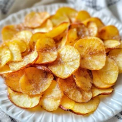 - 2 large apples (variety options: Fuji or Honeycrisp) - 1 teaspoon ground cinnamon - 1 tablespoon sugar (or coconut sugar) - Pinch of salt - ½ teaspoon vanilla extract - Air fryer - Mandoline or sharp knife - Mixing bowl I love using Fuji or Honeycrisp apples for this recipe. They are crisp and sweet. The combination of cinnamon and sugar makes the flavor even better. You can add a pinch of salt to enhance the taste. If you want a touch of sweetness, add vanilla extract. It works great in this recipe. For equipment, you need an air fryer. A mandoline or sharp knife will help you slice the apples thinly. A mixing bowl is great for tossing everything together. With these simple ingredients and tools, you can create a snack that is both fun and tasty! {{ingredient_image_1}} Start by washing the apples well. I prefer using Fuji or Honeycrisp for their sweetness. Next, slice the apples thinly, about 1/8 inch thick. A mandoline can help achieve this. Don’t forget to remove the seeds and cores from each slice. This step ensures a better texture and taste. In a small bowl, combine 1 teaspoon of ground cinnamon, 1 tablespoon of sugar, and a pinch of salt. This mix brings out the natural sweetness of the apples. If you want to add depth, incorporate ½ teaspoon of vanilla extract. This step is optional but can enhance the flavor. Place the sliced apples in a large mixing bowl. Pour the cinnamon-sugar mixture over the slices. Toss them well to ensure each slice gets an even coating. This makes every bite flavorful and delicious. Before cooking, preheat your air fryer to 300°F (150°C) for about 3-5 minutes. Lay the apple slices in a single layer inside the air fryer basket. Avoid overlapping them. Cook for 15-20 minutes, flipping the slices halfway. They should become crispy and lightly browned. Keep an eye on them, as cooking times can vary. Once your apple chips are done, remove them from the air fryer. Place them on a wire rack to cool. This step is vital, as it allows the chips to crisp up even more. Be patient; they will get crispier as they cool down. Enjoy your homemade apple chips! To get your apple chips just right, slice the apples uniformly thin. Aim for about 1/8 inch thick. This helps them cook evenly. If the slices are too thick, they won’t crisp well. Next, avoid overcrowding the air fryer basket. Lay the slices in a single layer. This ensures each chip gets the hot air flow it needs to become crispy. Don’t be afraid to mix it up! Try adding a dash of nutmeg or ginger for a warm twist. Both spices pair well with apples and add depth. You can also use different apple varieties. Fuji apples are sweet, while Granny Smith offers a tart flavor. Each type gives your chips a unique taste. For a delightful snack, pair your apple chips with yogurt. The creamy texture contrasts nicely with the crispness. You can also drizzle honey over the chips for added sweetness. Present the chips in rustic bowls or on a stylish platter. This makes them look even more inviting and perfect for sharing! Pro Tips Choose the Right Apples: For the best flavor and texture, select crisp, sweet apple varieties like Fuji or Honeycrisp. They will yield the most delicious chips. Uniform Slicing is Key: Use a mandoline for even thickness in your apple slices. This ensures that they cook uniformly and become crispy. Don’t Overcrowd the Air Fryer: Arrange the apple slices in a single layer with space between them. Overcrowding can prevent proper air circulation and crisping. Storage Tips: Store cooled apple chips in an airtight container at room temperature. They will stay fresh and crispy for up to a week. {{image_2}} You can switch up the sweetener in this recipe. Maple syrup or agave nectar adds a unique touch. Both are natural and delicious options. If you want a classic taste, try honey. It brings a sweet, rich flavor that pairs well with apples. Don't be afraid to get creative with spices! For a little heat, add curry powder or chili powder. These spices give a spicy kick that surprises the taste buds. You can also add crushed nuts to the apple slices. They add a tasty crunch and more texture to your chips. While apples shine in this recipe, you can try other fruits too. Banana chips are a fun alternative; they become sweet and chewy. Pear chips work well also, offering a juicy flavor. You can even explore dehydrated fruits like mangoes or pineapples in the air fryer. Each fruit brings its own twist to your crunchy snack. To keep your air fryer cinnamon apple chips fresh, store them in an airtight container. This will help prevent moisture from getting in. If you stack the chips, use parchment paper between layers. This stops them from sticking together. These tasty chips can last up to one week at room temperature. If you want them to stay fresh even longer, place them in the refrigerator. This will help keep their flavor and crunch for a few more days. You can also freeze apple chips for later use. Lay them out in a single layer on a baking sheet. Once frozen, move them to a freezer bag. Be sure to remove excess air from the bag. This will help prevent freezer burn and keep them tasty. You can make air fryer cinnamon apple chips without sugar by using sugar substitutes or omitting sugar entirely. Stevia or monk fruit are great options. You can still enjoy the cinnamon flavor without the extra sweetness. Yes, you can use any type of apples for this recipe. However, firmer varieties like Fuji or Honeycrisp work better for crispiness. Softer apples may not hold up as well during cooking. The best serving temperature for apple chips is room temperature. This allows the flavors to shine and gives a nice crunch. You can enjoy them right after they cool down. You will know the apple chips are done when they are crispy and lightly browned. Keep an eye on them towards the end of the cooking time. Thin slices will cook faster, so adjust as needed. Yes, you can reheat apple chips. Simply place them back in the air fryer for a few minutes. This will help regain their crispiness. Enjoy them warm for a delightful snack! Making air fryer cinnamon apple chips is simple and fun. You start with fresh apples, mix in some tasty spices, and let the air fryer do its magic. Remember to keep your slices thin and avoid crowding the basket for the best crunch. Feel free to experiment with flavors and serve them in creative ways. With the right storage, these chips can last up to a week. Enjoy your healthy snack, and get creative with different fruits and seasonings!
