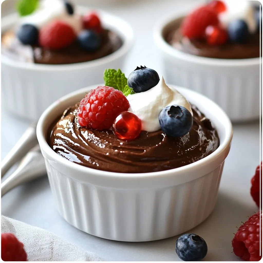 For the Vegan Chocolate Avocado Mousse, you need: - 2 ripe avocados, peeled and pitted - 1/2 cup unsweetened cocoa powder - 1/4 cup maple syrup (adjust for sweetness) - 1/4 cup almond milk (or any plant-based milk) - 1 teaspoon vanilla extract - A pinch of sea salt - Optional toppings: fresh berries, coconut whipped cream, or chopped nuts You can easily swap some ingredients for this mousse. If you don’t have maple syrup, try agave or date syrup. You can use any plant-based milk in place of almond milk, like oat or soy milk. For a nut-free option, choose coconut milk. If you want a different flavor, use carob powder instead of cocoa powder. Using fresh, high-quality ingredients is key. Ripe avocados make your mousse creamy and rich. They also add healthy fats. Good cocoa powder enhances the chocolate flavor. Quality maple syrup adds the right sweetness. When you use fresh toppings like berries or nuts, they bring color and taste. Always choose the best ingredients you can find. They make a real difference in your dessert. {{ingredient_image_1}} First, gather your ingredients. You need two ripe avocados, cocoa powder, maple syrup, almond milk, vanilla extract, and a pinch of sea salt. Start by peeling and pitting the avocados. This step is quick, but make sure the avocados are ripe. Ripe avocados give the mousse its creamy texture. Next, place the avocados in a food processor. Add the cocoa powder, maple syrup, almond milk, vanilla extract, and sea salt. You now have everything ready for blending. This mix will create a rich, chocolatey flavor. Now, blend the ingredients on high speed. You want a smooth and creamy texture. If the mix is too thick, add a bit more almond milk. Scrape down the sides of the bowl while blending. This ensures all ingredients are mixed well. Blend until no lumps remain. Taste the mousse before finishing. If you want it sweeter, add more maple syrup. Blend again to mix in the syrup. This taste test is key. You can adjust to your liking. Once blended, spoon the mousse into small cups or ramekins. Then, cover them with plastic wrap. Refrigerate for at least 30 minutes. This cooling time helps the mousse firm up. When ready to serve, remove the mousse from the fridge. You can add toppings like fresh berries, coconut whipped cream, or chopped nuts. Each topping adds a fun twist to the dish. Enjoy your delicious vegan chocolate avocado mousse! To get the best mousse, start with ripe avocados. They should feel soft when you press them gently. If they are too hard, the mousse will not be smooth. When you blend, mix until the mousse is creamy and there are no lumps. If it feels thick, add a splash of almond milk. Blend again until it reaches the perfect creamy texture. Everyone has different tastes. After blending, taste your mousse. If it’s not sweet enough, add more maple syrup. Blend again to mix it well. Remember, you want just the right touch of sweetness. You can adjust as needed, so feel free to experiment! One common mistake is not using ripe avocados. They need to be soft for the best results. Another mistake is adding too much cocoa powder. This can make the mousse bitter. Start with the right amount and adjust if needed. Lastly, don’t skip the refrigeration time. It helps the mousse firm up and enhances the flavors. Pro Tips Choose Ripe Avocados: Ensure your avocados are perfectly ripe for a creamy texture and rich flavor. They should give slightly when pressed. Adjust Sweetness: Taste the mousse before chilling and adjust the sweetness by adding more maple syrup if desired. Everyone’s taste varies! Experiment with Flavors: Try adding a pinch of cinnamon or a splash of espresso for an extra flavor boost that complements the chocolate. Chill for Best Texture: Refrigerate the mousse for at least 30 minutes to allow it to firm up, enhancing the overall taste and texture. {{image_2}} You can change the taste of your mousse easily. Adding coffee gives a rich flavor. Just mix in one tablespoon of instant coffee granules. If you love mint, use mint extract instead. Start with 1/4 teaspoon and add more if you want. These flavors enhance the chocolate and give a fresh twist. Maple syrup is great, but you can use other sweeteners too. Agave nectar works well if you want a lighter taste. For a low-calorie option, try stevia or monk fruit sweetener. Just remember to adjust the amount, as these sweeteners can be sweeter than maple syrup. Taste as you go for the best results. Make your mousse look fancy with simple toppings. Fresh berries add color and flavor. Use strawberries, raspberries, or blueberries. Coconut whipped cream on top gives a nice touch and creaminess. Chopped nuts, like almonds or walnuts, add crunch. Serve in small cups or jars for a cute look. You can even layer the mousse with toppings for a fun dessert. To keep your vegan chocolate avocado mousse fresh, store it in the fridge. Use airtight containers to prevent air from spoiling its creamy texture. Cover each container tightly with plastic wrap or a lid. This method helps maintain the mousse's rich flavor and prevents it from absorbing other odors in the fridge. You can freeze this mousse if you want to save it for later. Scoop the mousse into freezer-safe containers or ice cube trays. Leave some space at the top, as the mousse will expand when frozen. When you want to enjoy it, thaw the mousse in the fridge overnight. The texture may change slightly, but it will still taste delicious. The vegan chocolate avocado mousse lasts about three to four days in the fridge. Make sure to check for any signs of spoilage before eating. If you see any changes in color or smell, it's best to throw it away. If frozen, it can last up to three months, making it a great treat for later! Yes, you can make the mousse ahead of time. It stores well in the fridge for up to three days. Just cover it tightly with plastic wrap or a lid. This way, it stays fresh and creamy. When you’re ready to serve, add your favorite toppings. If you need a substitute for maple syrup, try agave nectar or date syrup. Both options provide sweetness without changing the mousse's texture. You can also use coconut sugar mixed with a little warm water. Adjust the amount to fit your taste. Absolutely! This mousse is a great treat for kids. It contains healthy fats from avocados and is dairy-free. Plus, it’s rich and sweet, making it a fun dessert. You can involve kids in the process, too. They will love blending and topping their own mousse. This blog post explored the key ingredients for vegan chocolate avocado mousse and how to use them. We discussed ingredient substitutions and highlighted the importance of quality. You learned step-by-step instructions, blending tips, and serving ideas. Our tips helped you avoid common mistakes and achieve the perfect texture. Variations and storage methods offered even more options. Now, you're ready to create a creamy treat that satisfies your sweet tooth! Enjoy experimenting with flavors and impressing friends and family.
