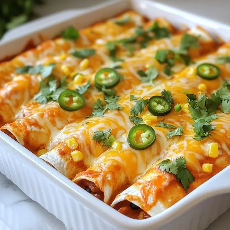 - 2 cups shredded cooked chicken - 1 cup shredded cheese (cheddar or Mexican blend) - 1 cup enchilada sauce - 8 small flour tortillas - 1 can black beans, rinsed and drained - 1/2 cup corn (fresh, frozen, or canned) - 1/2 teaspoon cumin - 1/2 teaspoon paprika - 1/4 teaspoon garlic powder - Salt and pepper to taste - Sliced jalapeños (optional, for garnish) - Fresh cilantro, chopped (optional, for garnish) - Sour cream (optional, for serving) When planning your quick chicken enchiladas, start with the main ingredients. The shredded cooked chicken gives a hearty base. You can use leftover chicken or a store-bought rotisserie chicken. Cheese adds creaminess and flavor. I love using a Mexican blend for extra zest, but cheddar works great too. Next, grab your flour tortillas. They hold everything together. For added texture, include black beans and corn. These ingredients boost nutrition and flavor. Mix in spices like cumin, paprika, and garlic powder. They bring warmth and depth to the dish. Don't forget to season with salt and pepper. Finally, consider toppings. Sliced jalapeños add heat, while chopped cilantro brings freshness. A dollop of sour cream cools the spice and adds creaminess. With these ingredients, you can create quick and tasty enchiladas your family will love! {{ingredient_image_1}} First, I preheat the oven to 375°F. This helps cook the enchiladas evenly. In a large bowl, I combine 2 cups of shredded cooked chicken, 1 can of rinsed black beans, and 1/2 cup of corn. I also add 1/2 teaspoon of cumin, 1/2 teaspoon of paprika, and 1/4 teaspoon of garlic powder. I season with salt and pepper to taste. Next, I mix in half of the enchilada sauce. This makes a tasty filling. Now, I take 8 small flour tortillas. I place about 1/3 cup of the chicken mixture in the center of each tortilla. Then, I sprinkle some shredded cheese on top. I roll the tortillas tightly and place them seam-side down in a lightly greased baking dish. This keeps the filling inside as they bake. Next, I cover the rolled enchiladas with the remaining enchilada sauce. I make sure they are well-sauced, then I sprinkle the rest of the shredded cheese on top. I bake them in the preheated oven for 20-25 minutes. I check to see if the cheese is melted and bubbly. After baking, I take them out of the oven. Let them cool for a few minutes before serving. How to cook chicken quickly To save time, use rotisserie chicken. Just shred the meat and mix it in. If you want to cook chicken at home, use thin chicken breasts. Cook them in boiling water for about 15 minutes. This makes the meat tender and easy to shred. Using store-bought ingredients for faster preparation Store-bought enchilada sauce makes life easy. You can also grab pre-shredded cheese. These small changes cut down on prep time. They let you enjoy your meal faster. Suggestions for spices and herbs Add a pinch of chili powder for heat. A dash of oregano brightens the flavor. Fresh herbs like cilantro also add a nice touch. Mix and match to find your favorite flavor combo. Choosing the right cheese Cheddar cheese provides a nice sharpness. A Mexican blend gives a creamier taste. You can even mix both for a unique flavor. Choose what you love most! Recommended baking dish and utensils Use a 9x13-inch baking dish. It holds all the enchiladas well. A spatula helps you lift them out easily. Also, have a large mixing bowl ready for combining the filling. These tools make cooking smooth and fun. Pro Tips Choose the Right Tortillas: For a softer enchilada, use flour tortillas. Corn tortillas can add a wonderful flavor but may require a little more handling to prevent tearing. Customize Your Filling: Feel free to add other ingredients like bell peppers, onions, or even different proteins such as beef or beans to make this recipe your own! Make Ahead: These enchiladas can be assembled ahead of time and stored in the refrigerator. Just add the sauce and cheese before baking for a quick meal. Garnish for Flavor: Don’t skip the garnishes! Fresh cilantro and sliced jalapeños add a burst of flavor and color to your dish. {{image_2}} You can change the protein in these enchiladas. Instead of chicken, use beef or turkey. Ground turkey makes a lean option. For a vegetarian twist, swap chicken for black beans or lentils. You can also add more veggies, like bell peppers or zucchini. This keeps the dish fresh and exciting. Try different enchilada sauces for new flavors. Red sauce is a classic, but green sauce can be tasty too. You might even use salsa for a spicy kick. For toppings, think outside the box. Add sliced avocados or diced tomatoes. Fresh lime juice and chopped green onions can brighten the meal. These simple touches can change the whole dish. Pair these enchiladas with side dishes for a full meal. A simple green salad works well. You might also enjoy them with Mexican rice or refried beans. Consider serving them with a side of corn salsa for extra flavor. Enjoying these enchiladas with friends or family makes the meal even better. To keep your enchiladas fresh, store them in an airtight container. Place them in the fridge within two hours after cooking. They will stay good for up to three days. For long-term storage, you can freeze them. Wrap each enchilada tightly in plastic wrap or foil. Place them in a freezer-safe bag. They can last up to three months in the freezer. You can reheat enchiladas in the oven or microwave. The oven keeps them crispy. Preheat it to 350°F (175°C) and bake for about 15-20 minutes. If you're in a hurry, use the microwave. Heat them for about 2-3 minutes, but they may lose some texture. To keep flavor, add a splash of water when microwaving. Cover them with a damp paper towel to trap steam. Enchiladas are safe to eat for three days in the fridge. If frozen, they can last up to three months. Always check for any off smells or changes in texture before eating. If unsure, it's best to throw them out. No, using raw chicken is not safe here. Cooked chicken makes the dish quick and easy. If you use raw chicken, you need to cook it first. This adds time to your meal. For best results, use shredded cooked chicken. You can buy it pre-cooked or make it at home. Simply boil or roast the chicken until fully cooked. Shredding it is fast and gives great flavor. Making enchilada sauce is simple and fun. Here’s a quick way to do it: - Ingredients: - 2 tablespoons olive oil - 2 tablespoons flour - 2 cups chicken or vegetable broth - 2 tablespoons chili powder - 1 teaspoon cumin - Salt to taste 1. Heat the olive oil in a pan. 2. Whisk in the flour and cook for 1 minute. 3. Slowly add the broth while stirring. 4. Add chili powder, cumin, and salt. 5. Simmer until thickened. This sauce is fresh and tasty. You can adjust the spices to fit your taste. Yes, enchiladas can be gluten-free! Just swap the flour tortillas for corn tortillas. Corn tortillas are naturally gluten-free. They add a nice flavor too. Always check the package to be sure. If you have a gluten allergy, this swap is great. You can still enjoy delicious enchiladas without worry. This blog post covers everything you need for tasty enchiladas. We explored main and additional ingredients, along with seasonings and toppings that add flavor. I shared step-by-step baking instructions to guide you. The tips and tricks section offered shortcuts to save time and ways to enhance taste. There are also variations to fit your taste preferences and storage tips for leftovers. Making enchiladas is fun and rewarding. Now, you can enjoy a delicious meal anytime!