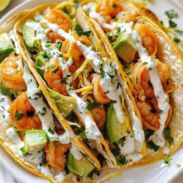 - 1 pound shrimp, peeled and deveined - 2 tablespoons olive oil - 1 teaspoon smoked paprika - 1 teaspoon cayenne pepper - 1 teaspoon garlic powder - 1 teaspoon cumin - Salt and pepper to taste - 8 small corn tortillas - 1 cup shredded cabbage - 1 avocado, sliced - Fresh cilantro, for garnish The heart of these tacos is the shrimp. Use fresh shrimp for the best taste. The olive oil helps the spices stick while cooking. The spices, especially smoked paprika and cayenne, add warmth and depth. You can adjust these spices based on your heat preference. The corn tortillas are soft and bring everything together nicely. - ½ cup sour cream - 2 tablespoons mayonnaise - Zest and juice of 1 lime - Salt to taste Lime crema is the creamy, zesty topping for your tacos. Sour cream gives it a nice base, while mayonnaise adds smoothness. The lime zest and juice brighten the flavor, making it fresh. A pinch of salt helps bring out all these flavors. You can add more lime juice if you like it tangy. Make sure to gather all these ingredients before you start cooking. They work together to create a bold flavor dish that makes every bite a delight! {{ingredient_image_1}} Seasoning the Shrimp Start with one pound of shrimp. Make sure they are peeled and deveined. In a large bowl, mix the shrimp with two tablespoons of olive oil. Add one teaspoon of smoked paprika, cayenne pepper, garlic powder, and cumin. Sprinkle in salt and pepper to taste. Toss well so the shrimp are coated with the spices. Cooking the Shrimp Heat a large skillet over medium-high heat. Once hot, add the seasoned shrimp. Cook for about three to four minutes. Stir occasionally until the shrimp turn opaque and are fully cooked. They should look pink and firm. Mixing Ingredients In a small bowl, whisk together half a cup of sour cream and two tablespoons of mayonnaise. Add the zest and juice of one lime. Mix well until smooth. Adjusting Seasoning Taste the lime crema and add salt if needed. If you want more tang, add a bit more lime juice. Set the crema aside while you prepare the tacos. Warming the Tortillas Take eight small corn tortillas. Warm them in a dry skillet for about thirty seconds on each side. This helps them become pliable. Layering Ingredients Start with a layer of shredded cabbage on each tortilla. Add a few shrimp on top. Place slices of avocado next. Drizzle with lime crema and top with fresh cilantro. Enjoy right away for the best flavors! To cook juicy shrimp, get the heat right. Use medium-high heat for a quick cook. This way, the shrimp cooks fast and stays tender. Cook for just 3-4 minutes. Look for shrimp that turns opaque. It tells you they are done. Overcooking makes shrimp tough. If you want more heat, add more cayenne pepper. Start with a little and taste the shrimp. You can also use hot sauce if you prefer. Adjust spices based on your taste. Just remember, spicy is great but you want to enjoy it. For a lighter lime crema, swap the mayonnaise for Greek yogurt. It gives a nice tang and cuts down on fat. You can also use avocado instead of mayo. Both options keep the flavor rich and creamy. To change the flavor, add fresh herbs like cilantro or dill. You can mix in garlic powder or even a pinch of chili powder. This makes the crema unique and adds depth. Adjust salt to your liking. Warm your tortillas before filling them. Heat them in a dry skillet for about 30 seconds on each side. This makes them soft and easy to fold. You can also wrap them in a clean towel and heat them in the microwave. When you layer your tacos, start with shredded cabbage. It gives a nice crunch. Add the shrimp next, then top with avocado slices. Drizzle the lime crema on top and finish with fresh cilantro. This makes your tacos look great and taste even better! Pro Tips Freshness Matters: Always use fresh shrimp for the best flavor and texture. If using frozen shrimp, ensure they are fully thawed and patted dry before seasoning. Adjust the Heat: Modify the amount of cayenne pepper to suit your spice preference. You can also add sliced jalapeños for an extra kick. Tortilla Technique: Warming the tortillas helps prevent them from tearing. Alternatively, wrap them in a damp paper towel and microwave for 20-30 seconds. Garnish Wisely: Fresh cilantro adds a burst of flavor, but if you’re not a fan, consider using diced green onions or a sprinkle of feta cheese as an alternative garnish. {{image_2}} You can switch shrimp for other seafood like fish and chicken. Fish such as tilapia or cod works well. Simply season them the same way as shrimp. Cook on high heat until they flake easily. Chicken is another great choice. Use boneless, skinless chicken breasts. Cut them into small pieces and season well. Cook them just like you did with the shrimp. This gives you tasty tacos with different textures and flavors. If you want a meatless taco, try using plant-based proteins. Tofu is a fantastic option. Firm tofu soaks up flavor well. Press it to remove excess water, then cube it. Season and cook it just like shrimp. You can also use jackfruit, which mimics the texture of meat. Prepare it by shredding and seasoning. It absorbs flavors great and adds a fun twist to your tacos. To change the flavor profile, add fruits or different sauces. Fresh mango or pineapple can add sweetness. Dice them up and toss them on top of the shrimp. Try a spicy salsa or a zesty jalapeño sauce for heat. You can also use chipotle sauce for a smoky taste. This allows you to customize your tacos, keeping them exciting with each meal. To keep shrimp and tacos fresh, store them separately. Place leftover shrimp in an airtight container. This helps prevent them from getting soggy. You can keep the shrimp in the fridge for up to two days. For tacos, wrap the tortillas in foil or plastic wrap. Store them in the fridge to maintain their texture. If you have any lime crema left, store it in a small container as well. To reheat shrimp, use a skillet over low heat. This method warms the shrimp without overcooking them. Heat for about two to three minutes, stirring gently. You can also use a microwave, but be careful. Heat in short bursts, checking often to avoid drying them out. For tortillas, warm them in a dry skillet for a few seconds on each side. This keeps them pliable and tasty. For lime crema, store it in an airtight container in the fridge. It can last about three days. When you are ready to use it, give it a stir. If it thickens, add a splash of water or lime juice to loosen it. You can also use lime crema as a dip or drizzle on other dishes. It adds a nice touch to many meals! To make these tacos gluten-free, use corn tortillas. They are naturally gluten-free. Avoid flour tortillas, as they contain gluten. Check labels on all sauces and spices to ensure they are gluten-free too. This way, you can enjoy the dish without worry. Yes, you can make lime crema ahead of time. Mix the sour cream, mayonnaise, lime zest, lime juice, and salt. Store it in the fridge in a sealed container. It stays fresh for up to three days. Just give it a quick stir before serving. If you don’t have shrimp, try using chicken or firm tofu. For chicken, use bite-sized pieces and cook them the same way as shrimp. If using tofu, press it to remove water, then season and cook until golden. Both options will still taste great. To adjust the spice level, change the cayenne pepper amount. For less heat, cut it in half. If you want more heat, add extra cayenne or try a hot sauce. Taste as you go to find your perfect level of spice. In this article, we covered how to make delicious spicy shrimp tacos with lime crema. You learned about key ingredients, from shrimp to seasonings and tortillas. I shared step-by-step instructions for preparing and cooking shrimp, making lime crema, and assembling tasty tacos. Tips helped you perfect your dish and explore variations for different tastes. Remember, fresh shrimp matters. Your tacos will shine with these simple steps. Enjoy them with friends or family!