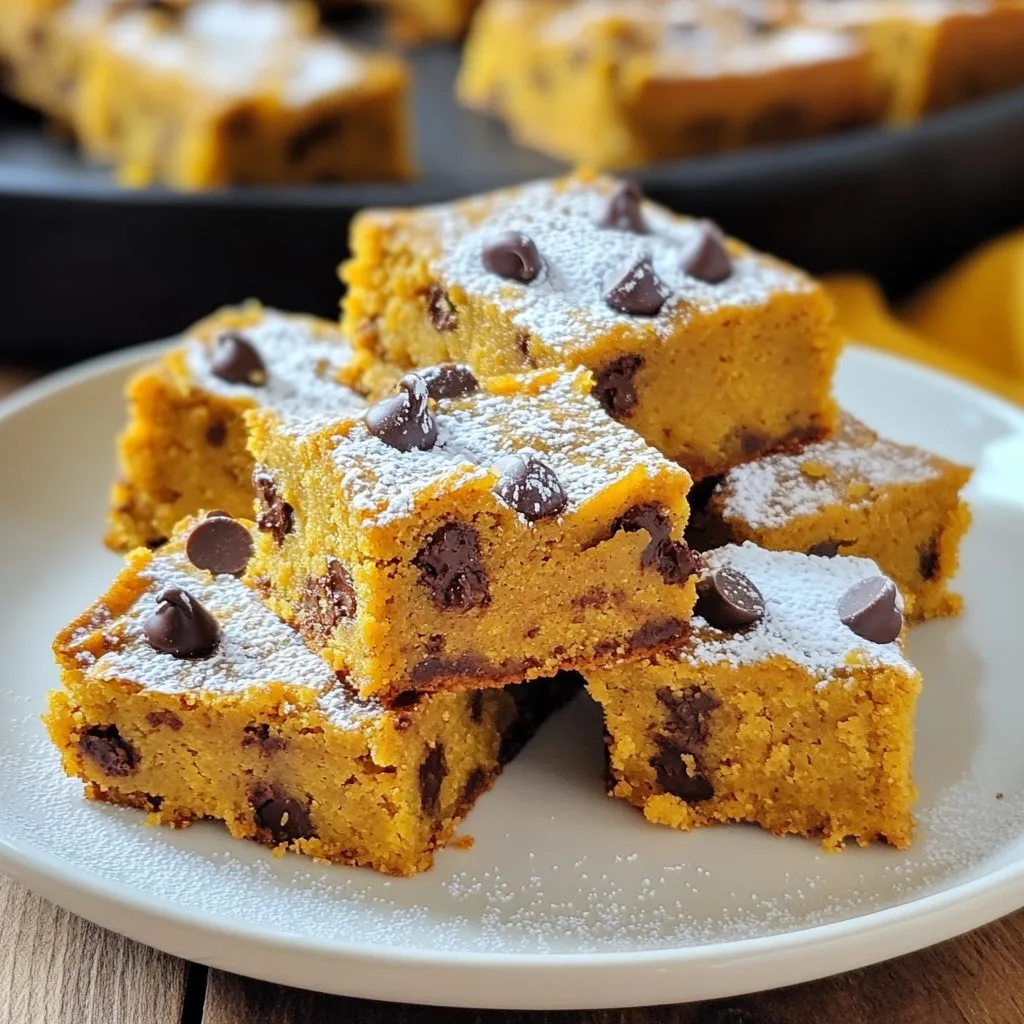 - 1 cup canned pumpkin puree - 1 cup brown sugar - 1/2 cup granulated sugar - 1/2 cup unsalted butter, melted - 2 large eggs - 1 teaspoon vanilla extract - 2 cups all-purpose flour - 1 teaspoon baking powder - 1/2 teaspoon baking soda - 1 teaspoon pumpkin pie spice - 1/2 teaspoon salt - 1 cup chocolate chips You can switch out some ingredients for different diets or tastes. - Alternative sweeteners: Use maple syrup or honey instead of brown sugar. - Dairy-free options: Swap unsalted butter for coconut oil or vegan butter. - Gluten-free flour alternatives: Use almond flour or a gluten-free blend for the all-purpose flour. These changes keep the flavor but make your blondies fit your needs. Enjoy mixing and matching! {{ingredient_image_1}} First, set your oven to 350°F (175°C). This temperature works best for baking. While it heats, grab a 9x13 inch baking pan. You can grease it with some butter or line it with parchment paper. Lining makes for easy removal later. In a large bowl, add the canned pumpkin puree, brown sugar, and granulated sugar. Pour in the melted butter. Mix everything until it becomes smooth and creamy. Next, crack in two large eggs and add one teaspoon of vanilla extract. Whisk until all the wet ingredients are fully combined. In another bowl, take two cups of all-purpose flour. Add one teaspoon of baking powder, half a teaspoon of baking soda, one teaspoon of pumpkin pie spice, and half a teaspoon of salt. Whisk these dry ingredients together until they are well blended. This step helps to evenly distribute the baking ingredients. Now, it’s time to combine the wet and dry mixtures. Gradually fold the dry mixture into the wet mixture using a spatula. Be gentle to avoid overmixing. When you see no more dry flour, stop mixing. Next, fold in one cup of chocolate chips. Ensure they are spread evenly throughout the batter. Pour the batter into your prepared baking pan. Spread it out evenly with a spatula. Place the pan in the oven and bake for 25-30 minutes. To check if they are done, insert a toothpick into the center. It should come out clean or with a few moist crumbs. Once baked, let the blondies cool in the pan for about 10 minutes. After that, transfer them to a wire rack to cool completely. Once cool, cut them into squares. Enjoy your delicious pumpkin chocolate chip blondies! To ensure even baking, use a light-colored baking pan. Dark pans can cause the edges to cook too fast. Rotate the pan halfway through baking. This helps the heat circulate evenly. Avoiding dryness is key. Do not overmix the batter. Fold the dry mix into the wet mix gently until just combined. Overmixing can lead to tough blondies. Also, check for doneness a few minutes early. A toothpick should come out with a few moist crumbs, not clean. For best accompaniments, serve the blondies warm. Dust them with powdered sugar for a sweet touch. Adding a scoop of vanilla ice cream on the side makes it extra special. A drizzle of chocolate sauce can also enhance the dessert. To enhance presentation, cut the blondies into neat squares. Arrange them on a platter. You can add some fresh mint leaves on top for color. Get creative with your serving style! You can add nuts like walnuts or pecans for a crunchy bite. Dried fruits, such as cranberries, can add a nice tang. Adjusting spice levels is easy too. If you like more warmth, add extra pumpkin pie spice or a pinch of nutmeg. This makes each batch unique! Pro Tips Use Fresh Pumpkin: If you have the option, try roasting and pureeing a fresh pumpkin instead of using canned. It enhances the flavor and adds a homemade touch! Storing Leftovers: Once cooled, store any leftover blondies in an airtight container at room temperature for up to 3 days or refrigerate for up to a week. Custom Add-ins: Feel free to mix in nuts, dried cranberries, or white chocolate chips for a unique twist on the classic recipe! Check for Doneness: Ovens can vary in temperature, so start checking your blondies a few minutes before the suggested baking time to avoid overbaking. {{image_2}} You can add cranberries to your blondies for a festive touch. They provide a pop of color and a sweet-tart flavor. Simply fold in one cup of dried cranberries with the chocolate chips. This extra ingredient makes your blondies perfect for any fall gathering. Incorporating spices can enhance the fall flavors. Besides pumpkin pie spice, try adding cinnamon or nutmeg. These spices deepen the warm taste of pumpkin. Just a half teaspoon can make a big difference. Lowering sugar content is easy. You can reduce the brown sugar by half a cup. This change makes the blondies less sweet but still tasty. You can also use natural sweeteners like maple syrup. Just adjust the liquid content to keep the batter right. Utilizing healthier fat options can also help. Instead of unsalted butter, try coconut oil. It adds a light coconut flavor and is a great alternative. You can also use applesauce for a lower fat version. This keeps your blondies moist and adds a natural sweetness. Different types of chocolate can create unique flavors. Semi-sweet chocolate chips are popular, but dark chocolate adds richness. White chocolate offers a sweet contrast to pumpkin. Mix and match to find your favorite combination. Adding a pinch of sea salt on top can elevate the flavors. The salt enhances the sweetness and makes every bite special. Just sprinkle a tiny amount right before baking. This simple step turns your blondies into a gourmet treat. To keep your pumpkin chocolate chip blondies fresh, store them in an airtight container. This helps prevent them from drying out. You can keep them at room temperature for a few days. If you live in a warm place, the fridge is better. The cold air helps keep them soft and tasty. To freeze the blondies, first, let them cool completely. Then, cut them into squares. Wrap each piece in plastic wrap or foil. Place the wrapped blondies in a freezer-safe bag. They can stay fresh in the freezer for up to three months. When ready to eat, take them out and thaw at room temperature. You can also warm them in the microwave for a quick treat. When stored properly, these blondies last about a week at room temperature. If in the fridge, they can last up to two weeks. Just remember to check for any signs of spoilage. If they look or smell off, it’s best to toss them. Enjoy your delicious blondies while they are fresh! Yes, you can make these blondies ahead of time. Here are some tips: - Bake and cool the blondies completely. - Cut them into squares. - Store in an airtight container at room temperature for up to three days. - For longer storage, freeze the squares. Place parchment paper between layers to avoid sticking. If you don't have pumpkin puree, try these options: - Use mashed bananas for a fruity twist. - Applesauce gives moisture and sweetness. - Sweet potato puree offers a similar texture and flavor. Check for these signs: - The edges should look firm and slightly golden. - A toothpick inserted in the center should come out clean or with a few moist crumbs. - The top should not jiggle when shaken gently. Yes, you can use whole wheat flour. Here’s what to know: - The blondies may turn out denser and heartier. - You might want to reduce the flour by a little. - Mixing half whole wheat and half all-purpose flour can balance taste and texture. To amp up the chocolate flavor, consider these ideas: - Add more chocolate chips, up to 1 and 1/2 cups. - Use dark chocolate chips for a richer taste. - Swirl in melted chocolate before baking for a marbled effect. In this article, we explored how to make delicious pumpkin chocolate chip blondies. We covered the key ingredients, easy step-by-step instructions, and helpful tips for perfect results. You can customize your blondies with different flavors and ingredients. Don’t forget to store them well for lasting freshness. With these insights, you can bake tasty treats that impress everyone. Enjoy your baking adventure and create your version of this delightful dessert!