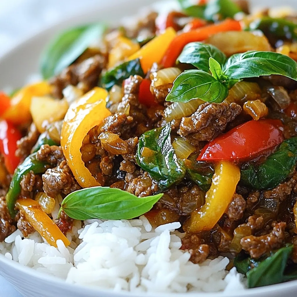 To make Spicy Thai Basil Beef, gather these fresh and tasty ingredients: - 1 lb (450g) ground beef - 2 cups fresh Thai basil leaves - 3 cloves garlic, minced - 2-3 red Thai chilies, chopped (adjust for spice preference) - 1 tablespoon vegetable oil - 2 tablespoons soy sauce - 1 tablespoon fish sauce - 1 tablespoon oyster sauce - 1 tablespoon sugar - 1/2 cup bell peppers, sliced (any color) - 1/2 cup onion, sliced - Cooked jasmine rice, for serving Each ingredient plays a key role. The ground beef gives a hearty base. Fresh Thai basil adds a fragrant finish. Garlic and Thai chilies bring bold flavors. The sauces give depth and a touch of sweetness. Bell peppers and onions add color and crunch. Serving this dish with jasmine rice makes it complete. Enjoy the balance of flavors and textures! {{ingredient_image_1}} - Heating the Oil Start by heating 1 tablespoon of vegetable oil in a large skillet or wok. Use medium-high heat for best results. - Sautéing Garlic and Chilies Next, add 3 cloves of minced garlic and 2-3 chopped Thai chilies to the hot oil. Sauté them for about 30 seconds. This step fills your kitchen with a lovely aroma. - Browning the Ground Beef Now, increase the heat to high and add 1 pound of ground beef. Stir well to break it apart. Cook until the beef is browned and the liquid has evaporated, about 5-7 minutes. - Adding Vegetables Stir in 1/2 cup of sliced onions and 1/2 cup of sliced bell peppers. Cook for another 2-3 minutes, until the veggies start to soften. - Mixing the Sauce In a small bowl, mix together 2 tablespoons of soy sauce, 1 tablespoon of fish sauce, 1 tablespoon of oyster sauce, and 1 tablespoon of sugar. Pour this sauce over the beef and veggies, stirring to coat everything well. - Incorporating Thai Basil Finally, add 2 cups of fresh Thai basil leaves. Toss everything together for about 1 minute, until the basil wilts. This adds a fresh flavor to your dish. Serve your Spicy Thai Basil Beef hot over a bed of jasmine rice. Enjoy! - Perfecting the Spice Level Adjust the spice by changing the number of Thai chilies. Start with one for a mild taste. Add more for a spicier kick. Always taste as you go. This way, you can find your perfect heat. - Choosing the Right Ground Beef Use ground beef with 80% lean meat. This provides the best flavor and texture. Leaner beef can dry out too much. If you prefer, you can try ground turkey or chicken for a lighter option. - Ensuring Freshness of Ingredients Fresh Thai basil is key for flavor. Look for vibrant, green leaves without browning. Store your basil in water, like a bouquet, to keep it fresh longer. Fresh garlic and chilies also enhance your dish. - Pairing with Jasmine Rice Serve your spicy Thai basil beef over fluffy jasmine rice. The rice balances the spice and adds a nice texture. It also helps soak up all the tasty sauce. You can use brown rice for a healthier twist. - Garnishing Ideas Add sliced cucumbers or lime wedges to your plate. They offer a refreshing crunch. You can also sprinkle chopped peanuts or cilantro for added flavor. These toppings make your dish look even more appealing. Pro Tips Fresh Basil is Key: Always use fresh Thai basil for an authentic flavor. Dried basil will not deliver the same aromatic qualities. Adjust the Heat: Depending on your spice tolerance, adjust the number of Thai chilies. Remove the seeds for a milder dish. High Heat Cooking: Cooking on high heat ensures that the beef browns quickly, giving it a nice texture and flavor without steaming. Serve Immediately: This dish is best enjoyed fresh. The basil wilts quickly, so serve it right after cooking for optimal taste. {{image_2}} You can change the protein in this dish for variety. Try chicken for a lighter option. Pork adds a nice richness, too. If you want a plant-based meal, use tofu instead of beef. It soaks up flavors well. You can also swap out the vegetables. Add snap peas or carrots for crunch. Broccoli works, giving a nice bite and color. Experiment with what you like. Each choice gives a new twist to the dish. To make a milder version, use less Thai chilies. You can start with just one or leave them out. Instead, add a dash of sweet chili sauce for flavor without heat. For extra spice, try adding more chilies or using chili flakes. You can also toss in some sriracha or chili paste. Just remember to taste as you go. Balance is key! To keep your Spicy Thai Basil Beef fresh, cool it quickly. After cooking, let it sit for no more than two hours at room temperature. This helps avoid bacteria growth. Divide the beef into smaller portions for faster cooling. Use airtight containers to store leftovers. Glass or plastic containers work great. Make sure the lid seals tight. Label the containers with the date. This way, you know when to eat them. To reheat, the best method is on the stove. Warm it in a skillet over low heat. Stir it often to heat it evenly. This usually takes about 5-7 minutes. You can also use a microwave. Place it in a microwave-safe bowl. Heat on medium for 2-3 minutes. Stir halfway through to avoid cold spots. Enjoy your leftovers! Spicy Thai Basil Beef is a quick and tasty dish. It uses ground beef, fresh Thai basil, and spicy chilies. You cook it in a hot skillet with garlic, onions, and bell peppers. This dish packs a punch with bold flavors from sauces like soy and fish sauce. It’s simple, fast, and perfect for a weeknight dinner. Yes, you can make this dish ahead. Cook the beef and vegetables, then store them in the fridge. When ready to eat, reheat it on the stove. Add fresh basil right before serving for the best flavor. This way, you keep the dish fresh and vibrant. To serve more people, simply double the ingredients. Use 2 pounds of beef and increase the sauces. Make sure to use a larger skillet or wok to cook everything evenly. You can also add more vegetables for extra flavor and nutrition. Spicy Thai Basil Beef pairs well with jasmine rice. The rice helps balance the spice. You can also serve it with a side of fresh salad or steamed veggies. For a fun twist, try it in a lettuce wrap for a crunchy bite. This blog post guides you through making Spicy Thai Basil Beef. You learned about the key ingredients, from ground beef to fresh Thai basil. You saw step-by-step cooking instructions that make the process easy. We shared helpful tips on spice levels and ingredient choices. You also discovered variations to fit your taste. In closing, I hope you feel ready to try this dish. Cooking can be fun and rewarding. Enjoy your meal!