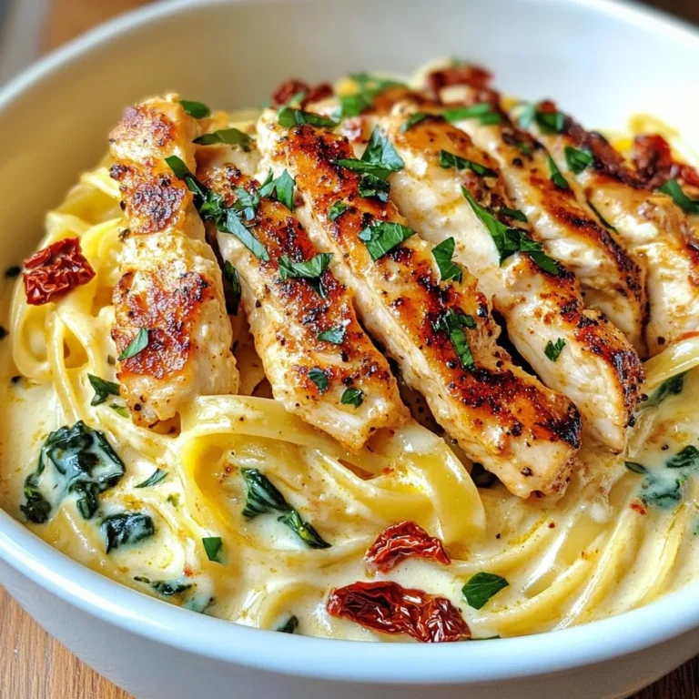 To make Cajun Chicken Alfredo Pasta, you need these key ingredients: - 2 boneless, skinless chicken breasts - 2 tablespoons Cajun seasoning - 1 tablespoon olive oil - 8 oz fettuccine pasta - 1 cup heavy cream - 1 cup grated Parmesan cheese - 2 cloves garlic, minced - 1/2 cup sun-dried tomatoes, chopped - 1 cup baby spinach - Salt and pepper to taste - Fresh parsley, chopped for garnish These ingredients create a rich and creamy dish that bursts with flavor. You will need some basic tools to prepare this meal: - Large skillet - Large pot - Strainer - Cooking spoon - Knife - Cutting board These tools help you cook efficiently and safely. If you need to swap some items, here are some options: - Chicken breasts can be replaced with chicken thighs for more flavor. - Cajun seasoning can be substituted with Creole seasoning for a different taste. - Heavy cream can be replaced with half-and-half or coconut cream for a lighter option. - Fettuccine pasta can be swapped with penne or linguine based on your preference. These substitutions keep the dish tasty while catering to your needs. {{ingredient_image_1}} Start by seasoning your chicken. Rub both chicken breasts with Cajun seasoning. Make sure they are coated well. Heat olive oil in a large skillet over medium heat. Once hot, add the chicken. Cook for about 6 to 7 minutes on each side. You want the chicken to be nice and golden. Check that it is cooked through. Remove it from the skillet and let it rest. After resting, slice the chicken into strips. While the chicken is cooking, bring a large pot of salted water to a boil. Add the fettuccine to the boiling water. Cook it according to the package instructions until it is al dente. Al dente means it should have a slight bite to it. Once cooked, drain the pasta and set it aside. Make sure not to rinse it, as you want the starch to help the sauce stick. Use the same skillet from the chicken to make the Alfredo sauce. Add minced garlic to the skillet and sauté for about 30 seconds. You want the garlic to be fragrant, not burnt. Next, pour in the heavy cream and bring it to a gentle simmer. Stir in grated Parmesan cheese until it melts and becomes smooth. Add the remaining Cajun seasoning, sun-dried tomatoes, and baby spinach. Mix well until the spinach wilts. Once the sauce is ready, add the cooked pasta to the skillet. Toss everything together to coat the pasta in that creamy sauce. Finally, add the sliced chicken and mix well. Heat everything through. Season with salt and pepper to taste. To cook chicken well, start with fresh, boneless breasts. Rub them with Cajun seasoning. This mix adds a great kick. Heat olive oil in a skillet over medium heat. Cook the chicken for about 6-7 minutes on each side. Make sure the chicken is no longer pink inside. Let it rest before slicing. This keeps it juicy and tender. For a rich Alfredo sauce, use heavy cream. It gives the sauce a smooth texture. Sauté minced garlic until fragrant before adding cream. This step brings out the garlic's flavor. Stir in grated Parmesan cheese until it melts. For extra flavor, add more Cajun seasoning. Sun-dried tomatoes and baby spinach also boost taste and color. Serve Cajun chicken Alfredo pasta in deep bowls. This makes it look nice and keeps the sauce in. Top with more grated Parmesan for a cheesy finish. Adding chopped parsley gives a pop of green. Drizzle a little olive oil around the edges. This adds a fancy touch and extra flavor. Pro Tips Marinate for More Flavor: For a deeper flavor, marinate the chicken in the Cajun seasoning and olive oil for at least 30 minutes before cooking. Use Fresh Ingredients: Fresh garlic and spinach can elevate the dish's flavor and texture, making it more vibrant and delicious. Adjust Spice Level: If you prefer a milder dish, reduce the amount of Cajun seasoning or choose a mild blend. Perfect Pasta Cooking: To ensure your pasta is perfectly al dente, follow the package instructions closely and taste test a minute before the recommended time. {{image_2}} You can make Cajun Chicken Alfredo Pasta even better by adding vegetables. I love to toss in baby spinach, as it adds color and nutrients. You can also use bell peppers, zucchini, or mushrooms. Just sauté them for a few minutes before adding the Alfredo sauce. This way, they stay crisp and fresh. Want to change the protein? You can use shrimp, sausage, or even tofu. Shrimp cooks quickly and adds nice flavor. If you prefer sausage, choose Andouille for a spicy kick. For a vegetarian option, tofu works well when marinated in Cajun spices. Cook it until golden for the best texture. You can adjust the spice level to suit your taste. If you love heat, add extra Cajun seasoning or a pinch of cayenne pepper. For a mild version, reduce the seasoning to just a sprinkle. This way, you can enjoy the rich flavors of the Alfredo sauce without too much spice. After you finish your Cajun chicken Alfredo pasta, let it cool down first. Then, put it in an airtight container. This helps keep it fresh. You can store it in the fridge for up to three days. Just make sure to seal it well to keep out air. When you want to enjoy your leftovers, you can reheat them easily. Use a microwave-safe dish. Add a splash of water or cream to keep it moist. Cover the dish with a lid or a damp paper towel. Heat it in the microwave for one to two minutes. Stir halfway through to ensure even heating. If you prefer stovetop, use a pan on low heat. Stir often until it's hot. Freezing is a great way to save Cajun chicken Alfredo pasta for later. Let the dish cool completely before freezing. Use a freezer-safe container or zip-top bag. Remove as much air as you can. You can freeze it for up to three months. When you’re ready to eat, thaw it in the fridge overnight. Then, reheat it as mentioned earlier. This way, you can enjoy a quick, tasty meal anytime! You can use half-and-half for a lighter option. Cream cheese also works well. For a dairy-free version, try coconut cream or cashew cream. These options will change the taste a bit, but they can still create a creamy sauce. Just whisk them in slowly to reach the right thickness. This dish will stay fresh in your fridge for about three to four days. Make sure to store it in a tight container. If you want to keep it longer, you can freeze it. Just remember that the pasta may change texture after freezing. Yes, you can easily add more heat! Use extra Cajun seasoning or add crushed red pepper flakes. For a real kick, try using andouille sausage instead of chicken. You can also serve it with hot sauce on the side for those who love spice. In this article, we explored the key ingredients and tools needed to make Cajun Chicken Alfredo Pasta. I shared step-by-step instructions for preparing the chicken, cooking the pasta, and making the sauce. Tips included how to enhance flavor and serve the dish beautifully. We also discussed variations, storage options, and answered common questions. By following these tips, you can easily create a tasty meal your family will love. Enjoy cooking!