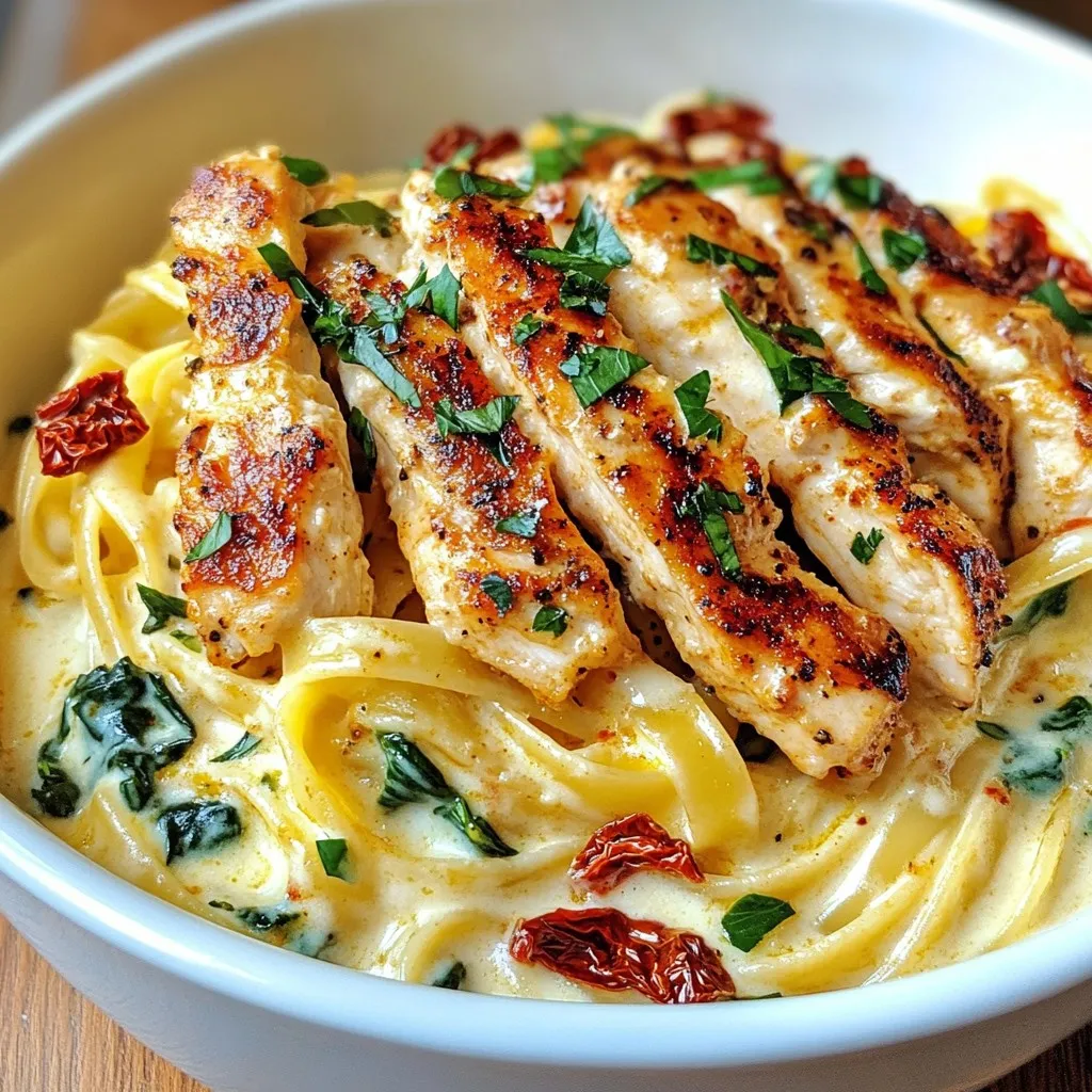 To make Cajun Chicken Alfredo Pasta, you need these key ingredients: - 2 boneless, skinless chicken breasts - 2 tablespoons Cajun seasoning - 1 tablespoon olive oil - 8 oz fettuccine pasta - 1 cup heavy cream - 1 cup grated Parmesan cheese - 2 cloves garlic, minced - 1/2 cup sun-dried tomatoes, chopped - 1 cup baby spinach - Salt and pepper to taste - Fresh parsley, chopped for garnish These ingredients create a rich and creamy dish that bursts with flavor. You will need some basic tools to prepare this meal: - Large skillet - Large pot - Strainer - Cooking spoon - Knife - Cutting board These tools help you cook efficiently and safely. If you need to swap some items, here are some options: - Chicken breasts can be replaced with chicken thighs for more flavor. - Cajun seasoning can be substituted with Creole seasoning for a different taste. - Heavy cream can be replaced with half-and-half or coconut cream for a lighter option. - Fettuccine pasta can be swapped with penne or linguine based on your preference. These substitutions keep the dish tasty while catering to your needs. {{ingredient_image_1}} Start by seasoning your chicken. Rub both chicken breasts with Cajun seasoning. Make sure they are coated well. Heat olive oil in a large skillet over medium heat. Once hot, add the chicken. Cook for about 6 to 7 minutes on each side. You want the chicken to be nice and golden. Check that it is cooked through. Remove it from the skillet and let it rest. After resting, slice the chicken into strips. While the chicken is cooking, bring a large pot of salted water to a boil. Add the fettuccine to the boiling water. Cook it according to the package instructions until it is al dente. Al dente means it should have a slight bite to it. Once cooked, drain the pasta and set it aside. Make sure not to rinse it, as you want the starch to help the sauce stick. Use the same skillet from the chicken to make the Alfredo sauce. Add minced garlic to the skillet and sauté for about 30 seconds. You want the garlic to be fragrant, not burnt. Next, pour in the heavy cream and bring it to a gentle simmer. Stir in grated Parmesan cheese until it melts and becomes smooth. Add the remaining Cajun seasoning, sun-dried tomatoes, and baby spinach. Mix well until the spinach wilts. Once the sauce is ready, add the cooked pasta to the skillet. Toss everything together to coat the pasta in that creamy sauce. Finally, add the sliced chicken and mix well. Heat everything through. Season with salt and pepper to taste. To cook chicken well, start with fresh, boneless breasts. Rub them with Cajun seasoning. This mix adds a great kick. Heat olive oil in a skillet over medium heat. Cook the chicken for about 6-7 minutes on each side. Make sure the chicken is no longer pink inside. Let it rest before slicing. This keeps it juicy and tender. For a rich Alfredo sauce, use heavy cream. It gives the sauce a smooth texture. Sauté minced garlic until fragrant before adding cream. This step brings out the garlic's flavor. Stir in grated Parmesan cheese until it melts. For extra flavor, add more Cajun seasoning. Sun-dried tomatoes and baby spinach also boost taste and color. Serve Cajun chicken Alfredo pasta in deep bowls. This makes it look nice and keeps the sauce in. Top with more grated Parmesan for a cheesy finish. Adding chopped parsley gives a pop of green. Drizzle a little olive oil around the edges. This adds a fancy touch and extra flavor. Pro Tips Marinate for More Flavor: For a deeper flavor, marinate the chicken in the Cajun seasoning and olive oil for at least 30 minutes before cooking. Use Fresh Ingredients: Fresh garlic and spinach can elevate the dish's flavor and texture, making it more vibrant and delicious. Adjust Spice Level: If you prefer a milder dish, reduce the amount of Cajun seasoning or choose a mild blend. Perfect Pasta Cooking: To ensure your pasta is perfectly al dente, follow the package instructions closely and taste test a minute before the recommended time. {{image_2}} You can make Cajun Chicken Alfredo Pasta even better by adding vegetables. I love to toss in baby spinach, as it adds color and nutrients. You can also use bell peppers, zucchini, or mushrooms. Just sauté them for a few minutes before adding the Alfredo sauce. This way, they stay crisp and fresh. Want to change the protein? You can use shrimp, sausage, or even tofu. Shrimp cooks quickly and adds nice flavor. If you prefer sausage, choose Andouille for a spicy kick. For a vegetarian option, tofu works well when marinated in Cajun spices. Cook it until golden for the best texture. You can adjust the spice level to suit your taste. If you love heat, add extra Cajun seasoning or a pinch of cayenne pepper. For a mild version, reduce the seasoning to just a sprinkle. This way, you can enjoy the rich flavors of the Alfredo sauce without too much spice. After you finish your Cajun chicken Alfredo pasta, let it cool down first. Then, put it in an airtight container. This helps keep it fresh. You can store it in the fridge for up to three days. Just make sure to seal it well to keep out air. When you want to enjoy your leftovers, you can reheat them easily. Use a microwave-safe dish. Add a splash of water or cream to keep it moist. Cover the dish with a lid or a damp paper towel. Heat it in the microwave for one to two minutes. Stir halfway through to ensure even heating. If you prefer stovetop, use a pan on low heat. Stir often until it's hot. Freezing is a great way to save Cajun chicken Alfredo pasta for later. Let the dish cool completely before freezing. Use a freezer-safe container or zip-top bag. Remove as much air as you can. You can freeze it for up to three months. When you’re ready to eat, thaw it in the fridge overnight. Then, reheat it as mentioned earlier. This way, you can enjoy a quick, tasty meal anytime! You can use half-and-half for a lighter option. Cream cheese also works well. For a dairy-free version, try coconut cream or cashew cream. These options will change the taste a bit, but they can still create a creamy sauce. Just whisk them in slowly to reach the right thickness. This dish will stay fresh in your fridge for about three to four days. Make sure to store it in a tight container. If you want to keep it longer, you can freeze it. Just remember that the pasta may change texture after freezing. Yes, you can easily add more heat! Use extra Cajun seasoning or add crushed red pepper flakes. For a real kick, try using andouille sausage instead of chicken. You can also serve it with hot sauce on the side for those who love spice. In this article, we explored the key ingredients and tools needed to make Cajun Chicken Alfredo Pasta. I shared step-by-step instructions for preparing the chicken, cooking the pasta, and making the sauce. Tips included how to enhance flavor and serve the dish beautifully. We also discussed variations, storage options, and answered common questions. By following these tips, you can easily create a tasty meal your family will love. Enjoy cooking!