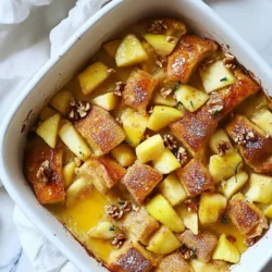 To make this delicious dish, you need a few key items. Here’s what you’ll need: - 1 loaf of day-old brioche or challah bread, cut into cubes - 3 large eggs - 2 cups whole milk - 1/2 cup brown sugar - 1 teaspoon vanilla extract - 1 tablespoon ground cinnamon - 1/4 teaspoon salt - 2 apples, peeled, cored, and diced (preferably Granny Smith) - 1/2 cup chopped walnuts or pecans (optional) - 1 tablespoon butter, for greasing the baking dish - Maple syrup, for serving These ingredients blend to create a warm, sweet, and comforting meal. The bread absorbs the egg mixture well, making each bite soft and rich. Using the right bread makes a big difference. Brioche and challah are great because they are soft and sweet. You can also use French bread for a different texture. Just avoid using fresh bread. Day-old bread works best as it soaks up the egg mixture without getting too soggy. You can customize your casserole to make it your own. Here are some fun ideas: - Add 1/2 cup of chopped nuts for crunch. Walnuts or pecans are perfect. - Toss in some raisins or dried cranberries for extra sweetness. - Top with whipped cream or yogurt before serving for a creamy touch. - Drizzle honey or caramel sauce on top for an extra sweet treat. These options let you play with flavors and textures, making your dish unique every time. {{ingredient_image_1}} Start by gathering the ingredients. You need a loaf of day-old brioche or challah bread. Cut it into cubes. This bread will soak up the egg mixture well. Next, peel and core two Granny Smith apples. Dice them into small pieces. If you like nuts, chop some walnuts or pecans. Set these aside for later. In a large mixing bowl, crack three large eggs. Add two cups of whole milk to the bowl. Then, pour in half a cup of brown sugar. This will add sweetness. Next, mix in one teaspoon of vanilla extract and one tablespoon of ground cinnamon. Add a pinch of salt, about a quarter teaspoon. Whisk everything together until it is smooth and well mixed. Now, take the bread cubes and gently fold them into the egg mixture. Make sure all the bread pieces are coated. This is key for a delicious casserole. Next, stir in the diced apples and chopped nuts, if you’re using them. Mix well so that the apples and nuts are spread throughout. Preheat your oven to 350°F (175°C). Grease a 9x13-inch baking dish with one tablespoon of butter. Pour the mixture into the dish, spreading it evenly. Cover the dish with aluminum foil. Bake it in the oven for 25 minutes. After 25 minutes, remove the foil. Bake it for another 15 to 20 minutes. You want the top to be golden brown. The custard should be set. Once it’s done, take it out and let it cool for a few minutes. Then, slice it up and serve warm. Drizzle some maple syrup on top for extra flavor. Enjoy your tasty apple cinnamon French toast casserole! When picking apples, I like to use Granny Smith. They are tart and hold their shape well. Tart apples bring a nice balance to the sweet flavors. You can also try Honeycrisp or Fuji apples for a sweeter taste. Just remember, avoid soft apples like Red Delicious. They can turn mushy in the oven. Spices make a big difference in flavor. I always add ground cinnamon to my mix. It pairs perfectly with apples. You can also try nutmeg for a warm touch. A pinch of allspice adds depth too. If you want more warmth, consider adding ginger. Just keep the spice amounts balanced. You want to enhance, not overpower. To prevent soggy bread, use day-old bread. Fresh bread absorbs too much liquid. Cut the bread into cubes before mixing. Let it soak briefly in the egg mixture. This way, the bread will soak up just enough. You can also bake it uncovered for a few extra minutes. This lets the top crisp up nicely. Pro Tips Use Day-Old Bread: Day-old brioche or challah absorbs the custard better, resulting in a creamier texture. Fresh bread may become too soggy. Customize Your Apples: While Granny Smith apples add a nice tartness, feel free to mix in other varieties like Honeycrisp or Fuji for added sweetness and flavor. Make Ahead: Prepare the casserole the night before and refrigerate it. Just bake it in the morning for an effortless breakfast. Serve with Fresh Toppings: Enhance your French toast casserole by serving it with fresh fruits, whipped cream, or a dusting of powdered sugar for added flair. {{image_2}} You can easily make this dish gluten-free. Use gluten-free bread instead of brioche or challah. There are many tasty options in stores. Look for a bread that is soft and thick. This will help hold the egg mixture well. Follow the same steps in the recipe. Just make sure all other ingredients are also gluten-free. This way, everyone can enjoy the dish! If you want a vegan version, swap out the eggs and milk. Use a plant-based milk, like almond or oat milk. For eggs, mix ground flaxseed with water. Use 1 tablespoon of flaxseed with 2.5 tablespoons of water for each egg. This will help bind the casserole nicely. You can also add a little extra cinnamon for flavor. With these changes, you still get a delicious dish! Feel free to get creative with fruits and nuts. While apples are great, you can try pears or berries. Just chop them up and mix them in. You can also add other nuts like almonds or pecans. They add nice crunch and taste. Try different combinations to find your favorite mix. Each variation gives a fun twist to the classic recipe! To store leftovers, let the casserole cool completely. Place it in an airtight container. You can keep it in the fridge for up to three days. Make sure to cover it tightly to avoid drying out. You can also freeze this casserole. First, let it cool completely. Then, cut it into pieces. Wrap each piece in plastic wrap, then place them in a freezer bag. This way, you can enjoy it later. It can last in the freezer for up to three months. To reheat, take out the portion you want. You can use the microwave or the oven. For the microwave, heat on medium power for 1-2 minutes. If you prefer the oven, preheat it to 350°F (175°C). Place the casserole in an oven-safe dish and cover it with foil. Heat for about 15-20 minutes, or until warm. Enjoy it warm for the best taste! Yes, you can make this casserole ahead of time. Prepare the dish the night before and cover it with foil. Store it in the fridge overnight. In the morning, just bake it as usual. This saves time and makes breakfast easier. Serve it warm with a drizzle of maple syrup. You can also add whipped cream or a sprinkle of powdered sugar for extra sweetness. If you like crunch, serve it with chopped nuts on top. Fresh fruit like berries or banana slices can add a nice touch too. The casserole is done when the top is golden brown. You can also check if the custard is set. To test this, gently shake the dish. If it wobbles too much, it needs more time. Bake it longer, checking every few minutes. Once done, let it cool for a few minutes before slicing. In this article, we explored how to make a delicious apple cinnamon French toast casserole. We covered essential ingredients, including bread options and tasty add-ins. You learned step-by-step instructions for prep, baking, and storage tips. I also shared variations for gluten-free and vegan diets. Now, you're ready to create this warm treat. Enjoy experimenting with flavors and sharing it with others. Your cooking can bring joy to everyone at your table.