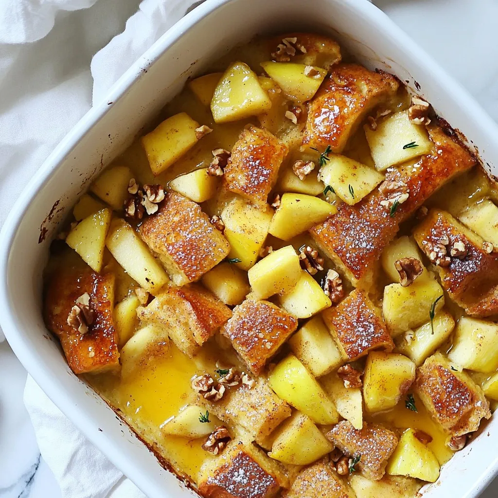 To make this delicious dish, you need a few key items. Here’s what you’ll need: - 1 loaf of day-old brioche or challah bread, cut into cubes - 3 large eggs - 2 cups whole milk - 1/2 cup brown sugar - 1 teaspoon vanilla extract - 1 tablespoon ground cinnamon - 1/4 teaspoon salt - 2 apples, peeled, cored, and diced (preferably Granny Smith) - 1/2 cup chopped walnuts or pecans (optional) - 1 tablespoon butter, for greasing the baking dish - Maple syrup, for serving These ingredients blend to create a warm, sweet, and comforting meal. The bread absorbs the egg mixture well, making each bite soft and rich. Using the right bread makes a big difference. Brioche and challah are great because they are soft and sweet. You can also use French bread for a different texture. Just avoid using fresh bread. Day-old bread works best as it soaks up the egg mixture without getting too soggy. You can customize your casserole to make it your own. Here are some fun ideas: - Add 1/2 cup of chopped nuts for crunch. Walnuts or pecans are perfect. - Toss in some raisins or dried cranberries for extra sweetness. - Top with whipped cream or yogurt before serving for a creamy touch. - Drizzle honey or caramel sauce on top for an extra sweet treat. These options let you play with flavors and textures, making your dish unique every time. {{ingredient_image_1}} Start by gathering the ingredients. You need a loaf of day-old brioche or challah bread. Cut it into cubes. This bread will soak up the egg mixture well. Next, peel and core two Granny Smith apples. Dice them into small pieces. If you like nuts, chop some walnuts or pecans. Set these aside for later. In a large mixing bowl, crack three large eggs. Add two cups of whole milk to the bowl. Then, pour in half a cup of brown sugar. This will add sweetness. Next, mix in one teaspoon of vanilla extract and one tablespoon of ground cinnamon. Add a pinch of salt, about a quarter teaspoon. Whisk everything together until it is smooth and well mixed. Now, take the bread cubes and gently fold them into the egg mixture. Make sure all the bread pieces are coated. This is key for a delicious casserole. Next, stir in the diced apples and chopped nuts, if you’re using them. Mix well so that the apples and nuts are spread throughout. Preheat your oven to 350°F (175°C). Grease a 9x13-inch baking dish with one tablespoon of butter. Pour the mixture into the dish, spreading it evenly. Cover the dish with aluminum foil. Bake it in the oven for 25 minutes. After 25 minutes, remove the foil. Bake it for another 15 to 20 minutes. You want the top to be golden brown. The custard should be set. Once it’s done, take it out and let it cool for a few minutes. Then, slice it up and serve warm. Drizzle some maple syrup on top for extra flavor. Enjoy your tasty apple cinnamon French toast casserole! When picking apples, I like to use Granny Smith. They are tart and hold their shape well. Tart apples bring a nice balance to the sweet flavors. You can also try Honeycrisp or Fuji apples for a sweeter taste. Just remember, avoid soft apples like Red Delicious. They can turn mushy in the oven. Spices make a big difference in flavor. I always add ground cinnamon to my mix. It pairs perfectly with apples. You can also try nutmeg for a warm touch. A pinch of allspice adds depth too. If you want more warmth, consider adding ginger. Just keep the spice amounts balanced. You want to enhance, not overpower. To prevent soggy bread, use day-old bread. Fresh bread absorbs too much liquid. Cut the bread into cubes before mixing. Let it soak briefly in the egg mixture. This way, the bread will soak up just enough. You can also bake it uncovered for a few extra minutes. This lets the top crisp up nicely. Pro Tips Use Day-Old Bread: Day-old brioche or challah absorbs the custard better, resulting in a creamier texture. Fresh bread may become too soggy. Customize Your Apples: While Granny Smith apples add a nice tartness, feel free to mix in other varieties like Honeycrisp or Fuji for added sweetness and flavor. Make Ahead: Prepare the casserole the night before and refrigerate it. Just bake it in the morning for an effortless breakfast. Serve with Fresh Toppings: Enhance your French toast casserole by serving it with fresh fruits, whipped cream, or a dusting of powdered sugar for added flair. {{image_2}} You can easily make this dish gluten-free. Use gluten-free bread instead of brioche or challah. There are many tasty options in stores. Look for a bread that is soft and thick. This will help hold the egg mixture well. Follow the same steps in the recipe. Just make sure all other ingredients are also gluten-free. This way, everyone can enjoy the dish! If you want a vegan version, swap out the eggs and milk. Use a plant-based milk, like almond or oat milk. For eggs, mix ground flaxseed with water. Use 1 tablespoon of flaxseed with 2.5 tablespoons of water for each egg. This will help bind the casserole nicely. You can also add a little extra cinnamon for flavor. With these changes, you still get a delicious dish! Feel free to get creative with fruits and nuts. While apples are great, you can try pears or berries. Just chop them up and mix them in. You can also add other nuts like almonds or pecans. They add nice crunch and taste. Try different combinations to find your favorite mix. Each variation gives a fun twist to the classic recipe! To store leftovers, let the casserole cool completely. Place it in an airtight container. You can keep it in the fridge for up to three days. Make sure to cover it tightly to avoid drying out. You can also freeze this casserole. First, let it cool completely. Then, cut it into pieces. Wrap each piece in plastic wrap, then place them in a freezer bag. This way, you can enjoy it later. It can last in the freezer for up to three months. To reheat, take out the portion you want. You can use the microwave or the oven. For the microwave, heat on medium power for 1-2 minutes. If you prefer the oven, preheat it to 350°F (175°C). Place the casserole in an oven-safe dish and cover it with foil. Heat for about 15-20 minutes, or until warm. Enjoy it warm for the best taste! Yes, you can make this casserole ahead of time. Prepare the dish the night before and cover it with foil. Store it in the fridge overnight. In the morning, just bake it as usual. This saves time and makes breakfast easier. Serve it warm with a drizzle of maple syrup. You can also add whipped cream or a sprinkle of powdered sugar for extra sweetness. If you like crunch, serve it with chopped nuts on top. Fresh fruit like berries or banana slices can add a nice touch too. The casserole is done when the top is golden brown. You can also check if the custard is set. To test this, gently shake the dish. If it wobbles too much, it needs more time. Bake it longer, checking every few minutes. Once done, let it cool for a few minutes before slicing. In this article, we explored how to make a delicious apple cinnamon French toast casserole. We covered essential ingredients, including bread options and tasty add-ins. You learned step-by-step instructions for prep, baking, and storage tips. I also shared variations for gluten-free and vegan diets. Now, you're ready to create this warm treat. Enjoy experimenting with flavors and sharing it with others. Your cooking can bring joy to everyone at your table.