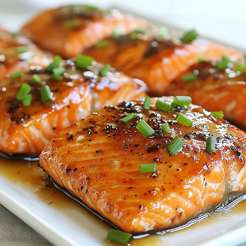 - 4 salmon fillets - 1/4 cup pure maple syrup - 2 tablespoons soy sauce (or coconut aminos for a gluten-free option) - 1 tablespoon Dijon mustard - 2 cloves garlic, minced - 1 tablespoon fresh ginger, grated - 1 tablespoon olive oil - Salt and pepper to taste - Fresh chives or parsley for garnish Using fresh ingredients makes a big difference. Fresh salmon gives you the best taste and texture. Look for bright, moist fillets. Fresh herbs like chives or parsley add flavor and color. Quality maple syrup is key to a rich glaze. It should be pure and not mixed with corn syrup. Fresh garlic and ginger pack a flavorful punch and enhance the dish. Always choose organic when possible for better taste. Salmon is a fantastic source of protein and omega-3 fatty acids. It supports heart health and brain function. Maple syrup provides natural sweetness with antioxidants. Soy sauce adds flavor but can be high in sodium. If you're gluten-free, coconut aminos is a great alternative. Garlic and ginger have anti-inflammatory benefits. They add flavor and boost your health too. Overall, this dish is both tasty and nutritious. {{ingredient_image_1}} To start, gather your ingredients. In a small bowl, whisk together these items: - 1/4 cup pure maple syrup - 2 tablespoons soy sauce - 1 tablespoon Dijon mustard - 2 cloves garlic, minced - 1 tablespoon fresh ginger, grated Mix them well. This blend will serve as both your marinade and glaze. The sweetness from the maple syrup pairs perfectly with the savory soy sauce. The garlic and ginger add a nice kick. Next, take your four salmon fillets. Place them in a shallow dish. Pour half of the maple glaze over the salmon. Make sure each fillet is well coated. Let the salmon marinate for at least 30 minutes. If you have time, marinate for up to 2 hours. This will deepen the flavors and make your salmon taste amazing. Now, it’s time to cook. Preheat your oven to 400°F (200°C). In a large, oven-safe skillet, heat 1 tablespoon of olive oil over medium heat for one minute. Remove the salmon from the marinade. Discard the leftover marinade. Season both sides of the fillets with salt and pepper. Place the salmon skin-side down in the hot skillet. Sear for 2-3 minutes until the skin gets crispy. Carefully flip each fillet to sear the other side for one more minute. Drizzle the rest of the maple glaze over the salmon. Then, move the skillet to the oven. Bake for 10-12 minutes. Your salmon is done when it flakes easily with a fork. After baking, let the salmon rest for a minute. Garnish with fresh chives or parsley to add a pop of color. Enjoy your delicious maple glazed salmon! To cook salmon just right, look for a few key signs. First, choose thick fillets; they cook evenly. Sear the skin until it is crispy, about 2-3 minutes. Then, flip and bake. The salmon should flake easily when done. Use a fork to test. If it breaks apart, it’s ready. You can boost the glaze with simple tweaks. Add a pinch of red pepper flakes for heat. This gives a nice contrast to the sweet maple. Try mixing in lemon juice for brightness. Fresh herbs like dill or cilantro can add depth. Remember to balance flavors for the best taste. Using the right tools makes cooking easier. A non-stick skillet helps prevent sticking. An oven-safe skillet is great for searing and baking. A good fish spatula makes flipping easy. Also, have measuring spoons handy for precise amounts. Finally, a fork for testing doneness is a must! Pro Tips Tip Title: Marinate for Maximum Flavor: The longer you marinate the salmon, the more intense the flavors will be. Aim for at least 30 minutes, but for the best results, marinate for up to 2 hours. Tip Title: Achieving Crispy Skin: Ensure the skillet is hot enough before adding the salmon. Searing the skin-side first helps to create a crispy texture that enhances the dish. Tip Title: Check for Doneness: Salmon is perfectly cooked when it flakes easily with a fork. Use a fork to test the thickest part of the fillet to ensure it’s done without overcooking. Tip Title: Fresh Herbs for Garnish: Adding fresh herbs like chives or parsley not only brightens the dish visually but also adds a fresh flavor that complements the rich maple glaze. {{image_2}} You can easily make this dish gluten-free. Swap out soy sauce for coconut aminos. This option tastes great and keeps the glaze rich. Always check labels for any hidden gluten. While pure maple syrup is best, other sweeteners work too. Honey adds a nice floral taste. Agave nectar is another option with a mild flavor. If you want a lower-calorie choice, try a sugar substitute. Each sweetener gives the glaze a unique twist. Feel free to customize the glaze with extra flavors. A splash of orange juice brightens the dish. Adding a pinch of red pepper flakes gives it some heat. If you love herbs, try fresh thyme or rosemary for an earthy taste. Experimenting keeps your meals exciting and delicious! To keep your maple glazed salmon fresh, first let it cool. Place the salmon in an airtight container. Make sure to cover it well to stop air from getting in. You can also wrap it tightly in plastic wrap. This helps preserve the flavor and moisture. When stored properly, maple glazed salmon lasts about 3 days in the fridge. If you want to keep it longer, freeze it. In the freezer, it can last up to 3 months. Just remember to label the container with the date. This way, you know how long it has been stored. To reheat your salmon, you can use the oven or microwave. For the oven, preheat it to 350°F (175°C). Place the salmon on a baking sheet and cover it with foil. Heat for about 10 minutes or until warm. If you use a microwave, put the salmon on a microwave-safe plate. Heat it in short bursts, about 30 seconds at a time. Check often to avoid overcooking. Reheating slowly helps maintain the taste and texture. You can tell when salmon is cooked by checking its color and texture. Cooked salmon turns from a translucent red to an opaque pink. Use a fork to flake the salmon gently. If it flakes easily and is just opaque, it is done. The internal temperature should reach 145°F (63°C) for safe eating. Yes, you can use frozen salmon for this recipe. Just make sure to thaw it properly before cooking. Place the frozen salmon in the fridge overnight or submerge it in cold water for faster thawing. This will help the salmon cook evenly. Many side dishes go well with maple glazed salmon. Here are a few great options: - Steamed broccoli - Roasted asparagus - Garlic mashed potatoes - Quinoa salad - Sautéed spinach These sides balance the sweetness of the glaze and add healthy nutrients to your meal. You learned how to make tasty maple glazed salmon. We covered fresh ingredients, easy steps, and useful tips. You can change the recipe to fit your needs and store leftovers safely. Remember, cooking salmon should be simple and fun. With a few tricks, you can impress anyone at your table. Enjoy the rich flavor and health benefits this dish brings to your meals! Happy cooking!