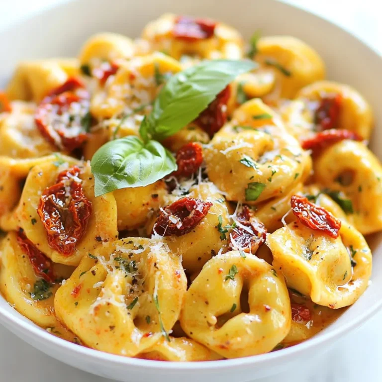 - 1 package (9 oz) cheese tortellini - 1 cup heavy cream - ½ cup sun-dried tomatoes, chopped - 2 cloves garlic, minced - ¼ cup grated Parmesan cheese - 1 tablespoon olive oil - 1 teaspoon Italian seasoning - Salt and pepper to taste - Fresh basil, for garnish For this creamy sun-dried tomato tortellini, you will need three main ingredients. First, grab a package of cheese tortellini. The cheese inside adds a nice, rich flavor. Next, use heavy cream. It makes the sauce thick and smooth. Lastly, get some sun-dried tomatoes. They add a sweet and tangy taste that shines in the dish. After the main ingredients, you need a few extras. Mince two cloves of garlic. It brings a strong aroma to the dish. Grated Parmesan cheese adds a salty kick. A tablespoon of olive oil helps cook the garlic. Now, let's talk about seasonings. Italian seasoning gives the dish a cozy, herby taste. Add salt and pepper to bring out all the flavors. Finally, fresh basil is perfect for garnishing. It adds a pop of color and flavor to your plate. With these ingredients, you are ready to make a delicious meal. {{ingredient_image_1}} - Cooking the tortellini: First, fill a large pot with water and add salt. Bring it to a boil. Add the tortellini and cook according to the package instructions. You want them to be al dente. This means they should be firm but not hard. Once done, drain them and set aside. - Sautéing garlic and sun-dried tomatoes: Next, heat olive oil in a large skillet over medium heat. Add minced garlic and sauté for about one minute. You want it fragrant but not burned. Then, stir in the chopped sun-dried tomatoes and Italian seasoning. Cook for another two minutes. This helps mix all the flavors well. - Combining heavy cream and seasonings: Now, pour in the heavy cream and bring it to a gentle simmer. Simmer for about three to four minutes. This helps the sauce thicken a bit. Stir it often to avoid sticking. - Adding Parmesan cheese: After the sauce thickens, add the grated Parmesan cheese. Stir it in until it melts and makes the sauce creamy. Season with salt and pepper to taste. Adjust the flavors as you like. - Mixing tortellini with the sauce: Now, add the cooked tortellini to the skillet. Gently toss them in the creamy sauce. Cook for another two minutes to warm everything through. - Garnishing before serving: Finally, remove the skillet from heat. Garnish with fresh basil before serving. This adds color and a fresh taste. Enjoy your creamy sun-dried tomato tortellini! To cook tortellini al dente, boil it in salted water. Check the package for timing. It should be firm but not hard. After cooking, drain it right away. Rinse briefly in cold water. This helps prevent sticking. To prevent clumping, toss the drained tortellini with a little olive oil. This keeps them separate and adds flavor. Stir gently to coat every piece. For added flavor, consider herbs like fresh basil or parsley. Thyme and oregano also work well. A pinch of red pepper flakes gives a nice kick too. You can add protein to this dish. Cooked chicken or shrimp blend well with the creamy sauce. Just toss them in when you mix the tortellini. Pair this dish with a fresh side salad. A simple green salad with a light vinaigrette complements the rich sauce. Garlic bread is another great choice. It soaks up the creamy goodness. For plating, serve the tortellini in a shallow bowl. Add a sprinkle of Parmesan on top. Finish with a basil leaf for color. This makes the dish look as good as it tastes! Pro Tips Cook Tortellini Al Dente: Be careful not to overcook the tortellini; they should be firm to the bite for the best texture in the dish. Use Good Quality Sun-Dried Tomatoes: Opt for sun-dried tomatoes packed in oil for richer flavor and a more luxurious sauce. Adjust Creaminess: If you prefer a lighter sauce, you can substitute half of the heavy cream with chicken or vegetable broth. Garnish with Fresh Basil: For an extra pop of flavor and color, don’t skip the fresh basil; it complements the creamy sauce beautifully. {{image_2}} You can switch up the tortellini type. Try using spinach or mushroom tortellini for a twist. If you want a dairy-free option, use coconut cream instead of heavy cream. There are many great plant-based cheeses on the market, too. Want a kick? Add red pepper flakes for spicy sun-dried tomato tortellini. You can also toss in fresh spinach or peas. These veggies add color and nutrition. They blend nicely with the creamy sauce. To make ahead, cook the tortellini and sauce separately. Store them in the fridge for up to three days. You can freeze the sauce in a sealed bag. That way, it lasts for about three months. When ready, just thaw and heat it on the stove. To store leftovers, let the tortellini cool down. Place it in an airtight container. This keeps the dish fresh. You can store it in the fridge for up to three days. If you want to enjoy it later, it’s best to keep it sealed well. You can freeze tortellini before or after cooking. If you freeze it uncooked, use it within three months for best taste. For cooked tortellini, let it cool and then place it in a freezer-safe container. It stays good for about two months. To thaw, move it to the fridge overnight. You can also use the microwave for quick thawing. The best methods for reheating tortellini are on the stovetop or in the microwave. To maintain creaminess, add a splash of cream or milk while reheating. Heat gently over low heat and stir often. This keeps the sauce smooth and tasty. Enjoy your creamy dish again! What is tortellini made of? Tortellini is a type of pasta. It is usually made with flour and eggs. Inside, it often contains cheese or meat. The dough is rolled thin, filled, and shaped into a ring. Can I use jarred sun-dried tomatoes? Yes, you can use jarred sun-dried tomatoes. They save time and add great flavor. Just chop them up and add them to your dish. What can I use instead of heavy cream? You can use milk with a bit of flour or cornstarch. This mix thickens the sauce. Coconut milk is also a good choice for a dairy-free option. Is there a gluten-free tortellini option? Yes, many brands now offer gluten-free tortellini. Be sure to check the package for gluten-free labels. You can also make homemade gluten-free pasta if you prefer. What dishes pair well with Creamy Sun-Dried Tomato Tortellini? This dish pairs well with a simple salad. Garlic bread also complements it nicely. You can add a light dessert like sorbet after your meal. Can I serve this dish cold? You can serve tortellini cold, but it tastes best warm. If you want to serve it cold, let it cool down and mix in some olive oil to keep it moist. This recipe brings together simple but rich flavors. You learned about the main ingredients: cheese tortellini, heavy cream, and sun-dried tomatoes, along with the steps to prepare a delightful dish. Tips and variations allow for personal touches while ensuring great taste. Incorporating your unique spin will make this meal yours. Enjoy the creamy, flavorful tortellini with friends and family. Happy cooking!
