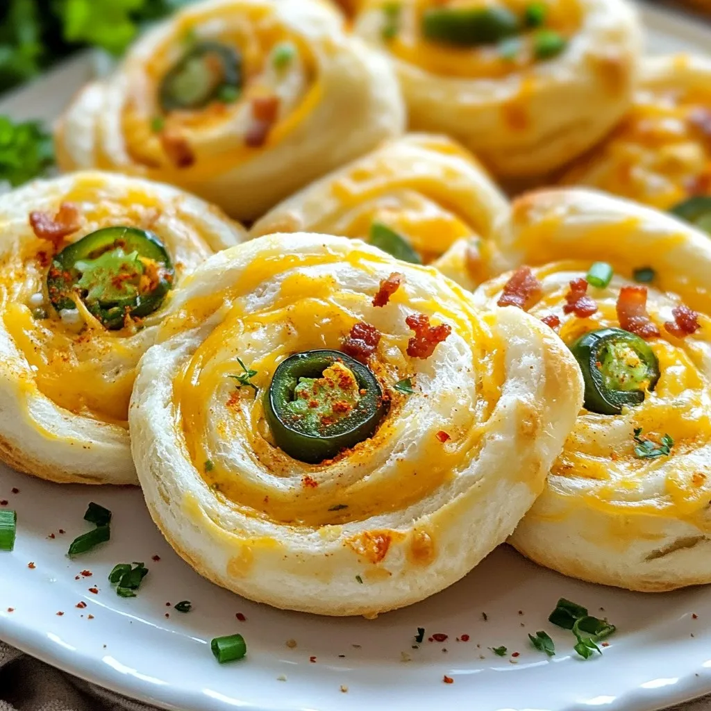 To make Jalapeño Popper Pinwheels, gather these ingredients: - 1 large flour tortilla - 4 oz cream cheese, softened - 1 cup shredded sharp cheddar cheese - 2 fresh jalapeños, finely diced (seeds removed for less heat) - 1/4 cup cooked and crumbled bacon (optional; omit for vegetarian) - 1/4 cup green onions, finely chopped - 1 teaspoon garlic powder - 1 teaspoon onion powder - Salt and pepper to taste - A sprinkle of paprika for garnish These ingredients come together to create a creamy and spicy treat. If you need to swap some items, here are good options: - Use a whole wheat tortilla for a healthier twist. - Swap cream cheese for Greek yogurt for a lighter option. - Try pepper jack cheese instead of cheddar for added spice. - Use turkey bacon or omit bacon for a vegetarian version. - If you don’t have jalapeños, try other mild peppers or roasted red peppers. These substitutions can still give you that tasty flavor. To make your pinwheels pop, consider these garnishes: - Fresh cilantro for a burst of color and flavor. - Sliced radishes for crunch and brightness. - A drizzle of ranch or hot sauce for added zest. - Lime wedges to squeeze over just before serving. These garnishes can elevate your pinwheels and impress your guests. {{ingredient_image_1}} To start, you need to make the cheese mix. Grab a medium bowl and add the softened cream cheese. Next, toss in the shredded sharp cheddar cheese. Then, add the finely diced jalapeños. If you want it spicy, keep the seeds. For a nice crunch, include the crumbled bacon, but feel free to skip this if you want a vegetarian version. Add the green onions, garlic powder, onion powder, salt, and pepper. Mix everything well until it is smooth and creamy. Now it’s time to roll. Lay your large flour tortilla flat on a clean surface. Use a spatula or a spoon to spread the cheese mix evenly over the tortilla. Leave about a half-inch border at the edges to avoid spills. Once it looks good, start rolling from one end. Roll it tightly into a log shape. Make sure you keep it tight, but don’t squish it! After you roll it, wrap the tortilla in plastic wrap. Pop it in the fridge for at least 30 minutes. This helps the pinwheels hold their shape. Once chilled, take it out and unwrap it. Grab a sharp knife and slice the roll into 1-inch pinwheels. Arrange these tasty bites on a platter. For a nice touch, sprinkle a little paprika on top for extra color and flavor. Enjoy your delicious jalapeño popper pinwheels! To make great pinwheels, your cheese mix must be smooth. Use room-temperature cream cheese. It spreads easily and blends well with the other ingredients. If the mix feels too thick, add a little milk. This will help it spread better on the tortilla. If you want more heat, add more jalapeños. Just remember to remove the seeds for less spice. These pinwheels are perfect for prep. You can make them a day ahead. Just prepare the roll and wrap it tightly in plastic wrap. Keep it in the fridge. Chilling helps the flavors mix and the roll hold its shape. When you're ready to serve, just slice and enjoy. They taste fresh even after a night in the fridge. Serve these pinwheels on a big platter. They look great and are easy to grab. Pair them with dips like ranch or spicy salsa. A sprinkle of paprika adds color and a little kick. You can also add fresh veggies on the side for crunch. The bright colors make the dish pop and look fun. Pro Tips Adjust the Heat: If you prefer milder pinwheels, be sure to remove the seeds and membranes from the jalapeños before dicing them. You can also substitute with a milder pepper like poblano. Make Ahead: These pinwheels can be made a day in advance. Just wrap them tightly in plastic wrap and store them in the fridge until ready to serve for the best flavor and texture. Customize Your Fillings: Feel free to add other ingredients such as diced bell peppers, olives, or different types of cheese to personalize your pinwheels! Serving Suggestions: Pair these pinwheels with a dipping sauce like ranch dressing or a spicy salsa for an extra flavor boost! {{image_2}} You can easily make Jalapeño Popper Pinwheels vegetarian. Simply skip the bacon. The creamy cheese and spicy jalapeños still shine through. You can add more veggies, too. Try diced bell peppers or chopped spinach for extra flavor. Both add crunch and color. This way, everyone can enjoy these tasty bites! Want to turn up the heat? Add more jalapeños! You can also mix in diced serrano peppers for a fiery twist. If you love heat, a dash of hot sauce can do wonders. Try adding a few drops of your favorite sauce to the cheese mix. This adds a nice kick without overpowering the flavor. Feel free to get creative with your fillings. You can swap the cheddar cheese for pepper jack. This cheese brings a nice, spicy flavor. Want something different? Try adding shredded chicken or turkey for a heartier option. You can also mix in herbs, like cilantro or parsley, for a fresh taste. The possibilities are endless! To keep your Jalapeño Popper Pinwheels fresh, store them in the fridge. Wrap the sliced pinwheels tightly in plastic wrap. This helps prevent them from drying out. Place them in an airtight container or a resealable bag for extra protection. They can last in the fridge for up to three days. If you want to save some for later, freezing works well. First, wrap the whole rolled tortilla tightly in plastic wrap. Then, place it in a freezer-safe bag or container. You can freeze the uncut roll for up to three months. When you are ready to eat them, thaw the roll in the fridge overnight before slicing. Reheating is easy! Place the pinwheels on a plate and cover them with a damp paper towel. Microwave them for about 30 seconds. Check to see if they are warm. If not, heat them for an extra 10 seconds at a time. This keeps the cream cheese soft and tasty. Enjoy your tasty snack! Yes, you can use different tortillas. Whole wheat or spinach tortillas add flavor and color. Corn tortillas also work, but they can be more fragile. Just make sure they are large enough to hold the filling. To ramp up the heat, use more jalapeños. You can also add diced serrano peppers. Another option is to mix in some hot sauce to the cream cheese. If you love spice, try using pepper jack cheese instead of cheddar. Dipping sauces make these pinwheels even better. Creamy ranch dressing is a classic choice. You can also try a spicy marinara or a zesty barbecue sauce. For a fresh twist, avocado dip or sour cream mixed with lime juice works great too. Jalapeño popper pinwheels are easy and fun to make. We discussed the key ingredients, how to prep, and tips for success. You can switch up flavors with different fillings and add garnishes for extra flair. Remember, you can store them well and have a tasty treat ready anytime. Enjoy making these pinwheels for your next gathering. They are sure to impress!