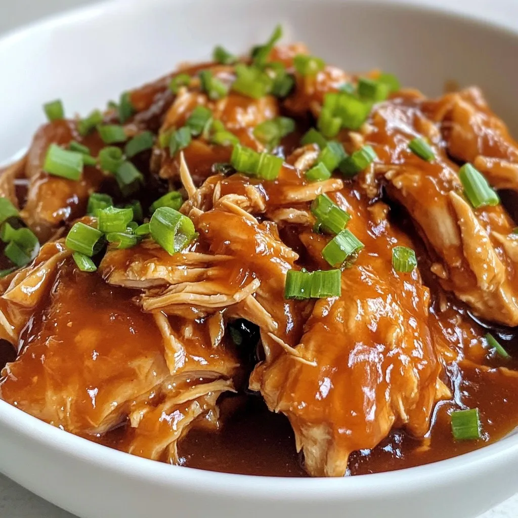 - 2 lbs boneless, skinless chicken thighs - 1/2 cup maple syrup - 1/4 cup soy sauce (low sodium preferably) These main ingredients give your dish a sweet, savory flavor. Chicken thighs stay juicy and tender while cooking. The maple syrup adds a nice sweetness, and the soy sauce brings depth and umami. - 1/4 teaspoon red pepper flakes - 2 green onions, chopped (for garnish) Red pepper flakes add a bit of heat. If you like spice, feel free to add them! Green onions make a lovely garnish, adding color and crunch. - Alternatives for soy sauce: You can use tamari for a gluten-free option or coconut aminos for a soy-free version. - Using different types of vinegar: Instead of apple cider vinegar, you can try rice vinegar or white vinegar for a different tang. These swaps let you adjust the dish to your taste or dietary needs. {{ingredient_image_1}} 1. Trimming chicken thighs: Start by trimming any excess fat from the chicken thighs. This helps keep the dish leaner and lets the sauce soak in better. Place the cleaned chicken at the bottom of the crockpot. 2. Preparing the sauce mixture: In a medium bowl, whisk together the maple syrup, soy sauce, minced ginger, minced garlic, sesame oil, apple cider vinegar, black pepper, and red pepper flakes if you want some heat. Mix it well, so each ingredient blends together. This sauce is the heart of your dish. 1. Layering ingredients in the crockpot: Pour the sauce mixture evenly over the chicken. Next, add the sliced onion on top. The onion will add great flavor and moisture as it cooks. 2. Cooking times on low vs. high: Cover the crockpot with the lid. Cook on low for 4-6 hours or on high for 2-3 hours. Cooking on low gives the flavors more time to meld. Check for doneness; the chicken should be tender and fully cooked. 1. Shredding chicken in the crockpot: When the chicken is done, use two forks to shred it right in the crockpot. Stir the chicken into the sauce to coat it well. This will make every bite flavorful. 2. Serving suggestions: Serve the maple ginger chicken over rice or noodles. Garnish with chopped green onions for a fresh touch. This dish looks great and tastes even better! Marinating your chicken is key to great taste. It helps the meat soak up all the flavors from the sauce. You can marinate for a few hours or overnight for the best results. I like to use a mix of soy sauce and maple syrup to add depth. Adding aromatics like garlic and ginger boosts the dish’s flavor. Fresh garlic and ginger give it a nice kick. You can also toss in some sliced onions right in the crockpot. They melt into the sauce, making it rich and tasty. A thicker sauce makes the dish feel more gourmet. You can easily thicken it with cornstarch. Mix one tablespoon of cornstarch with two tablespoons of water. Stir this mix into the sauce about 15 minutes before serving. Another trick is to remove the lid and let it cook a bit longer. This helps some liquid evaporate. You’ll get a nice, thick sauce that clings to the chicken. Different slow cookers can cook at different rates. If yours runs hot, check the chicken a bit earlier. On low, it usually takes 4-6 hours. If you cook on high, it takes about 2-3 hours. You’ll know the chicken is done when it’s tender and shreds easily with a fork. If you see that, it’s ready to enjoy! Pro Tips Use Fresh Ingredients: Fresh ginger and garlic will enhance the flavor of your dish significantly compared to dried versions. Always opt for fresh when possible. Adjust the Sweetness: Depending on your preference, you can adjust the amount of maple syrup for the desired sweetness. Start with less and add more if needed. Marinate for Extra Flavor: If you have time, marinate the chicken in the sauce for a few hours or overnight in the fridge. This will deepen the flavors. Serve with Sides: Pair this dish with steamed vegetables or a fresh salad to balance the sweetness of the chicken. {{image_2}} You can boost the nutrition of your bourbon chicken by adding vegetables. Some great options include: - Bell peppers - Carrots - Broccoli - Snap peas These veggies add color and flavor. To keep them crisp, add them halfway through the cooking time. For a low setting, cook for an extra 2 hours. If you use high heat, add them in the last hour. While chicken thighs are perfect, you can mix it up. You can use chicken breasts if you prefer a leaner cut. Just remember, chicken breasts may dry out faster. For a plant-based twist, try tofu. Press it first to remove extra water. You can also use pork, which gives a different richness. Adjust cooking time based on the protein you select. Sweetness is key in bourbon chicken. You can tweak it by adjusting the maple syrup. If you like it sweeter, add more syrup. For a less sweet taste, reduce the syrup by a quarter cup. Want some heat? Add red pepper flakes to spice it up. Start with a little, then taste. You can always add more if you like it hot! To keep your bourbon chicken fresh, store it in an airtight container. This helps avoid spoilage. Place the chicken in the fridge as soon as it cools. It lasts about 3 to 4 days in the fridge. After that, the flavor and texture may change. You can freeze bourbon chicken with its sauce if you want to save it for later. Let it cool completely first. Then, transfer it to a freezer-safe bag or container. It will keep well for about 2 to 3 months in the freezer. When ready to eat, thaw it in the fridge overnight. To reheat, place it in a pot over low heat. Stir often until it’s hot. You can also use the microwave, but add a splash of water to keep it moist. Bourbon chicken makes a great meal prep option. You can pack it with rice or noodles for easy lunches. Just divide it into portions and store in containers. When you are ready to eat, reheat it in the microwave or on the stovetop. If using the microwave, cover it to keep moisture in. This way, your meal will taste fresh and delicious! Yes, you can use chicken breasts. Chicken breasts cook faster than thighs. They take about 3-4 hours on low or 1.5-2 hours on high. Breasts have less fat, so they may be drier. Thighs stay moist and tender, which is why they are often preferred. The taste will also differ since thighs have a richer flavor. To make bourbon chicken without alcohol, use different ingredients. You can use apple juice or a mix of broth and vanilla extract. These options give a sweet and savory flavor similar to bourbon. You can also add a touch of liquid smoke for depth. This way, you still enjoy the taste without the alcohol content. Bourbon chicken goes well with several sides. You can serve it over rice or noodles. Jasmine rice or basmati rice works nicely. For noodles, try egg noodles or rice noodles. Steamed vegetables also make a great side. They add color and nutrition to your meal. This blog post guided you through making bourbon chicken with simple ingredients. We covered the main components like chicken thighs, maple syrup, and soy sauce. You learned how to prep and cook the dish, plus tips for flavor and storage. Experiment with variations, add veggies, or switch proteins to suit your taste. Now you can enjoy a tasty meal your whole family will love. Get cooking and make this dish your own!