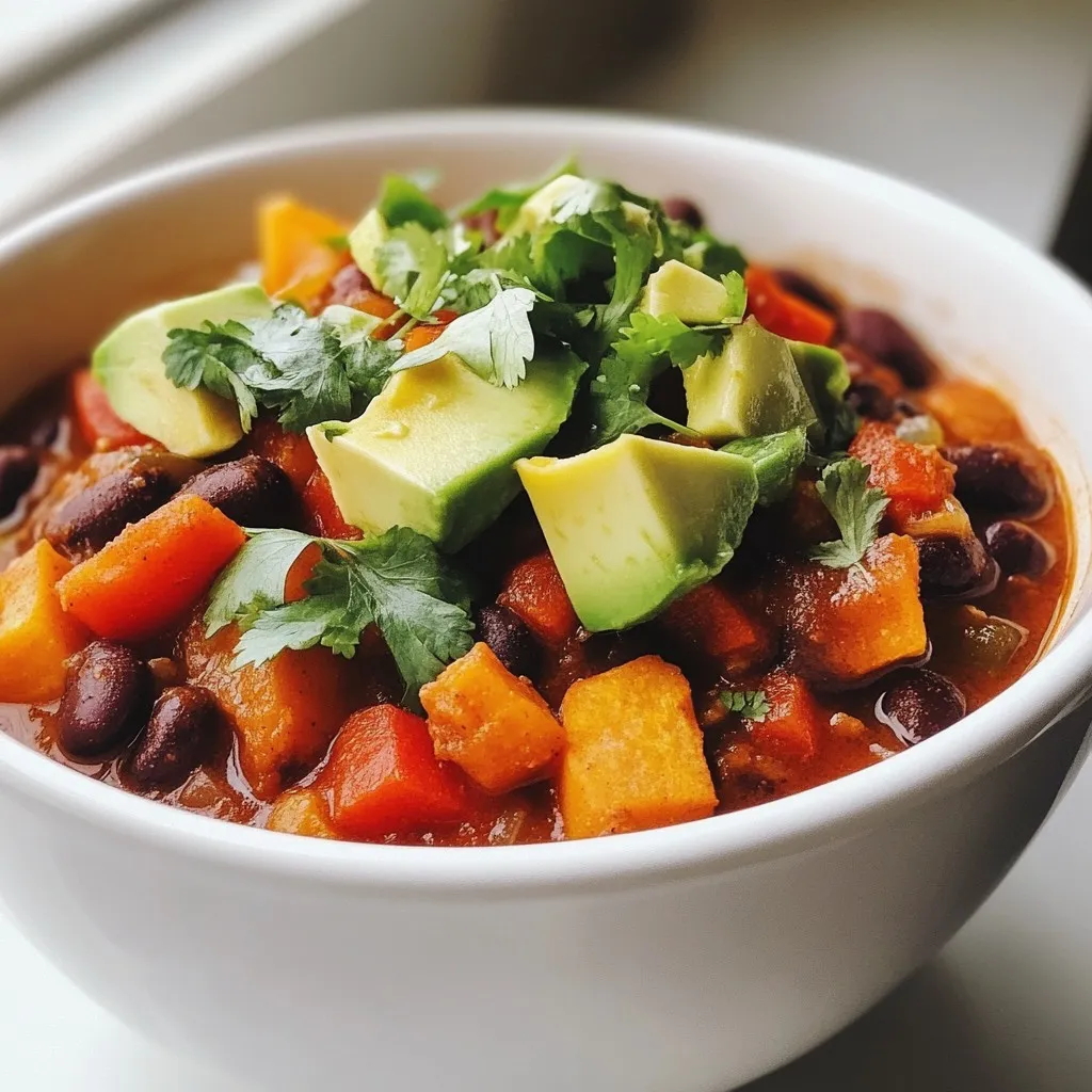- 2 medium sweet potatoes, peeled and diced - 1 can (15 oz) black beans, drained and rinsed - 1 medium red onion, chopped - 2 cloves garlic, minced - 1 red bell pepper, chopped - 1 can (15 oz) diced tomatoes with green chilies - 1 cup vegetable broth - 2 teaspoons ground cumin - 1 teaspoon chili powder - ½ teaspoon smoked paprika - 1 tablespoon olive oil - Salt and pepper to taste - Fresh cilantro for garnish - 1 avocado, diced (for topping) You can swap sweet potatoes with butternut squash if needed. For a bean substitute, try chickpeas. Use onion powder instead of fresh onion if you prefer. Each serving has about 300 calories. It provides 12 grams of protein and 10 grams of fiber. You also get vitamins A and C from sweet potatoes and peppers. The black beans add iron and potassium. This chili is both vegetarian and vegan. It contains no animal products. To keep it gluten-free, ensure your broth is gluten-free. All the ingredients are naturally gluten-free, making this chili a safe choice for those with gluten sensitivities. {{ingredient_image_1}} To start, gather all your ingredients. You will need: - 2 medium sweet potatoes, peeled and diced - 1 can (15 oz) black beans, drained and rinsed - 1 medium red onion, chopped - 2 cloves garlic, minced - 1 red bell pepper, chopped - 1 can (15 oz) diced tomatoes with green chilies - 1 cup vegetable broth - 2 teaspoons ground cumin - 1 teaspoon chili powder - ½ teaspoon smoked paprika - 1 tablespoon olive oil - Salt and pepper to taste - Fresh cilantro for garnish - 1 avocado, diced (for topping) Chop the sweet potatoes into small cubes. This helps them cook evenly. Dice the onion and bell pepper into small pieces. Mince the garlic finely, as this enhances its flavor. Preparing ingredients is key. It saves time while cooking and helps with even cooking. When everything is ready, you can focus on cooking without interruptions. Now, let’s move to cooking! 1. Heat the olive oil in a large pot over medium heat. 2. Add the chopped onion and red bell pepper. Sauté for about 5 minutes until they soften. 3. Then, add minced garlic, ground cumin, chili powder, and smoked paprika. Stir and cook for another 1-2 minutes. You want the spices to bloom and fill your kitchen with aroma. Next, stir in the diced sweet potatoes, the diced tomatoes with their juices, the black beans, and the vegetable broth. 4. Bring this mix to a boil. Once it boils, reduce the heat to low. Cover the pot and simmer for 25-30 minutes. You want the sweet potatoes to be tender. Keep an eye on the temperature. If the chili gets too thick, add more vegetable broth. Stir occasionally to prevent sticking. After cooking, let it sit for a few minutes. This helps the flavors meld together. Now for the fun part: serving! Use vibrant bowls to present the chili. Top each serving with diced avocado and a sprinkle of fresh cilantro. This adds color and freshness. For an extra touch, serve with a lime wedge on the side. Squeezing lime over the chili enhances its flavor. Enjoy your delicious sweet potato black bean chili! To make your chili even tastier, try adding spices like oregano or coriander. These spices add depth and can elevate the flavors. You can also experiment with herbs like fresh thyme or basil. Incorporating different vegetables can change the taste. Try adding corn, zucchini, or carrots for extra sweetness and crunch. Each veggie adds its own unique flavor, making the dish more vibrant. If you want to use a slow cooker, that’s easy! Just prepare your ingredients as usual. Place everything in the slow cooker and set it on low for about 6-8 hours. This method allows the flavors to blend beautifully. For an Instant Pot, you can save time. Cook it on high pressure for about 10 minutes. Make sure to do a quick release afterward. This method gives you a quick, hearty meal with less fuss. One common mistake is overcooking sweet potatoes. When they become too soft, they lose their shape and texture. Keep an eye on them while they cook and test for tenderness at the 25-minute mark. Another mistake is skipping the seasoning step. Seasoning is key to a great chili. Don’t forget to add salt and pepper after cooking. It makes a big difference in taste! Always taste your chili before serving to ensure it’s just right. Pro Tips Balance the Spice: Adjust the chili powder and smoked paprika according to your heat preference. Start with less and add more as needed to achieve your desired spice level. Texture Matters: Ensure the sweet potatoes are cut into even-sized pieces for uniform cooking. This will help them become tender at the same time. Enhance the Flavor: Let the chili rest for a few minutes after cooking. This allows the flavors to meld and develop a richer taste. Garnish Wisely: Fresh toppings like cilantro and avocado not only add flavor but also create a beautiful presentation. Consider adding a squeeze of lime for extra zest! {{image_2}} You can easily change the protein in this chili. Try adding other beans, like pinto or kidney beans. Lentils also work well. They add nice texture and protein without meat. For meat lovers, ground turkey or beef can be great. Brown the meat first in the pot. Then add the other veggies and continue with the recipe. This choice makes the chili heartier and gives it a different flavor. Mixing in other veggies is a fun way to switch things up. Zucchini, corn, or carrots can add sweetness and crunch. You could even toss in some spinach or kale for a vitamin boost. Think about the seasons too! In fall, add butternut squash. In summer, fresh corn can brighten the dish. This keeps your chili fresh and exciting all year long. If you love heat, add jalapeños or crushed red pepper. Stir them in while cooking to let the flavors blend. For a smoky kick, try adding chipotle peppers in adobo sauce. If you prefer milder chili, skip the spicy peppers. You can add more cumin or smoked paprika for flavor without the heat. Adjusting spice makes this recipe fit your taste perfectly. After making your sweet potato black bean chili, let it cool. Pour it into an airtight container. This keeps it fresh. Store it in the fridge. Your chili will last about 3 to 5 days. Always check for off smells or mold before eating. To freeze chili, use freezer-safe bags or containers. Leave some space at the top for expansion. Label the bags with the date. Your chili can stay good for up to 3 months. When you’re ready to eat, thaw it overnight in the fridge. To reheat, pour it into a pot over medium heat. Stir often until hot. You can also use the microwave. Heat it in intervals, stirring in between for even warmth. Portion out your chili for easy meals. Use small containers for single servings. This makes lunch or dinner a breeze. Pair the chili with a side of rice, bread, or a fresh salad. You can also top it with avocado or cheese for extra flavor. Yes, you can make this chili ahead of time. Making it in advance allows the flavors to blend better. The spices and ingredients marry, creating a richer taste. It saves time on busy days, too. Just store it in an airtight container. For best storage, let the chili cool before sealing it. Place it in the fridge if you plan to eat it within three days. For longer storage, freeze it in portions. This way, you can enjoy it later without losing taste. To store leftovers, place them in an airtight container as soon as possible. Always let the chili cool down first. You can keep it in the fridge for up to three days. When reheating, do it slowly on low heat. You can also use the microwave, but stir it often to heat evenly. Make sure to check the chili before eating. If it smells off or looks strange, throw it away. Safety first! Yes, you can use fresh beans instead of canned. If you choose dried beans, soak them overnight. This helps them cook faster and makes them tender. Use about one cup of dried beans for this recipe. Cooking times vary, but generally, dried beans take around 1 to 2 hours to cook. Check them often to avoid overcooking. Once soft, you can add them to the chili just like canned beans. Enjoy the extra flavor of fresh beans! This blog post covered all the key elements for making a delicious chili. You learned about the ingredients, cooking steps, and tips for better taste. We explored different variations and how to store leftovers. Remember, cooking chili is flexible and fun. Feel free to experiment with flavors and ingredients. With these steps, you can create a dish everyone will love. Enjoy your chili-making journey!