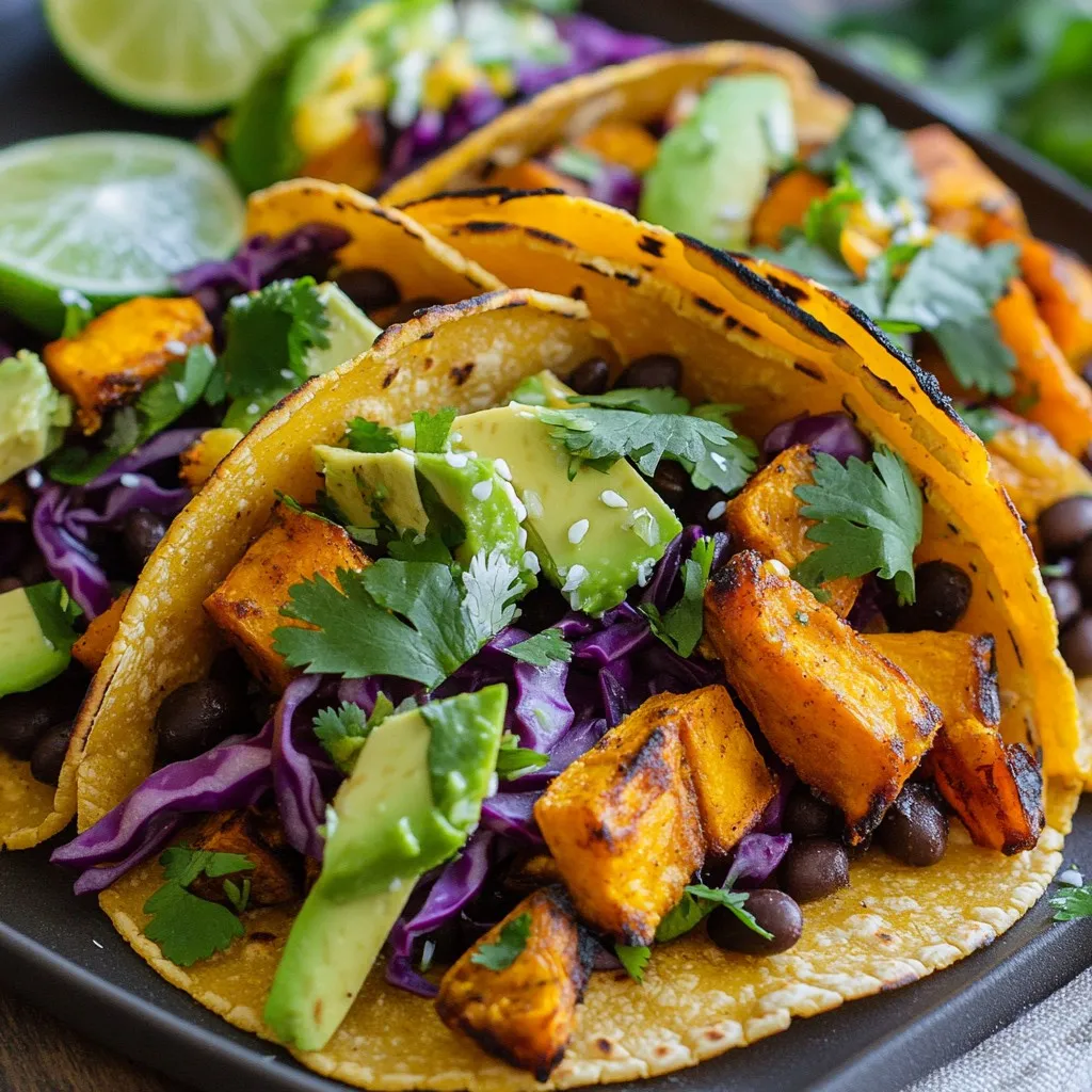 To make Spicy Chipotle Sweet Potato Tacos, you need fresh and simple ingredients. Each one brings a unique taste and texture to the dish. Here’s the list of what you will need: - 2 medium sweet potatoes, peeled and diced - 1 tablespoon olive oil - 1 teaspoon smoked paprika - ½ teaspoon ground cumin - ½ teaspoon garlic powder - 1-2 chipotle peppers in adobo sauce, minced (adjust based on spice preference) - Salt and pepper to taste - 8 small corn tortillas - 1 cup black beans, drained and rinsed - 1 avocado, sliced - ½ cup red cabbage, thinly sliced - Fresh cilantro leaves, for garnish - Lime wedges, for serving Sweet potatoes add a natural sweetness that balances the heat from the chipotle peppers. Olive oil helps roast the sweet potatoes to a perfect crisp. The spices bring depth and warmth. Tortillas wrap everything together, making it easy to enjoy. Toppings like black beans, avocado, and red cabbage add creaminess and crunch. Fresh cilantro and lime brighten the flavors, making each bite a delight. Gather these ingredients, and you’re ready to create a meal that is both tasty and satisfying. {{ingredient_image_1}} First, I preheat the oven to 400°F (200°C). This step is key for roasting. Next, I take my sweet potatoes, peel them, and dice them into small cubes. In a large bowl, I toss the diced sweet potatoes with olive oil. Then, I add smoked paprika, ground cumin, garlic powder, minced chipotle peppers, salt, and pepper. I stir the mix well until each piece is nicely coated with the spices. Now, I spread the sweet potatoes on a baking sheet lined with parchment paper. I make sure they are in a single layer to roast evenly. I place the baking sheet in the oven for about 25-30 minutes. Halfway through, I take them out and stir them gently. This helps them cook well and get that nice caramelized look. While the sweet potatoes roast, I prepare the corn tortillas. I heat them on a dry skillet over medium heat. I warm each side for about 30 seconds until they are soft and pliable. Once the sweet potatoes are done, I take a warm tortilla and place a few spoonfuls of roasted sweet potatoes down the center. I then add black beans, avocado slices, and thinly sliced red cabbage. Finally, I garnish with fresh cilantro leaves and squeeze lime juice on top just before serving. Adjusting spice levels You can change the heat in your tacos. If you want more spice, add more chipotle peppers. If you prefer milder tacos, use just one pepper or skip them. Taste as you go. The flavor should match your liking. Ensuring even roasting To get sweet potatoes evenly roasted, cut them into similar-sized pieces. This helps them cook at the same rate. Toss them well in olive oil and spices. Stir them halfway through roasting. This gives you a nice, crispy outside and soft inside. Additional toppings You can add many toppings to your tacos. Consider adding fresh salsa for a burst of flavor. Try crumbled feta or goat cheese for a creamy touch. Pickled onions add a nice crunch and tang. Experiment with different toppings to find your favorite mix. Pairing with sides These tacos pair well with a simple salad. A side of rice or quinoa works great too. You can also serve them with tortilla chips and guacamole. A cool drink, like agua fresca or a light beer, can enhance your meal. Pro Tips Perfectly Roasted Sweet Potatoes: To achieve the best texture, make sure the sweet potatoes are cut into even-sized pieces for uniform cooking and caramelization. Customize the Spice Level: Adjust the number of chipotle peppers based on your heat preference. Start with one for mild tacos, and add more for an extra kick. Warming Tortillas: Keep your corn tortillas warm in a clean kitchen towel after heating them on the skillet to maintain their pliability and prevent them from drying out. Fresh Lime Juice: Squeeze lime juice over the tacos just before serving for a burst of freshness that enhances the flavors of the sweet potatoes and other toppings. {{image_2}} You can change things up by using different beans or lentils. Black beans are great, but pinto beans work well too. Chickpeas add a nice texture. Lentils also boost protein and fiber in your tacos. Just cook them until tender. Add them right on top of your sweet potatoes for a tasty blend. Plant-based meat substitutes can also make a fun twist. Try crumbled tempeh or veggie ground meat. They soak up flavors well and add a hearty bite. Mix these with your sweet potatoes for a filling meal. Experimenting with different spices can elevate your tacos. Try adding chili powder for extra heat. A pinch of cinnamon can give a warm undertone. You can also use fresh herbs like oregano for a vibrant taste. Ingredient swaps can bring new life to your dish. Instead of avocado, use a dollop of yogurt for creaminess. Switch red cabbage with shredded carrots for a crunchier texture. Get creative with toppings like mango salsa or pickled onions. Each change can lead to a whole new flavor adventure! To store your spicy chipotle sweet potato tacos, first let them cool. Place any leftover tacos in an airtight container. You can also store the sweet potato filling and toppings separately. This way, they stay fresh longer. Keep them in the fridge for up to three days. If you want to keep them longer, you can freeze the sweet potato filling. It lasts up to three months in the freezer. When it’s time to enjoy leftovers, you have a few options. The best way to reheat tacos is in the oven. Preheat your oven to 350°F (175°C). Place the tacos on a baking sheet and cover them with foil. Heat for about 10-15 minutes or until warm. You can also use a skillet on medium heat. Heat each taco for a few minutes on each side. This method keeps the tortillas soft and tasty. If you stored the filling separately, you can warm that in the microwave or on the stove. Just be careful not to overcook it. Keeping the texture and flavor intact is key. Always check that your tacos are heated through. Enjoy your delicious spicy chipotle sweet potato tacos again! You can use other veggies if you want. Here are some great options: - Butternut squash: This veggie has a sweet taste and smooth texture. - Carrots: They add a nice sweetness and work well in tacos. - Zucchini: This is mild and absorbs flavors well. - Cauliflower: Use it for a unique taste and texture. These veggies can bring new flavors while keeping the dish healthy. Chipotle peppers can be quite spicy. The heat level varies. Here’s how to adjust it: - Mild: Use just one minced pepper. - Medium: Try two minced peppers. - Hot: Add more peppers or some adobo sauce. Start small and taste as you go. This way, you can find the right heat for you. Yes, these tacos can easily be made vegan! Just follow these tips: - Tortillas: Use corn tortillas that are not made with lard. - Beans: Black beans are already vegan, so you're good there. - Toppings: Choose plant-based toppings like avocado, cabbage, and cilantro. This way, you can enjoy delicious vegan tacos without missing out on flavor! We explored how to create delicious sweet potato tacos, from ingredients to cooking tips. You can enjoy these tacos by adjusting spices and adding your favorite toppings. Consider using alternative proteins or experimenting with flavors for variety. Store leftovers well to keep them fresh, and reheating tips will help maintain their taste. With these steps, you can make a tasty meal that suits your preferences every time. Enjoy your cooking!