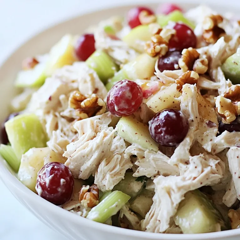 For this tasty Greek yogurt chicken salad, you will need: - 2 cups cooked chicken breast, shredded - 1 cup plain Greek yogurt - 1/2 cup celery, diced - 1/2 cup red grapes, halved - 1/2 cup sweet apples, diced - 1/4 cup walnuts, chopped - 2 tablespoons honey - 1 tablespoon Dijon mustard - 1 tablespoon lemon juice - Salt and pepper to taste - Fresh dill or parsley for garnish (optional) You can swap or change ingredients to fit your taste or what you have at home: - Use turkey instead of chicken for a different flavor. - Try using low-fat or nonfat Greek yogurt if you want it lighter. - Substitute grapes with dried cranberries for a sweet twist. - Swap apples for pears if you like a softer texture. - Instead of walnuts, use pecans or almonds for a nutty crunch. - If you want it creamier, add a bit of avocado. Each serving of this Greek yogurt chicken salad has: - Calories: 350 - Protein: 30 grams - Carbohydrates: 20 grams - Fat: 15 grams - Fiber: 3 grams This salad is a great source of protein and healthy fats. It is fresh, healthy, and easy to make! {{ingredient_image_1}} 1. First, grab a large mixing bowl. Add 2 cups of shredded cooked chicken breast and 1 cup of plain Greek yogurt. Mix them well. Make sure the chicken is fully coated in yogurt. 2. Next, dice 1/2 cup of celery, halve 1/2 cup of red grapes, and dice 1/2 cup of sweet apples. Add these to the bowl. 3. Chop 1/4 cup of walnuts and fold them gently into the mixture. 4. In a small bowl, whisk together 2 tablespoons of honey, 1 tablespoon of Dijon mustard, and 1 tablespoon of lemon juice. Add salt and pepper to taste. 5. Pour the dressing over the chicken mixture. Fold everything gently to mix. 6. Taste your salad. Add more salt or pepper if you want it to pop. 7. Cover the bowl and chill it in the fridge for at least 30 minutes. This helps the flavors blend together nicely. 8. Before serving, stir the salad gently. If you like, add a sprinkle of fresh dill or parsley for a nice touch. - Use freshly cooked chicken for the best taste. Leftover chicken works too, but fresh is best. - Choose sweet apples to balance the flavors. They add a nice crunch and sweetness. - Don’t rush the chilling step. It helps all the flavors mix and become tasty. - Adjust your salt and pepper. Tasting as you go helps find the perfect flavor. - Serve the chicken salad on a bed of leafy greens. This adds color and texture. - Use whole grain bread or pita for a tasty sandwich option. - For a fun twist, serve it in lettuce cups. It’s light and refreshing. - Add a few extra grapes or nuts on top for a beautiful presentation. You can easily make Greek yogurt chicken salad a day ahead. Just follow these steps: - Prepare the chicken and yogurt mixture. - Add in your diced celery, grapes, apples, and walnuts. - Mix the dressing separately. - Combine the dressing right before serving. This keeps everything fresh and tasty. If you mix too early, the fruits may get mushy. To store leftovers, follow these simple tips: - Place the chicken salad in an airtight container. - Keep it in the fridge for up to three days. - If you want to keep it longer, freeze it. Just remember to thaw it in the fridge overnight. Storing it correctly helps maintain flavor and texture. To make your chicken salad pop, try these flavor tips: - Add fresh herbs like dill or parsley. They give a fresh taste. - Sprinkle in some black pepper or a pinch of paprika for extra zest. - You can also try garlic powder or onion powder for depth. Experiment with flavors you love. Each addition can change the whole salad! Pro Tips Choosing the Right Chicken: Using rotisserie chicken can save time and add flavor to your salad. Texture Matters: For a crunchier salad, consider adding diced bell peppers or cucumbers. Sweetness Balance: If you prefer less sweetness, reduce the honey or substitute it with a sugar-free alternative. Herb Variations: Experiment with different herbs like tarragon or chives for a unique flavor twist. {{image_2}} You can switch the chicken for turkey. Shredded turkey works well and tastes great. For a plant-based option, try using tofu. Firm tofu gives a nice texture. Just press it to remove extra moisture and cube it. Each option adds a unique twist to your salad. You can change the flavors by adding spices. Try garlic powder for a punch. Smoked paprika gives a nice depth too. You can also change the fruits. Swap red grapes for diced mango or berries for a different taste. Each fruit brings its own sweet touch. To make this salad vegetarian, skip the chicken and add chickpeas. They add protein and fiber. For a vegan version, use coconut yogurt instead of Greek yogurt. This keeps the creaminess while being plant-based. You’ll still have a delicious and filling meal. Keep your Greek yogurt chicken salad in an airtight container. This helps it stay fresh. Place it in the fridge right after making it. Avoid leaving it out at room temperature for more than two hours. If it’s hot outside, refrigerate it sooner. This salad lasts about 3 to 4 days in the fridge. If you want to freeze it, use a freezer-safe container. However, the texture may change after thawing. I recommend eating it fresh for the best taste. If you freeze it, use it within three months. Before serving, check the salad. It may need a little mix. If it seems dry, add a spoonful of Greek yogurt or a splash of lemon juice. This brings back the creaminess. Taste it again and adjust the seasonings if needed. Garnish with fresh herbs for a bright touch. Yes, you can use low-fat Greek yogurt. It will change the taste a bit. The salad will still be creamy and good. I often use it to cut calories. It still holds the flavors well. Just make sure to taste your salad before serving. Greek Yogurt Chicken Salad pairs well with many sides. You can serve it on whole grain bread. It also tastes great in a wrap. Adding it to a bed of greens makes a nice meal. Consider serving it with fresh fruit or crunchy veggies too. Chips or crackers can add a fun crunch. In the fridge, your chicken salad lasts about three to four days. Store it in an airtight container. If you notice any off smells or colors, it’s best to toss it. To keep it fresh, eat it within the first couple of days. This blog post covered key elements for making the best Greek Yogurt Chicken Salad. We explored ingredients, preparation, and variations, ensuring you have all the tools needed for success. Remember, you can swap ingredients to suit your taste and store leftovers well. With these tips, your chicken salad will always be fresh and flavorful. Enjoy crafting your unique recipes while keeping it simple and delicious. With practice, you'll create a dish that everyone loves.