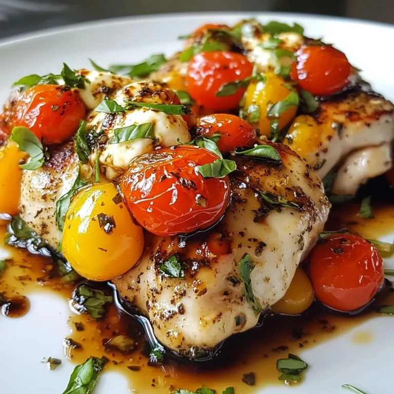 - 2 large chicken breasts - 1 cup fresh mozzarella cheese, diced - 1 cup cherry tomatoes, halved - 1/2 cup fresh basil leaves, chopped - 2 tablespoons balsamic glaze - 2 tablespoons olive oil - 1 teaspoon garlic powder - 1 teaspoon Italian seasoning - Salt and pepper to taste - Toothpicks or kitchen twine (for securing the chicken) To create your Caprese stuffed chicken, gather these fresh ingredients. The chicken breasts are the main part, and they hold the tasty stuffing. I use fresh mozzarella cheese for a creamy texture. Cherry tomatoes add a burst of sweetness. I love adding fresh basil for a fragrant touch that brightens the dish. The balsamic glaze brings a nice tangy flavor, while olive oil helps the chicken brown nicely. You will need garlic powder and Italian seasoning to add depth to the flavor. Finally, use salt and pepper to taste. Don't forget toothpicks or kitchen twine to keep the chicken stuffed and secure while cooking. With these simple ingredients, you can make a flavorful meal that impresses anyone. {{ingredient_image_1}} To start, grab your chicken breasts. Lay them flat on a cutting board. Use a sharp knife to slice a pocket into each breast. Do this gently so you don’t cut all the way through. Now, let’s make the filling. In a mixing bowl, combine one cup of diced fresh mozzarella, one cup of halved cherry tomatoes, and half a cup of chopped basil leaves. Drizzle two tablespoons of balsamic glaze over the mix. Stir it all together until well combined. Next, heat a large oven-safe skillet over medium-high heat. While it heats up, rub each stuffed chicken breast with two tablespoons of olive oil. Sprinkle one teaspoon of garlic powder, one teaspoon of Italian seasoning, and some salt and pepper on both sides. Once the skillet is hot, add the chicken breasts. Sear them for about three to four minutes per side. You want them golden brown. After searing, transfer the skillet to your preheated oven set to 375°F (190°C). Bake for 20 to 25 minutes. Use a meat thermometer to check that the chicken reaches an internal temperature of 165°F (75°C). After cooking, let the chicken rest for five minutes. This step is key for juicy chicken. While resting, the juices will redistribute. Once rested, carefully remove any toothpicks or twine. For the final touch, slice the chicken breasts open. You will see the beautiful caprese filling inside. Enjoy your meal! To make the stuffing shine, balance the flavors. Use fresh mozzarella, sweet cherry tomatoes, and fragrant basil. This mix creates a fresh taste. Add balsamic glaze for a hint of tang. To avoid spills, secure the chicken well. Use toothpicks or kitchen twine to hold the filling inside. This step is key to keeping your dish neat and tidy. Searing the chicken first gives it a nice crust. This step locks in juices and adds flavor. After searing, bake the chicken to finish cooking through. This method ensures all parts cook evenly. For even cooking, use a meat thermometer. The chicken should reach 165°F (75°C) inside. This check takes the guesswork out of cooking. Pair your Caprese stuffed chicken with fresh salad or roasted veggies. A side of garlic bread works well too. For a beautiful dish, slice the chicken on a diagonal. Show off the colorful filling. Drizzle extra balsamic glaze on top for added flair. Pro Tips Use Fresh Ingredients: For the best flavor, opt for fresh mozzarella, ripe cherry tomatoes, and fragrant basil. This will enhance the overall taste of your dish. Secure the Chicken Well: Ensure the chicken pockets are tightly secured with toothpicks or kitchen twine to prevent the delicious filling from spilling out while cooking. Searing is Key: Searing the chicken breasts before baking locks in the juices and adds a wonderful golden crust. Don't skip this step! Let it Rest: Allow the chicken to rest for a few minutes after baking. This helps the juices redistribute, ensuring moist and tender meat when sliced. {{image_2}} You can switch ingredients to mix things up. Instead of fresh mozzarella, try using goat cheese or feta. Both cheeses offer a different taste and texture. You can also swap cherry tomatoes for sun-dried tomatoes or bell peppers. These can bring new flavors to your dish. Seasonal ingredients can add a fresh twist. For spring, add spinach and artichokes to your stuffing. In fall, consider using roasted pumpkin or squash. These changes keep the dish exciting and fun. If you are watching carbs, you can make a low-carb version. Use zucchini noodles instead of chicken. This keeps the flavor but cuts down on carbs. For gluten-free options, ensure your seasoning and sauces are certified gluten-free. You can also use almond flour to coat the chicken. This will give it a nice crunch without gluten. You have choices when cooking this dish. Grilling the chicken gives it a smoky flavor. It also adds a nice char to the outside. If you prefer a tender dish, baking is your best bet. Baking keeps the chicken moist while cooking through evenly. Both methods are tasty, so try both and find your favorite. To keep your Caprese stuffed chicken fresh, follow these tips: - Refrigerating Leftovers: Place any leftover chicken in an airtight container. This keeps the chicken moist and tasty. Store it in the fridge for up to three days. Make sure to cool it down before sealing. - Freezing Stuffed Chicken: If you want to save some for later, you can freeze it. Wrap the stuffed chicken tightly in plastic wrap. Then, place it in a freezer bag. It can stay frozen for up to three months. When you’re ready to eat it, let it thaw in the fridge overnight. To enjoy your leftover chicken, reheating is key. Here are the best methods: - Oven Method: Preheat your oven to 350°F (175°C). Place the chicken in an oven-safe dish. Add a splash of broth or water to keep it moist. Cover it with foil. Heat for about 15-20 minutes, or until warmed through. - Skillet Method: Heat a non-stick skillet over medium heat. Add a bit of olive oil or broth. Place the chicken in the skillet. Cover with a lid and cook for about 5-7 minutes. This keeps the chicken juicy. Using these methods helps you enjoy your Caprese stuffed chicken as if it was just made! You can check if the chicken is done by using a meat thermometer. Insert it into the thickest part of the breast. The chicken should reach 165°F (75°C). If you don't have a thermometer, cut into the chicken; the juices should run clear, not pink. Yes, you can make this dish ahead of time. Stuff the chicken breasts and store them in the fridge for up to 24 hours. This makes cooking easier on busy days. Just remember to let them sit at room temperature for about 20 minutes before cooking. If you don't have balsamic glaze, here are some tasty substitutes: - Regular balsamic vinegar: Drizzle it on before serving. - Honey or maple syrup: For a sweet touch, mix with vinegar. - Pesto: This adds a fresh twist and pairs well with the stuffing. These options keep the dish flavorful and fun! In this post, we explored how to make a tasty stuffed chicken dish. You learned about choosing fresh ingredients and preparing a delightful stuffing. I shared step-by-step tips on cooking and serving your dish for the best results. Remember, letting the chicken rest enhances flavor and juiciness. Experiment with different ingredients to make your dish unique. Follow the storage and reheating tips to enjoy leftovers without losing taste. With these ideas, you can create a satisfying meal every time. Enjoy your cooking adventures!