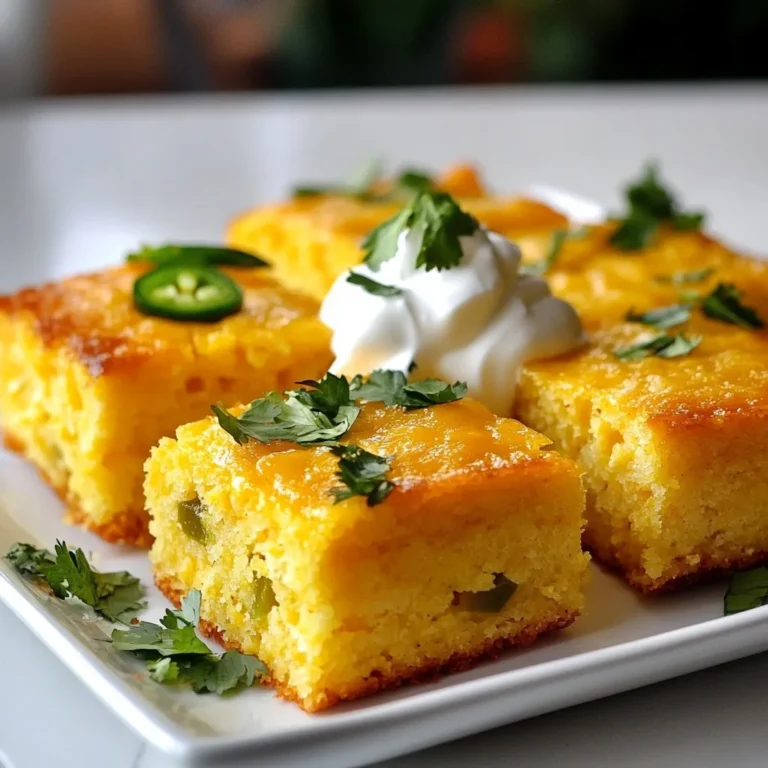 To make Cheddar Jalapeño Cornbread, gather these simple ingredients: - 1 cup cornmeal - 1 cup all-purpose flour - 1 tablespoon baking powder - 1/2 teaspoon baking soda - 1 teaspoon salt - 1 cup buttermilk - 1/2 cup unsalted butter, melted - 2 large eggs - 1 cup shredded sharp cheddar cheese - 1/2 cup pickled jalapeños, chopped (adjust to taste) - 1/4 cup honey (optional for a hint of sweetness) Using quality ingredients makes a big difference. The cornmeal gives that lovely texture, while cheddar cheese adds a rich flavor. Pickled jalapeños bring the heat, and the honey can balance it out with a touch of sweetness. Adjust the jalapeños based on your spice level. If you like it hot, add more; if not, tone it down. Enjoy these flavors mixed together for a delightful dish! {{ingredient_image_1}} - Preheat your oven to 400°F (200°C). - Grease an 8-inch square baking pan or cast-iron skillet. First, you need to get your oven nice and hot. This helps the cornbread rise well. Greasing the pan is important too. It stops the cornbread from sticking. You can use butter or cooking spray. - Combine cornmeal, flour, baking powder, baking soda, and salt. In a big bowl, mix the cornmeal, flour, baking powder, baking soda, and salt. Stir them together until they look even. This step is key. It helps the cornbread rise and taste great. - Whisk together buttermilk, melted butter, and eggs. - Add honey if desired. Now, grab another bowl. Whisk the buttermilk, melted butter, and eggs. If you like a hint of sweetness, add honey here. Mix well until everything is smooth. The wet mix gives flavor and moisture. - Pour wet mixture into dry ingredients and mix gently. - Avoid overmixing; a few lumps are acceptable. Next, slowly pour the wet mix into the dry ingredients. Use a spatula to mix gently. It’s okay if you see some lumps. Overmixing can make the cornbread tough, and we want it soft. - Fold in shredded cheddar cheese and chopped jalapeños. Now, it's time for the fun part! Fold in the shredded cheddar cheese and chopped jalapeños. This gives a cheesy, spicy kick. Make sure they are spread out well in the batter. - Pour batter into prepared pan and bake for 22-25 minutes. - Check doneness with a toothpick. Pour your batter into the greased pan. Spread it out so it cooks evenly. Bake it in the preheated oven for about 22-25 minutes. To check if it’s done, insert a toothpick in the center. If it comes out clean, your cornbread is ready! To make your cornbread light and fluffy, avoid overmixing. When you combine wet and dry ingredients, just mix until you see no dry flour. A few lumps are fine. After baking, let your cornbread cool for 10 minutes before you slice it. This helps keep the texture nice and prevents it from crumbling. Serve your cornbread warm, cut into squares. This makes it easy to share. For a fresh touch, garnish with chopped cilantro or chives. A dollop of sour cream on top adds creaminess and balances the spice. You can adjust the spice level by changing the amount of jalapeños. If you like it mild, use less. For a kick, add more. Fresh jalapeños give a bright taste. They also add a nice crunch to your cornbread. Pro Tips Use Fresh Jalapeños: For a more vibrant flavor, consider using fresh jalapeños instead of pickled ones. Just remember to adjust the quantity based on your heat preference! Experiment with Cheeses: While sharp cheddar is delicious, try mixing in other cheeses like pepper jack or Monterey jack for a different taste profile. Check for Doneness: Ovens can vary, so start checking your cornbread a few minutes before the recommended time. It’s done when the top is golden and a toothpick comes out clean. Store Properly: To keep your cornbread fresh, store it in an airtight container at room temperature for up to 2 days or in the refrigerator for longer shelf life. {{image_2}} You can switch up the cheese for fun. Try using pepper jack for more heat. It adds a spicy kick that pairs well with jalapeños. If you want it milder, use mild cheddar. This gives a nice flavor without too much spice. For a sweet twist, add ingredients like corn or cranberries. These bring a nice sweetness and texture to the cornbread. You can also skip the honey for a savory option. This way, you focus on the cheesy and spicy flavors. Need a gluten-free choice? Just use a gluten-free flour blend instead of regular flour. Check that all other ingredients are certified gluten-free. This ensures everyone can enjoy this tasty cornbread without worry. To keep your cornbread fresh, store it in an airtight container at room temperature. It stays good for up to 2 days. Make sure to seal it well. This helps keep it soft and tasty. If you want to save it longer, refrigerate the cornbread. It can last up to 1 week in the fridge. Just place it in a container with a tight lid. This helps prevent it from drying out. For longer storage, you can freeze the cornbread. It stays fresh for up to 3 months when frozen. Wrap it tightly in plastic wrap or aluminum foil. When you want to eat it, thaw it in the refrigerator or at room temperature before serving. This way, it will taste just as good as fresh! Yes, you can prepare it and store it as directed for best results. This cornbread stays fresh and tasty. I often bake it a day ahead. Just store it in an airtight container. It tastes great when reheated. Mix milk with vinegar or lemon juice as a substitute. Just add one tablespoon of vinegar or lemon juice to one cup of milk. Let it sit for five minutes. This gives you a nice, tangy flavor like buttermilk. Yes, adjust cooking time to about 15-20 minutes. This makes perfect little cornbread muffins! Just fill each muffin cup about two-thirds full. Keep an eye on them. They will bake quicker than the larger pan. A toothpick inserted in the center should come out clean when done. If it has batter on it, bake a few minutes more. The top should be golden brown. This shows the cornbread is baked through and ready to enjoy. This cornbread recipe is simple and fun. You mix dry and wet ingredients, add cheese and jalapeños, and bake. Remember to avoid overmixing for the best texture. You can customize the heat with jalapeños or use different cheeses. For storage, keep leftovers in an airtight container. Enjoy warm and topped with your favorites. I hope this guide helps you create a tasty dish that everyone will love.