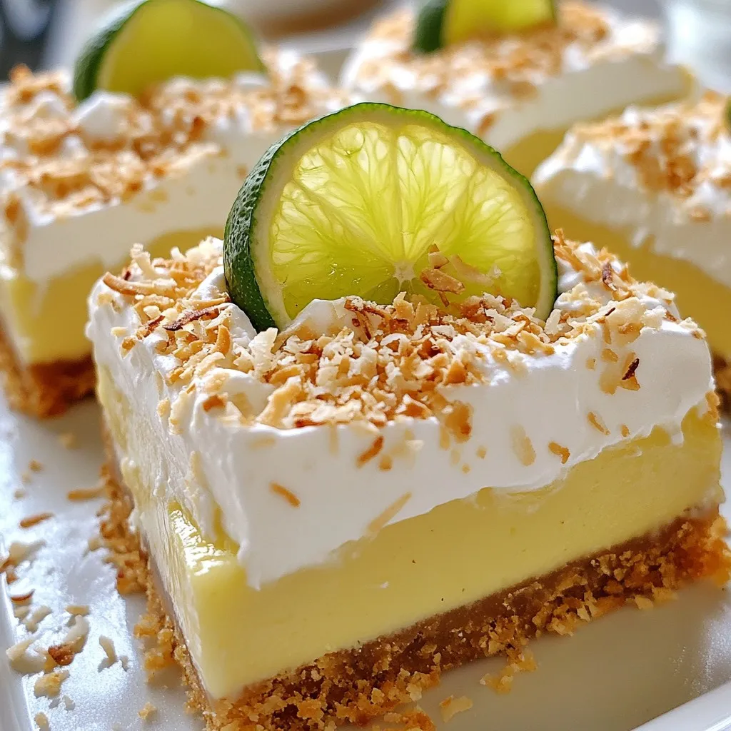 - 1 1/2 cups graham cracker crumbs - 1/2 cup unsweetened shredded coconut - 1/3 cup granulated sugar - 1/2 cup unsalted butter, melted - 2 (14-ounce) cans sweetened condensed milk - 1/2 cup fresh key lime juice - 3 large egg yolks - Zest of 2 key limes - Pinch of salt - Garnishing options: Whipped cream, key lime slices, toasted coconut flakes For these key lime pie bars, you need simple and fresh ingredients. I love using graham cracker crumbs for the crust. The coconut adds a nice touch. You mix these with sugar and melted butter to create a base that is both crispy and sweet. The filling is the star of the show. Sweetened condensed milk gives it richness. Fresh key lime juice adds that perfect zing. The egg yolks help to set the filling, while lime zest adds more flavor. A pinch of salt balances everything out. For garnish, whipped cream is a must. It makes the bars look pretty and taste even better. You can also add key lime slices and toasted coconut flakes for extra flair. Each ingredient plays a role, making these bars a delightful treat. {{ingredient_image_1}} First, set your oven to 350°F (175°C). This step is key to getting a nice, even bake. In a bowl, mix together: - 1 1/2 cups graham cracker crumbs - 1/2 cup unsweetened shredded coconut - 1/3 cup granulated sugar - 1/2 cup unsalted butter, melted Stir the mixture until it all comes together. Next, press it firmly into the bottom of an 8x8-inch baking dish. This forms your crust. Bake it for 10 minutes. Let it cool slightly after baking. In another bowl, whisk together: - 2 (14-ounce) cans sweetened condensed milk - 1/2 cup fresh key lime juice - 3 large egg yolks - Zest of 2 key limes - A pinch of salt Mix until it looks smooth and well combined. This is the creamy part of your bars. Now, pour the filling over your cooled crust. Spread it out evenly with a spatula. Put the dish back in the oven. Bake for 15 to 18 minutes. The filling should set but still jiggle a bit in the middle. Once baked, take the bars out and let them cool at room temperature for about 30 minutes. Then, place them in the fridge for at least 2 hours. This will help them set fully. When ready, lift the bars out using the edges of the parchment paper. Cut them into squares or rectangles. Serve each slice with whipped cream, a slice of key lime, and toasted coconut flakes, if you like! To make a great crust, focus on consistency. You want a mix that holds together but isn't too wet. Use graham cracker crumbs and shredded coconut in equal parts. Press the mixture firmly into the bottom of your baking dish. Bake at 350°F for about 10 minutes. This helps it set well. Let it cool before you add the filling. If you can't find fresh key lime juice, don’t worry. You can use regular lime juice as a substitute. It will still taste great. Another option is bottled key lime juice. Look for one that is 100% juice with no added sugars. This keeps the flavor bright and tart. To make a smooth filling, whisk well. Start with the sweetened condensed milk and lime juice. Mix them until combined. Then add in the egg yolks and lime zest. Be sure to whisk until you see no lumps. A smooth filling gives you that creamy texture you want in each bite. Pro Tips Use Fresh Key Limes: For the best flavor, use fresh key limes instead of bottled juice. The freshness enhances the tartness and overall taste of the bars. Chill Before Serving: Allow the bars to chill in the refrigerator for at least 2 hours. This helps the filling set properly and improves the texture. Toast the Coconut: For added flavor, toast the shredded coconut in a dry skillet over medium heat until golden brown before mixing it into the crust. Cut with a Warm Knife: To achieve clean cuts when slicing the bars, dip a sharp knife in hot water, wipe it dry, and then cut through the bars. {{image_2}} You can take these bars to another level by adding more coconut. I love to mix in an extra half cup of unsweetened shredded coconut. This brings a yummy texture and a tropical twist to the classic key lime flavor. The coconut pairs perfectly with the tart key lime juice. You’ll enjoy a fun chewiness in each bite. For more coconut flavor, you can also toast some for a garnish on top. It adds a lovely crunch. If you need a gluten-free treat, swap regular graham crackers for gluten-free ones. Many brands now offer great gluten-free options that taste just as good. The crust will still be firm and tasty. Using gluten-free graham crackers lets everyone enjoy these bars without worry. Just make sure to check that your other ingredients, like the sweetened condensed milk, are also gluten-free. Making these bars vegan is easy with a few swaps. Replace the egg yolks with flaxseed meal or chia seeds mixed with water. This will help bind the filling. You can also use coconut cream instead of sweetened condensed milk for a rich, creamy texture. Check that your graham crackers are vegan, too. With these changes, you’ll have a delicious vegan dessert that everyone can enjoy! To store leftover Key Lime Pie Bars, first let them cool completely. After cooling, cut them into squares. Place the bars in an airtight container. You can use parchment paper between layers to prevent sticking. Keep the container in the fridge. This way, your bars stay fresh and tasty. To freeze these bars, wrap each piece in plastic wrap. Then, place them in a freezer-safe bag. Make sure to remove as much air as possible. This helps avoid freezer burn. When you're ready to eat, take them out and thaw in the fridge overnight. You can also leave them at room temperature for a couple of hours. When stored properly, Key Lime Pie Bars last about five days in the fridge. If you freeze them, they can stay fresh for up to three months. Just remember to label your bags with the date. This way, you know when to enjoy them! Key Lime Pie is a classic dessert. It has a fluffy filling in a round pie crust. Key Lime Pie Bars, however, have a firm crust and are cut into squares. The bars are easier to serve and share. They also have a similar taste, but the texture differs. You can enjoy both, but bars are a fun twist on the traditional pie. Yes, you can prepare Key Lime Pie Bars in advance. Make the bars and let them cool completely. Then, place them in the fridge for at least two hours. You can keep them in the fridge for up to three days. This makes them a great treat for parties or gatherings. Just remember to garnish them right before serving! If you want your Key Lime Pie Bars to be tart, add more key lime juice. Start by adding an extra tablespoon or two. You can also include more lime zest for a boost in flavor. Taste the filling as you mix. Adjust until it reaches your desired tartness. This way, you control the flavor and enjoy the perfect balance. If you can't find key lime juice, you can use regular lime juice. It will give a similar taste. Another option is to use lemon juice. Lemon juice is a bit sweeter, so the bars may taste slightly different. You can mix lime and lemon juice for a unique flavor. These substitutes keep the bars fresh and tasty! This article covered all you need to know to make Key Lime Pie Bars. We discussed the main ingredients and the easy steps to bake them. Tips helped you perfect your crust and filling. Variations let you explore new flavors, like coconut or gluten-free options. Storing and freezing methods keep your bars fresh. Key Lime Pie Bars are a fun treat to share or enjoy alone. I hope you feel ready to create these delicious bars. Enjoy your baking journey!