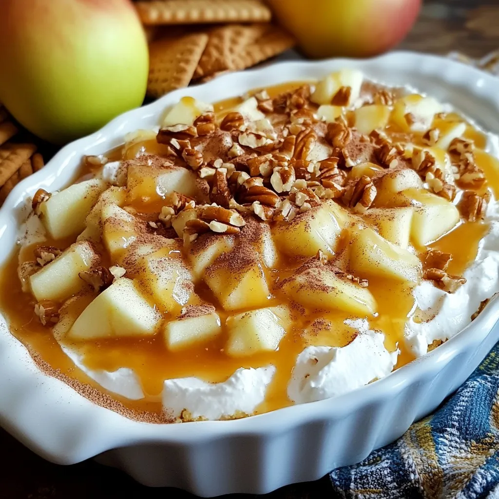 To make caramel apple cheesecake dip, gather these simple items: - 8 oz cream cheese, softened - 1/2 cup powdered sugar - 1 teaspoon vanilla extract - 1/2 cup caramel sauce (store-bought or homemade) - 1 apple, diced (Granny Smith or Honeycrisp work best) - 1/2 teaspoon cinnamon - 1/4 cup chopped nuts (like pecans or walnuts) Each of these ingredients plays a key role. The cream cheese gives the dip its rich texture. The powdered sugar adds sweetness, while the vanilla extract enhances the flavor. The diced apple provides a nice crunch and tartness. Cinnamon brings warmth, and chopped nuts add a delightful crunch. Feel free to get creative with toppings! Some ideas include: - Extra caramel drizzle - A sprinkle of sea salt - Whipped cream - More chopped nuts These toppings can elevate your dip. A little extra caramel adds sweetness. Sea salt balances flavors, while whipped cream adds fluffiness. To serve your dip, I recommend these pairings: - Sliced apples - Graham crackers - Pretzels - Vanilla wafers Using apple slices brings a fresh crunch. Graham crackers add a nice sweetness. Pretzels give a salty bite, while vanilla wafers offer another sweet option. You can also serve the dip in small bowls for easy sharing. {{ingredient_image_1}} To start, take 8 ounces of softened cream cheese. Place it in a mixing bowl. Use an electric mixer to beat the cream cheese until it is smooth and creamy. This should take about one minute. Next, add in 1/2 cup of powdered sugar. Pour in 1 teaspoon of vanilla extract as well. Mix these ingredients together until they are fluffy and well combined. Now, fold in 1 diced apple. I like to use Granny Smith or Honeycrisp apples for a sweet-tart taste. Add 1/2 teaspoon of cinnamon to the mix. Make sure the apple pieces are spread evenly throughout the cream cheese. This gives every bite a delightful crunch and flavor. Next, spread the cream cheese mixture into a shallow serving dish. Use a spatula to smooth the top. This step makes it easy for dipping. Now, drizzle 1/2 cup of caramel sauce generously over the cream cheese layer. You can use store-bought caramel or make your own. For a fun crunch, sprinkle 1/4 cup of chopped nuts on top. Pecans or walnuts work great here. They add texture and flavor to the dish. Serve the dip right away with apple slices and graham crackers. The crisp apples pair well with the creamy dip. You can also refrigerate the dip for a short time if you prefer it chilled. When presenting, place the dip in the center of a colorful platter. Add extra apple slices and graham crackers around it. This makes it look inviting and fun. Enjoy this treat at parties or family gatherings! I love using Granny Smith apples for this dip. Their tartness balances the sweet caramel. Honeycrisp apples also work well. They add a nice crunch and sweetness. You can mix both for a fun flavor. Making your own caramel sauce is easy and fun. You need just sugar, butter, and cream. Start by melting sugar in a pan. Once it turns golden brown, add butter. Stir well, then slowly add cream. Let it cool before using it in your dip. You can prepare this dip a day ahead. Just keep it in the fridge until you’re ready to serve. It tastes even better after chilling. If you make it early, add the caramel and nuts right before serving. This keeps everything fresh and crunchy. Pro Tips Choose the Right Apple: For the best flavor, opt for a mix of tart and sweet apples like Granny Smith and Honeycrisp. Make It Creamy: Ensure your cream cheese is fully softened to achieve a smooth and fluffy dip. Customize Your Nuts: Experiment with different nuts like almonds or hazelnuts for a unique crunch and flavor. Chill for Best Results: Refrigerate the dip for about 30 minutes before serving to enhance the flavors and texture. {{image_2}} You can make this dip lighter and still tasty. Use low-fat cream cheese instead of regular. You can also swap the powdered sugar for a sugar substitute. Apples give fiber, so pick fresh ones! Try Greek yogurt for extra creaminess and protein. This makes a great dip that feels good to eat. Want to mix things up? Add a splash of lemon juice for a zesty kick. Mix in some finely chopped dried fruit like cranberries or raisins for sweetness. You can also stir in caramel-flavored yogurt for a richer taste. If you're feeling bold, try adding a pinch of nutmeg for warmth. Each twist adds a new layer of flavor. For a nut-free version, simply leave out the nuts. You can still enjoy the crunch by adding crushed graham crackers on top. If you want a vegan option, swap the cream cheese for a dairy-free kind. Use agave syrup instead of caramel sauce to keep it vegan. You can enjoy this dip no matter your diet. To store leftover caramel apple cheesecake dip, place it in an airtight container. Keep it in the fridge for up to three days. Make sure to cover the dip well to keep it fresh. If you have extra caramel sauce, store it separately. This way, it stays thick and delicious. You can freeze this dip, but it may change texture. For best results, freeze it before adding the caramel sauce and nuts. Use a freezer-safe container. The dip can last up to one month in the freezer. When you want to use it, let it thaw in the fridge overnight. Reheating is simple but be careful. If you want to warm it, use low heat in a microwave. Heat in short bursts of 10 to 15 seconds. Stir between each burst to avoid hot spots. It is best served cold or at room temperature for the best taste and texture. Yes, you can use low-fat cream cheese. The dip will still taste great. It may have a lighter texture, but the flavor remains delicious. If you want the same creamy feel, full-fat cream cheese is best. You can keep the dip in the fridge for about three days. Make sure you cover it well. This keeps it fresh and tasty. Before serving again, give it a good stir. You can use many fun options! Try pretzels for a salty touch. Vanilla wafers also work well with this dip. You might enjoy using fruit like bananas or strawberries. Each option adds a unique twist to your dessert. This blog post explored the key ingredients, step-by-step instructions, and helpful tips to make a delicious dip. We discussed various toppings, serving ideas, and healthier alternatives. I also shared how to store leftovers and answered common questions. Try out these ideas for your next gathering. You will impress your friends and family with your tasty dip. Simple recipes can bring joy to any occasion. Happy cooking!
