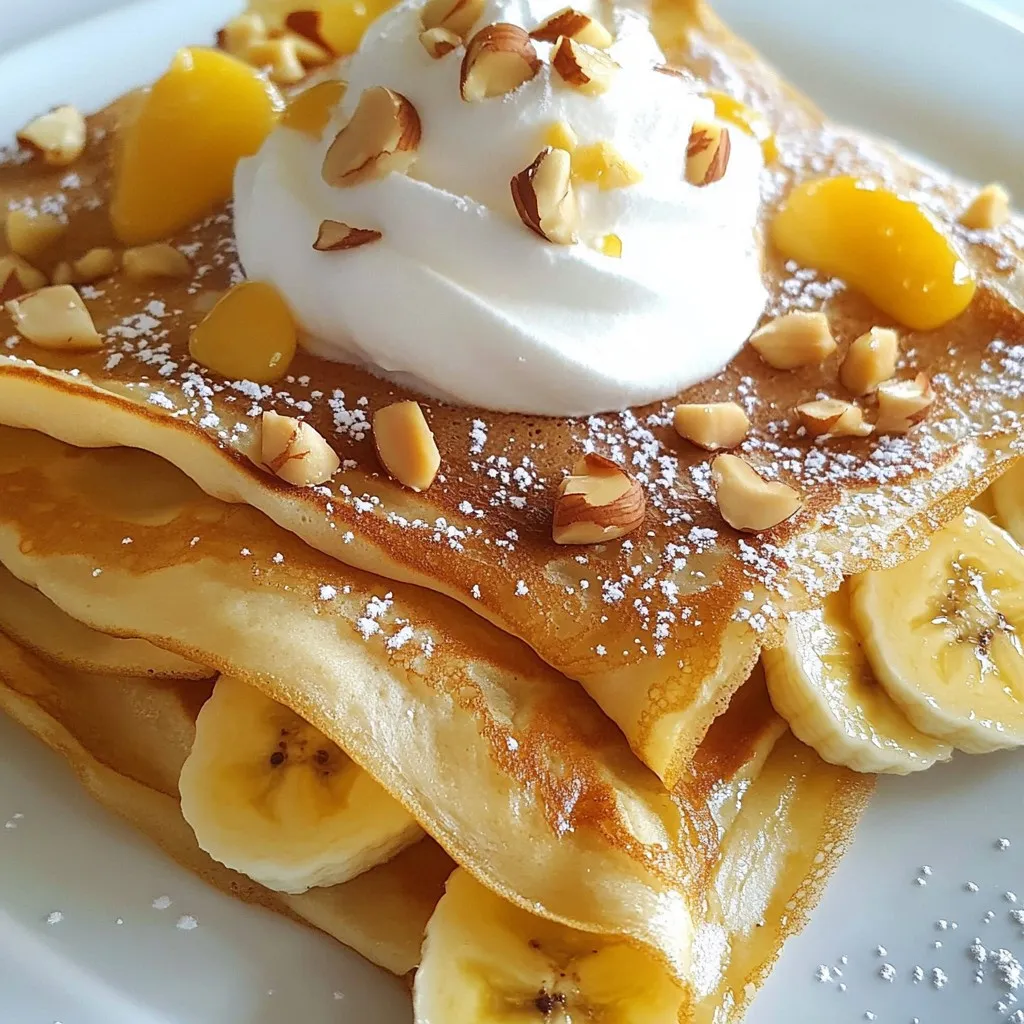 - 1 cup all-purpose flour - 2 large eggs - 1 1/4 cups milk - 2 tablespoons melted butter - 1 tablespoon sugar - 1/2 teaspoon vanilla extract - 2 ripe bananas, sliced - 1/2 cup Nutella - Whipped cream (optional, for serving) - Chopped hazelnuts (optional, for garnish) To make these Banana Nutella crepes, gather all the ingredients first. Using good quality flour makes a difference. I like to use all-purpose flour for its lightness. Eggs help bind the crepes and give them a nice texture. You need large eggs for the best results. Milk is key for a smooth batter. I prefer whole milk, but any milk works. Melted butter adds flavor and keeps the crepes from sticking. A little sugar sweetens the batter without making it too sweet. Vanilla extract brings out the flavors nicely. Use ripe bananas for the best taste and texture. Nutella adds a rich, creamy layer that makes these crepes special. Feel free to add whipped cream or chopped hazelnuts on top for extra flavor and crunch. These optional toppings can elevate your crepes. Now that you have all the ingredients, you're ready to create a delightful dish that everyone will love! {{ingredient_image_1}} To start, I mix the dry ingredients in a bowl. I add 1 cup of all-purpose flour, 1 tablespoon of sugar, and a pinch of salt. Then, I make a well in the center. This well helps the wet ingredients blend better. Next, I combine the wet ingredients in another bowl. I whisk together 2 large eggs, 1 1/4 cups of milk, 2 tablespoons of melted butter, and 1/2 teaspoon of vanilla extract. I mix until the mixture is smooth. Now, I pour the wet mix into the well of the dry mix. I whisk gently until the batter is smooth and lump-free. It is important to let the batter rest for 30 minutes at room temperature. This step helps the crepes turn out light and tender. I heat a non-stick skillet over medium heat. I lightly grease it with butter to help prevent sticking. Then, I pour about 1/4 cup of the batter into the skillet. I swirl the pan to coat the base evenly. I cook the crepe for about 2 minutes. I look for the edges to lift and the bottom to be golden. Then, I flip the crepe and cook for another minute. I repeat this with the remaining batter and stack the finished crepes on a plate. Now comes the fun part! I take a crepe and spread Nutella on one half. I use about 1/2 cup of Nutella for all the crepes. Then, I add sliced bananas on top. I like to use 2 ripe bananas for a sweet touch. To fold, I take the crepe and fold it in half. Then, I fold it in half again to create a triangle. I serve the crepes warm. For extra flair, I sometimes top them with whipped cream and chopped hazelnuts. Enjoy your delicious treat! To make the best crepes, you need to let your batter rest. This step helps the gluten relax, leading to a tender, smooth texture. I suggest resting the batter for at least 30 minutes. This gives it time to hydrate and thicken slightly. To prevent sticking, use a non-stick skillet. Heat it over medium heat and lightly grease it with butter. Make sure the pan is hot before pouring in the batter. This helps create a nice, even surface. Get creative with your toppings! Besides Nutella and bananas, you can try strawberries or raspberries. A drizzle of honey or maple syrup adds sweetness. For a crunchy twist, sprinkle chopped hazelnuts or almonds on top. Pair your crepes with a scoop of vanilla ice cream or a dollop of whipped cream. These options make each bite even more delightful. If you have leftover crepes, stack them with parchment paper in between. This prevents them from sticking together. Store them in an airtight container in the fridge for up to three days. To reheat, place a crepe in a warm skillet for about 30 seconds on each side. This keeps them soft and flavorful. Avoid using a microwave, as it can make them tough. Pro Tips Let the Batter Rest: Allowing the crepe batter to rest for at least 30 minutes helps the gluten relax, resulting in tender and flexible crepes. Control the Heat: Keeping the skillet at medium heat ensures even cooking and prevents the crepes from browning too quickly. Adjust the heat as necessary. Use a Non-Stick Skillet: A non-stick skillet is ideal for crepes as it allows for easy flipping and reduces the need for excess butter. Customize Your Fillings: Feel free to get creative with fillings! Other fruits, such as strawberries or raspberries, can be delicious alternatives to bananas. {{image_2}} You can switch Nutella for other tasty spreads. Try peanut butter for a nutty twist. Almond butter adds a rich flavor. Sunflower seed butter is great for nut-free diets. Flavor-infused spreads can make your crepes unique. Look for chocolate hazelnut spreads with different spices. You can also use fruit preserves like raspberry or strawberry for a fruity kick. While bananas are classic, other fruits work well too. Sliced strawberries add a bright, fresh taste. Blueberries bring a sweet burst in every bite. Try mixing fruits for more flavor. Seasonal fruits can also change your crepe game. In summer, use peaches or cherries. Fall is perfect for apples and pears. Use whatever is fresh and in season for the best taste. You can make these crepes gluten-free easily. Swap all-purpose flour for a gluten-free blend. Look for a mix that includes xanthan gum for better texture. To keep the crepes soft, add a bit more liquid if needed. This helps maintain a good flavor and feel. Experiment with almond flour for a nutty flavor. Remember, the right flour can make a big difference! You can make crepes without eggs using substitutes. Here are some options: - Flaxseed meal: Mix one tablespoon of flaxseed meal with three tablespoons of water. Let it sit for a few minutes until it thickens. - Chia seeds: Use one tablespoon of chia seeds mixed with three tablespoons of water. This also thickens nicely. - Applesauce: A quarter cup of unsweetened applesauce can replace one egg. It adds moisture and sweetness. - Silken tofu: Blend one quarter cup of silken tofu until smooth. It works well in batters. These substitutes help create a good texture in your crepes. Experiment to find which one you like best! Yes, you can make crepes ahead of time. Here are some tips for storing and reheating: - Storing: Stack your cooked crepes with parchment paper between each one. This prevents them from sticking together. Place them in an airtight container. - Refrigerating: You can keep them in the fridge for up to three days. - Freezing: For longer storage, freeze the stacked crepes. They can last up to two months. - Reheating: To reheat, warm a skillet over low heat. Place your crepe in the skillet for about 30 seconds on each side. You can also use a microwave for about 10-15 seconds. Making crepes ahead saves time and lets you enjoy them anytime! Crepes may tear for a few reasons. Here are common issues and solutions: - Batter consistency: If the batter is too thick, your crepes may not cook evenly. Make sure it is smooth and thin. - Cooking time: If you cook them too long, they can dry out and tear. Watch for golden edges before flipping. - Skillet temperature: A skillet that is too hot can cause the crepes to cook too fast. Use medium heat to allow even cooking. - Greasing the pan: If your skillet is not greased well, the crepes may stick and tear. Use a little butter for a non-stick surface. By checking these factors, you can make smooth and perfect crepes every time! - Each serving has about 300 calories. - The main nutrients include: - 8g protein - 14g fat - 40g carbohydrates This delightful treat gives you a good mix of energy. The protein helps to keep you full, while the carbs give you a quick boost. - You can cut down on sugar by using less than a tablespoon. - For a different texture, try whole wheat flour or almond flour. These changes can make your crepes a bit lighter. You still get all the tasty flavors with fewer calories. - Common allergens in this recipe include gluten and eggs. - If you have allergies, consider these swaps: - Use gluten-free flour for a gluten-free option. - Try flaxseed meal mixed with water as an egg substitute. These alternatives help everyone enjoy this treat without worry. Make your Banana Nutella crepes safe for everyone at the table! In this blog post, I covered how to make delicious Nutella crepes using simple ingredients. We went through each step, from preparing the batter to cooking and assembling the crepes. I shared tips for perfecting texture and offered creative topping ideas. Remember, you can experiment with fruits and even try gluten-free options. With these methods, you can whip up great crepes at home. Enjoy your cooking, and savor every bite!