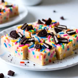 - 2 cups white chocolate chips - 1 can (14 oz) sweetened condensed milk - 1/4 cup unsalted butter - 1/2 teaspoon vanilla extract - 1/2 cup rainbow sprinkles - 10 Oreo cookies, crushed - A pinch of salt For this Funfetti Oreo Fudge, I pick simple and bright ingredients. First, I use white chocolate chips for a creamy base. The sweetened condensed milk adds richness and sweetness. I use unsalted butter to keep things smooth. A dash of vanilla extract gives a warm flavor. Rainbow sprinkles add fun and color. Crushed Oreos give the fudge a nice crunch. Don't forget a pinch of salt; it enhances all the flavors. Each ingredient plays a big role in making this fudge special. The white chocolate is sweet and smooth. The cookies add texture. The sprinkles make it festive. It’s great for parties or just a fun treat at home. You will love how easy it is to gather these ingredients! {{ingredient_image_1}} 1. Melt the chocolate mixture In a medium saucepan, set the heat to low. Add 2 cups of white chocolate chips, 14 ounces of sweetened condensed milk, and 1/4 cup of unsalted butter. Stir this mix often until it melts and becomes smooth. This step takes patience but results in a creamy fudge base. 2. Add flavor enhancers Once the mixture is melted, remove it from the heat. Stir in 1/2 teaspoon of vanilla extract and a pinch of salt. These simple additions bring out the sweet flavors in the fudge. 3. Fold in mix-ins Now, gently fold in 10 crushed Oreo cookies and 1/2 cup of rainbow sprinkles. Make sure they are evenly mixed into the fudge. This makes each bite colorful and fun! 1. Prepare the baking dish Line an 8x8-inch baking dish with parchment paper. Leave some paper hanging over the sides. This will help you lift the fudge out later. 2. Spread the fudge evenly Pour the fudge mixture into the prepared dish. Use a spatula to spread it evenly. For a pretty touch, sprinkle extra rainbow sprinkles and crushed Oreos on top. 3. Refrigerate until set Cover the dish with plastic wrap. Place it in the fridge for 2 to 3 hours. This chilling time lets the fudge firm up nicely. When ready, lift out the fudge using the parchment paper and cut it into squares. Enjoy your sweet treat! - How to achieve a smooth texture To get a smooth fudge, use low heat. Stir the mixture well as it melts. This helps combine all the ingredients evenly. - Importance of cooling time Cooling time is key for fudge. Let it chill in the fridge for at least two hours. This makes it firm and helps it hold its shape. - Serving and presentation ideas For a fun look, serve fudge on a bright platter. Add extra sprinkles and whole Oreos on the side. This makes it festive and appealing. - Overheating the chocolate Do not overheat the chocolate. High heat can cause it to seize up. Keep the heat low and stir often. - Uneven distribution of mix-ins Make sure to fold in the crushed Oreos and sprinkles gently. This helps spread them evenly throughout the fudge. - Not chilling long enough Don’t skip the chilling time. If you cut the fudge too soon, it will fall apart. Always wait until it's fully set before slicing. Pro Tips Chill Your Ingredients: Make sure your ingredients are at room temperature before starting to ensure a smooth mixture. Use High-Quality Chocolate: For the best flavor, opt for premium white chocolate chips. Don't Overheat: Keep the heat low when melting the chocolate to prevent it from burning or seizing. Experiment with Mix-Ins: Feel free to add other fun candies or nuts for a personalized twist on the fudge. {{image_2}} You can change up your Funfetti Oreo Fudge with fun mix-ins. Consider adding your favorite candy or nuts. Think about mini M&Ms or chopped peanuts for crunch. You can also use different types of chocolate. Dark chocolate gives a rich taste, while milk chocolate adds sweetness. Seasonal sprinkles make your fudge festive. Use red and green for Christmas or pastel colors for Easter. If you need gluten-free fudge, swap regular Oreos for gluten-free ones. Check the labels to ensure they fit your needs. For vegan alternatives, use dairy-free chocolate chips and coconut milk instead of sweetened condensed milk. You can also use vegan butter for a creamy texture. These swaps keep the fun without the guilt! To keep your Funfetti Oreo Fudge fresh, use an airtight container. This helps keep it moist and tasty. You can store it at room temperature for short periods. However, for best results, I recommend refrigeration. The cold keeps the fudge firm and prevents it from melting. Just remember to let it sit out for a few minutes before serving. This way, it softens slightly and makes it easier to cut. How long does fudge last? When stored correctly, your fudge can last about two weeks. If you keep it in the fridge, it may last a bit longer, up to three weeks. Be sure to check for signs that fudge has gone bad. Look for changes in texture or an off smell. If it feels hard or crumbles easily, it’s time to toss it. Always trust your senses—if it doesn’t look or smell right, don’t eat it! Can I use milk chocolate instead of white chocolate? Yes, you can use milk chocolate. It will change the color and taste. Milk chocolate gives a creamier flavor. Just melt it like white chocolate in the recipe. How can I make the fudge firmer? To make the fudge firmer, add more white chocolate chips. You can also chill it longer in the fridge. Cutting smaller pieces helps too. Is it possible to double the recipe? Yes, you can double the recipe! Just use a bigger pan. Make sure to adjust the cook time if needed. What to serve with Funfetti Oreo Fudge? Funfetti Oreo fudge goes great with ice cream or whipped cream. You can serve it with fresh fruit too. Pairing it with milk or coffee works well. Best ways to present for parties Present the fudge on a colorful platter. Add extra sprinkles and whole Oreos for fun. Use cupcake liners for each square for a cute touch. You now have a complete guide to making delicious Funfetti Oreo Fudge. We explored the key ingredients, detailed preparation steps, and highlighted valuable tips to avoid common mistakes. Remember to store your fudge correctly for the best taste. You can also experiment with different flavors and dietary needs. Enjoy crafting this fun treat that is sure to impress at any gathering!