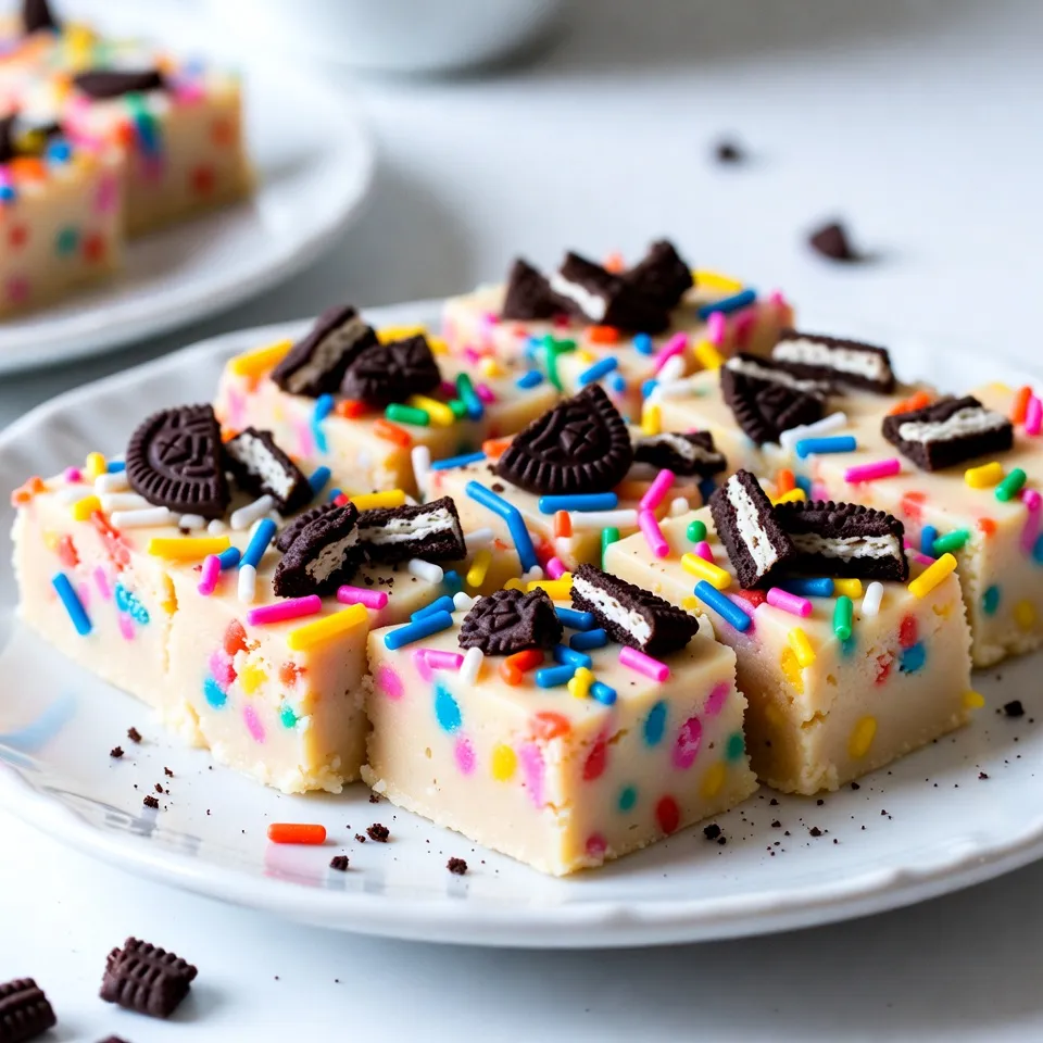 - 2 cups white chocolate chips - 1 can (14 oz) sweetened condensed milk - 1/4 cup unsalted butter - 1/2 teaspoon vanilla extract - 1/2 cup rainbow sprinkles - 10 Oreo cookies, crushed - A pinch of salt For this Funfetti Oreo Fudge, I pick simple and bright ingredients. First, I use white chocolate chips for a creamy base. The sweetened condensed milk adds richness and sweetness. I use unsalted butter to keep things smooth. A dash of vanilla extract gives a warm flavor. Rainbow sprinkles add fun and color. Crushed Oreos give the fudge a nice crunch. Don't forget a pinch of salt; it enhances all the flavors. Each ingredient plays a big role in making this fudge special. The white chocolate is sweet and smooth. The cookies add texture. The sprinkles make it festive. It’s great for parties or just a fun treat at home. You will love how easy it is to gather these ingredients! {{ingredient_image_1}} 1. Melt the chocolate mixture In a medium saucepan, set the heat to low. Add 2 cups of white chocolate chips, 14 ounces of sweetened condensed milk, and 1/4 cup of unsalted butter. Stir this mix often until it melts and becomes smooth. This step takes patience but results in a creamy fudge base. 2. Add flavor enhancers Once the mixture is melted, remove it from the heat. Stir in 1/2 teaspoon of vanilla extract and a pinch of salt. These simple additions bring out the sweet flavors in the fudge. 3. Fold in mix-ins Now, gently fold in 10 crushed Oreo cookies and 1/2 cup of rainbow sprinkles. Make sure they are evenly mixed into the fudge. This makes each bite colorful and fun! 1. Prepare the baking dish Line an 8x8-inch baking dish with parchment paper. Leave some paper hanging over the sides. This will help you lift the fudge out later. 2. Spread the fudge evenly Pour the fudge mixture into the prepared dish. Use a spatula to spread it evenly. For a pretty touch, sprinkle extra rainbow sprinkles and crushed Oreos on top. 3. Refrigerate until set Cover the dish with plastic wrap. Place it in the fridge for 2 to 3 hours. This chilling time lets the fudge firm up nicely. When ready, lift out the fudge using the parchment paper and cut it into squares. Enjoy your sweet treat! - How to achieve a smooth texture To get a smooth fudge, use low heat. Stir the mixture well as it melts. This helps combine all the ingredients evenly. - Importance of cooling time Cooling time is key for fudge. Let it chill in the fridge for at least two hours. This makes it firm and helps it hold its shape. - Serving and presentation ideas For a fun look, serve fudge on a bright platter. Add extra sprinkles and whole Oreos on the side. This makes it festive and appealing. - Overheating the chocolate Do not overheat the chocolate. High heat can cause it to seize up. Keep the heat low and stir often. - Uneven distribution of mix-ins Make sure to fold in the crushed Oreos and sprinkles gently. This helps spread them evenly throughout the fudge. - Not chilling long enough Don’t skip the chilling time. If you cut the fudge too soon, it will fall apart. Always wait until it's fully set before slicing. Pro Tips Chill Your Ingredients: Make sure your ingredients are at room temperature before starting to ensure a smooth mixture. Use High-Quality Chocolate: For the best flavor, opt for premium white chocolate chips. Don't Overheat: Keep the heat low when melting the chocolate to prevent it from burning or seizing. Experiment with Mix-Ins: Feel free to add other fun candies or nuts for a personalized twist on the fudge. {{image_2}} You can change up your Funfetti Oreo Fudge with fun mix-ins. Consider adding your favorite candy or nuts. Think about mini M&Ms or chopped peanuts for crunch. You can also use different types of chocolate. Dark chocolate gives a rich taste, while milk chocolate adds sweetness. Seasonal sprinkles make your fudge festive. Use red and green for Christmas or pastel colors for Easter. If you need gluten-free fudge, swap regular Oreos for gluten-free ones. Check the labels to ensure they fit your needs. For vegan alternatives, use dairy-free chocolate chips and coconut milk instead of sweetened condensed milk. You can also use vegan butter for a creamy texture. These swaps keep the fun without the guilt! To keep your Funfetti Oreo Fudge fresh, use an airtight container. This helps keep it moist and tasty. You can store it at room temperature for short periods. However, for best results, I recommend refrigeration. The cold keeps the fudge firm and prevents it from melting. Just remember to let it sit out for a few minutes before serving. This way, it softens slightly and makes it easier to cut. How long does fudge last? When stored correctly, your fudge can last about two weeks. If you keep it in the fridge, it may last a bit longer, up to three weeks. Be sure to check for signs that fudge has gone bad. Look for changes in texture or an off smell. If it feels hard or crumbles easily, it’s time to toss it. Always trust your senses—if it doesn’t look or smell right, don’t eat it! Can I use milk chocolate instead of white chocolate? Yes, you can use milk chocolate. It will change the color and taste. Milk chocolate gives a creamier flavor. Just melt it like white chocolate in the recipe. How can I make the fudge firmer? To make the fudge firmer, add more white chocolate chips. You can also chill it longer in the fridge. Cutting smaller pieces helps too. Is it possible to double the recipe? Yes, you can double the recipe! Just use a bigger pan. Make sure to adjust the cook time if needed. What to serve with Funfetti Oreo Fudge? Funfetti Oreo fudge goes great with ice cream or whipped cream. You can serve it with fresh fruit too. Pairing it with milk or coffee works well. Best ways to present for parties Present the fudge on a colorful platter. Add extra sprinkles and whole Oreos for fun. Use cupcake liners for each square for a cute touch. You now have a complete guide to making delicious Funfetti Oreo Fudge. We explored the key ingredients, detailed preparation steps, and highlighted valuable tips to avoid common mistakes. Remember to store your fudge correctly for the best taste. You can also experiment with different flavors and dietary needs. Enjoy crafting this fun treat that is sure to impress at any gathering!