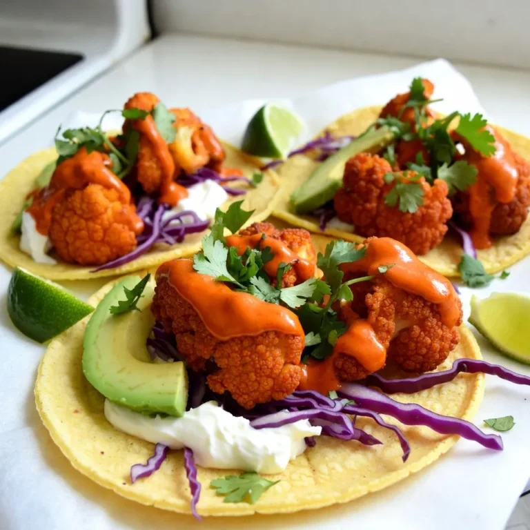 - Cauliflower (florets) - All-purpose flour - Buffalo sauce The main star of this dish is the cauliflower, which we cut into florets. It gives a nice bite and absorbs flavors well. For the coating, we use all-purpose flour to create a crispy texture. Then, we add buffalo sauce to bring that classic spicy kick. - Avocado - Red cabbage - Greek yogurt We add avocado for creaminess and healthy fats. Red cabbage gives a crunchy texture and a pop of color. Greek yogurt serves as a cool, tangy topping, balancing the heat from the buffalo sauce. - Garlic powder - Paprika - Lime wedges Garlic powder adds depth to the batter, while paprika gives it a warm color and mild flavor. Lime wedges are a must for that zesty finish. Squeezing lime over the tacos enhances all the flavors and adds brightness to each bite. {{ingredient_image_1}} 1. Preheating the oven Start by preheating your oven to 425°F (220°C). This is key for getting crispy cauliflower. Line a baking sheet with parchment paper to avoid sticking. 2. Mixing the batter In a mixing bowl, combine 1 cup of all-purpose flour, 1 teaspoon of garlic powder, 1 teaspoon of paprika, 1/2 teaspoon of salt, and 1/4 teaspoon of black pepper. Slowly add 1 cup of water while whisking. You want a smooth batter that coats the cauliflower well. 1. Coating the cauliflower Take each cauliflower floret and dip it into the batter. Make sure it’s fully covered. Place the coated florets on your prepared baking sheet. 2. Baking times and temperature Bake the cauliflower for 25 minutes. Halfway through, flip them for even crispiness. After 25 minutes, they should be golden brown. Drizzle 1/2 cup of buffalo sauce over the baked cauliflower. Toss gently to coat, then bake for another 10 minutes. 1. Warming tortillas While the cauliflower bakes, warm 8 small corn tortillas in a dry skillet over medium heat. Heat each side for about 1 minute. You want them pliable and slightly charred. 2. Adding toppings To assemble, place a few buffalo cauliflower florets on each warm tortilla. Top with sliced avocado, finely shredded red cabbage, and chopped cilantro. Add a dollop of Greek yogurt. Serve with lime wedges on the side for that perfect zing! To make a great batter, focus on the right consistency. You want it smooth, but not too runny. If it’s too thick, add a bit more water. If it’s too thin, mix in a touch more flour. You can try using chickpea flour or almond flour as good alternatives. These add a nice flavor and can make the batter gluten-free. To get crispy cauliflower, bake it at a high heat. Preheat your oven to 425°F (220°C). Flipping the florets halfway through helps them brown evenly. For more flavor, toss the cauliflower in buffalo sauce before the last baking stage. This step gives the florets a delicious kick. Pair these tacos with fresh sides. A simple green salad or corn on the cob works well. For garnishing, consider adding lime wedges, fresh cilantro, or even sliced jalapeños. These add color and extra taste to your meal. Pro Tips Perfectly Crispy Cauliflower: For extra crunch, let the battered cauliflower sit for a few minutes before baking to allow the coating to set. Buffalo Sauce Balance: Adjust the amount of buffalo sauce based on your heat preference; start with less and add more to taste after baking. Tortilla Warmth: Keep the tortillas warm in a clean kitchen towel after heating to prevent them from drying out before serving. Fresh Toppings: Experiment with toppings such as pickled onions or jalapeños for added flavor and texture in your tacos. {{image_2}} You can easily make these tacos vegan. Instead of Greek yogurt, use a dairy-free yogurt. Brands like coconut or almond work well. For buffalo sauce, look for vegan options. Many sauces are already dairy-free. Just check the labels to be sure. Want more heat? You can increase the buffalo sauce. Add it to your taste. If you love spice, toss in some jalapeños. Fresh or pickled jalapeños add a nice kick. You can also splash in hot sauce. This will make your tacos fiery and fun. For a twist, try cheese alternatives. Vegan cheese melts nicely and adds creaminess. You might also add corn or black beans. These add texture and flavor. They also make your tacos more filling. Mix and match toppings to find your perfect bite! To keep your Buffalo Cauliflower Tacos fresh, store them in an airtight container. Place a layer of parchment paper between the tacos to keep them from sticking. You can store them in the fridge for about three days. If you want to save them longer, try freezing them. Wrap each taco in foil or plastic wrap, then put them in a freezer-safe bag. They can stay in the freezer for about one month. When it’s time to eat them, you can use either an oven or a microwave. The oven is the best choice to keep the cauliflower crispy. Preheat your oven to 350°F (175°C) and place the tacos on a baking sheet. Heat for 10-15 minutes. If you use a microwave, heat them for about 30 seconds on high, but they may get soft. Always check to make sure they are hot all the way through. In the fridge, your tacos will last about three days. If they start to smell bad or the cauliflower looks slimy, it’s time to toss them. If the taco shells feel hard or brittle, they may have gone bad. Always trust your senses; if something seems off, it’s better to be safe and throw it away. Yes, you can use frozen cauliflower. It is a great time-saver. When using frozen cauliflower, thaw it first. Pat it dry with a towel to remove excess moisture. This helps the batter stick better. Then, follow the same steps as with fresh cauliflower. You can prep these tacos ahead of time. Just bake the cauliflower and store it in an airtight container. Keep the toppings separate for best flavor. Assemble the tacos right before serving. This keeps everything fresh and tasty. Pair these tacos with a side of black beans or corn salad. A fresh avocado salad also works well. For drinks, try a light beer or sparkling water with lime. These pairings enhance the flavors of the tacos. This blog post explored how to make delicious Buffalo Cauliflower Tacos. We covered the main and additional ingredients, plus seasonings that add flavor. The step-by-step instructions guide you in preparation, baking, and assembling. I shared tips for perfecting your batter and baking technique. You can also explore variations to suit your taste. Remember, these tacos are a flavorful twist that can fit any diet. Enjoy experimenting with spices or toppings to make them your own!