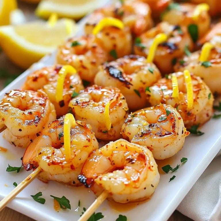 - 1 lb large shrimp, peeled and deveined - 4 tablespoons unsalted butter, melted - 4 cloves garlic, minced - 1 tablespoon fresh lemon juice - Zest of 1 lemon - 1 teaspoon paprika - 1 teaspoon dried oregano - Salt and pepper to taste - Fresh parsley, chopped (for garnish) - Bamboo or metal skewers To make these skewers, you need a few simple tools: - Mixing bowl - Whisk - Grill or grill pan - Skewers (bamboo or metal) - Tongs You can swap ingredients for your taste: - Use shrimp alternatives like chicken or firm fish. - Replace butter with olive oil for a lighter option. - Try lime juice instead of lemon for a different flavor. - Use fresh herbs like thyme or basil instead of oregano. - If you need a kick, add cayenne pepper instead of paprika. Each of these swaps still gives you tasty Garlic Butter Lemon Shrimp Skewers! {{ingredient_image_1}} To start, choose your skewers. If you use bamboo skewers, soak them in water for 30 minutes. This helps avoid burning on the grill. Metal skewers are great too because they do not need soaking. Once ready, line them up for easy access during cooking. Next, we will make the marinade. In a bowl, mix melted butter, minced garlic, lemon juice, lemon zest, paprika, oregano, salt, and pepper. Whisk until it is well combined. Now, add the shrimp to the bowl. Toss the shrimp gently until they are fully coated. Let the shrimp marinate for 15 to 20 minutes. This step adds a lot of flavor. Now it’s time to grill! Preheat your grill or grill pan on medium-high heat. Thread four to five marinated shrimp onto each skewer. Place the skewers on the hot grill. Cook for 2 to 3 minutes on each side. The shrimp should turn pink and opaque when done. Remove them from the grill and let them rest for one minute. Before serving, sprinkle chopped parsley on top for a fresh touch. To keep shrimp juicy, use fresh shrimp. Fresh shrimp has better flavor and texture. Look for shrimp that feels firm and has a mild smell. When cooking, avoid overcooking the shrimp. Cook them just until they turn pink and opaque, about 2-3 minutes per side. This way, they stay tender and delicious. Marinating shrimp adds flavor. For this recipe, a short time works best. I recommend marinating for 15-20 minutes. This allows the flavors to soak in without making the shrimp too salty. If you marinate too long, the acid in the lemon juice can change the shrimp's texture. One common mistake is not soaking wooden skewers. If you use wooden skewers, soak them in water for 30 minutes. This helps prevent burning on the grill. Also, be careful not to crowd the shrimp on the skewers. Leave some space between them to ensure even cooking. Lastly, remember to rest the skewers after grilling. This helps the juices settle back into the shrimp for a better bite. Pro Tips Soak Skewers: If using bamboo skewers, soaking them in water for at least 30 minutes helps prevent them from burning on the grill. Marinate for Flavor: </strong-Allow the shrimp to marinate for at least 15-20 minutes to absorb the flavors of the garlic and lemon before grilling. Watch Cooking Time: Be careful not to overcook the shrimp; they should turn pink and opaque in just 2-3 minutes per side. Garnish Smartly: Fresh parsley not only adds a pop of color but also enhances the dish’s flavor. Consider adding lemon wedges for an extra zesty touch. {{image_2}} You can make your skewers even better by adding veggies. Bell peppers, zucchini, and cherry tomatoes work great. Just cut them into pieces the same size as shrimp. Marinate the vegetables in the same garlic butter mix. This adds color and texture to your dish. Plus, it boosts the nutrients in your meal. If you want to switch things up, try different flavors in your marinade. Swap lemon juice for lime juice for a zesty twist. You can also use fresh herbs like thyme or basil instead of oregano. For a touch of sweetness, add a teaspoon of honey. These changes can give your skewers a whole new vibe. Love some heat? Make a spicy garlic butter by adding red pepper flakes to the marinade. Start with half a teaspoon and adjust to your taste. This spice gives your shrimp a nice kick. You can also mix in a dash of hot sauce for extra flavor. Enjoy the heat with the rich garlic butter. After cooking, let your shrimp skewers cool down. Place them in an airtight container. Store in the fridge for up to 2 days. Make sure to cover them well. This keeps the shrimp fresh and tasty. To freeze, wrap the cooked skewers tightly in plastic wrap. Place them in a freezer-safe bag. They can last for up to 3 months in the freezer. When ready to eat, thaw in the fridge overnight before reheating. Reheat shrimp skewers in the oven or on the grill. Preheat your oven to 350°F. Place the skewers on a baking sheet and cover with foil. Heat for about 10 minutes. If using a grill, place them back on for a few minutes until warm. This keeps the shrimp juicy and flavorful. You cook shrimp on skewers for about 2-3 minutes on each side. Look for shrimp that turn pink and opaque. This means they are done. Overcooking shrimp makes them tough and chewy, so keep an eye on them. Yes, you can use frozen shrimp. Just be sure to thaw them first. Place them in the fridge overnight or run them under cold water. Pat them dry before marinating. This helps the marinade stick better. These skewers pair well with many sides. Here are a few ideas: - Rice or quinoa - Grilled vegetables - Salad with fresh greens - Garlic bread These sides balance the rich garlic butter flavor and keep the meal light. Yes, this recipe works well for meal prep. You can marinate the shrimp ahead of time and store them in the fridge. Cook them fresh when ready to eat. This gives you a quick and tasty meal option for busy days. This post covered how to make delicious garlic butter lemon shrimp skewers. We discussed the ingredients you'll need, the right equipment, and even swaps for those items. I shared step-by-step instructions for prepping, marinating, and grilling. You learned tips for keeping shrimp juicy and avoiding common mistakes. Finally, we explored variations, storage, and answers to your burning questions. Now, you’re ready to grill with confidence and impress your friends and family. Enjoy your tasty creation!