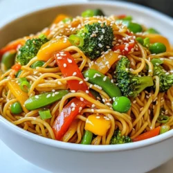 To make this dish, you need some tasty ingredients. Here’s the list: - 200g noodles (your choice: rice, egg, or whole grain) - 2 tablespoons sesame oil - 1 tablespoon fresh ginger, grated - 2 cloves garlic, minced - 1 cup bell peppers, thinly sliced (mix of red, yellow, and green) - 1 cup broccoli florets - 1 carrot, julienned - 1 cup snap peas - 3 tablespoons soy sauce (or tamari for gluten-free) - 1 tablespoon honey or agave syrup - 1 tablespoon rice vinegar - 2 tablespoons sesame seeds - Green onions, chopped for garnish These ingredients create a balance of flavors and colors. The ginger and garlic give a nice kick, while the veggies add crunch. You can add some special touches to your stir-fry. Here are a few ideas: - Chopped cilantro for freshness - Crushed red pepper for some heat - Chopped peanuts for added crunch - A squeeze of lime for brightness These toppings can make your dish even more enjoyable. Mix and match to suit your taste! When it comes to noodles, you have choices! Here are my top picks: - Rice noodles for a gluten-free option - Egg noodles for a rich flavor - Whole grain noodles for extra fiber Each type brings its own unique taste and texture. Choose what you like best or try them all! {{ingredient_image_1}} Start by boiling water in a large pot. Add salt to the water for flavor. Once the water boils, add 200g of your choice of noodles. Cook according to the package instructions. Aim for al dente texture. This usually takes about 4-6 minutes. Drain the noodles and rinse them under cold water. Rinsing stops the cooking process and keeps them firm. Set the noodles aside while you prepare the sauce and veggies. Grab a small bowl to mix the sauce. Combine 3 tablespoons of soy sauce, 1 tablespoon of honey, 1 tablespoon of rice vinegar, and 2 tablespoons of sesame oil. Whisk these together until smooth. This sauce adds a rich flavor to the stir-fry. Set it aside for later. Heat a large skillet or wok over medium-high heat. Add 2 tablespoons of sesame oil and let it warm up. Add 1 tablespoon of freshly grated ginger and 2 minced garlic cloves. Sauté for about 30 seconds until they smell great. Next, toss in 1 cup of sliced bell peppers, 1 cup of broccoli florets, 1 julienned carrot, and 1 cup of snap peas. Stir-fry these for 4-5 minutes. You want the veggies to stay bright and crisp. Now, add the cooked noodles to the skillet. Pour the sauce over the noodles and veggies. Gently toss everything together. Make sure the sauce coats the noodles well. Stir-fry for another 2-3 minutes. Finally, sprinkle 2 tablespoons of sesame seeds over the dish and give it one last toss. Serve hot and garnish with chopped green onions for a fresh touch. Enjoy the colorful and tasty meal! To get the best texture, keep an eye on your noodles. Cook them until they are just al dente. This means they should have a slight bite. Drain them quickly to stop the cooking process. Rinse under cold water to cool them down. This step helps to keep them from getting mushy. Using fresh ingredients makes a big difference. Choose bright, colorful veggies for the best flavor and nutrients. When selecting bell peppers, look for firm ones with shiny skin. Fresh ginger should feel hard and not have soft spots. The fresher your ingredients, the better your stir-fry will taste. Avoid overcooking your vegetables. They should stay bright and crisp. Stir-frying is quick, so have all your ingredients ready. If you add too many veggies at once, they will steam instead of fry. Always keep the heat high and stir often to ensure even cooking. This will help you achieve that perfect stir-fry texture and flavor. Pro Tips Use Fresh Ingredients: The fresher your vegetables, the more vibrant your stir-fry will be. Opt for seasonal produce for the best flavor. Adjust the Spice: If you enjoy a bit of heat, consider adding red pepper flakes or sriracha to the sauce for an extra kick. Don’t Overcrowd the Pan: Stir-frying requires high heat, so cook in batches if necessary to ensure even cooking and proper browning. Experiment with Noodles: Try different types of noodles like soba or udon for a unique texture and flavor profile in your stir-fry. {{image_2}} You can easily switch vegetables in this recipe. Try using seasonal veggies for new flavors. For spring, add asparagus or snap peas. In summer, use zucchini and corn. In fall, butternut squash and kale work great. Winter brings hearty veggies like Brussels sprouts or cabbage. Just remember to cut them into small, even pieces. This helps them cook well and stay crisp. You can tweak the sauce to fit your needs. If you're vegan, use agave syrup instead of honey. For a gluten-free option, choose tamari. If you want less salt, use low-sodium soy sauce. You can also add chili paste for heat or swap the rice vinegar for apple cider vinegar. These changes keep the taste but match your diet. Adding protein can make your stir-fry more filling. Chicken, beef, or shrimp are great choices. Cook them first in the skillet before adding veggies. For a plant-based option, try tofu or tempeh. Make sure to press tofu to remove extra moisture. This helps it get crispy. Mix in cooked protein right before serving for a complete meal. To keep your leftover stir-fry noodles fresh, place them in an airtight container. Make sure they cool down first. This step helps prevent steam from building up. You can store them in the fridge for up to three days. If you want to keep them longer, freezing is a great option. When you are ready to eat the leftovers, reheat them gently. You can use a skillet or a microwave. If using a skillet, add a splash of water or soy sauce. This keeps the noodles moist. Heat on low, stirring frequently, until warm. If using a microwave, cover the bowl to trap steam. Heat in short bursts to avoid overcooking. Freezing stir-fry noodles is easy and smart for meal prep. First, let the noodles cool completely. Then, divide them into meal-sized portions in freezer bags. Squeeze out as much air as possible. Label each bag with the date. You can freeze them for up to three months. When you want to eat them, thaw overnight in the fridge before reheating. Yes, you can make these noodles gluten-free. Just choose gluten-free noodles, like rice noodles. Also, use tamari instead of regular soy sauce. Both swaps will keep the taste great while meeting gluten-free needs. Leftovers can last up to three days in the fridge. Store them in an airtight container to keep them fresh. Reheat them in a pan or microwave before eating. This way, you can enjoy your tasty meal again! You can serve stir-fry noodles with a side of steamed vegetables or a fresh salad. Spring rolls make a great appetizer. For protein, add grilled chicken, tofu, or shrimp. This makes a well-rounded meal that everyone will love. You now have all the tools to make a great Sesame Ginger Stir-Fry Noodle dish. We covered main ingredients, helpful cooking steps, and great tips to avoid common mistakes. You can easily customize the dish with fresh vegetables and proteins. Don’t forget how to store and reheat your leftovers for future meals. Remember, the key is in the details. Enjoy this quick, tasty meal anytime you need. Happy cooking!