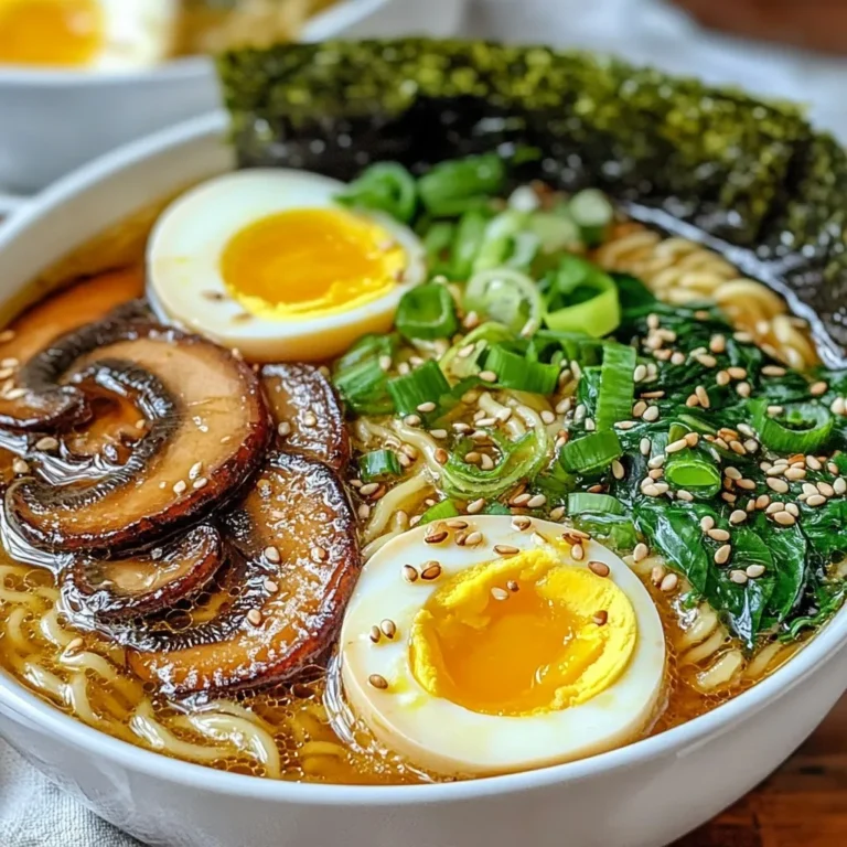 - 4 cups vegetable broth - 3 tablespoons miso paste (red or white) - 1 tablespoon sesame oil - 2 cloves garlic, minced - 1-inch piece ginger, grated - 2 tablespoons soy sauce - 2 teaspoons chili paste (adjust for spice preference) - 200g ramen noodles - 1 cup shiitake mushrooms, sliced - 1 cup baby spinach - 2 green onions, chopped - 2 soft-boiled eggs (optional) - Sesame seeds, for garnish - Nori sheets, for garnish The vegetable broth acts as the base for our ramen. It adds depth and flavor. I love using homemade broth, but store-bought works too. Miso paste is key for that rich taste. I prefer red miso for more depth, but white works well too. It’s fermented, so it brings umami to the dish. Sesame oil adds a nutty flavor. Use it to sauté garlic and ginger. This step makes the kitchen smell amazing! Garlic and ginger are both aromatic. They enhance the broth's taste. Freshly minced garlic gives a strong punch. Grated ginger adds warmth. Soy sauce brings saltiness and enhances the umami. It's a must-have in many Asian dishes. Chili paste is for heat. Adjust the amount based on your spice comfort. It gives the ramen a nice kick. Ramen noodles are the heart of this dish. They soak up the broth and become tender. Shiitake mushrooms add earthiness. They are hearty and tasty. Their texture complements the other ingredients. Baby spinach is light and fresh. It wilts perfectly into the hot broth. It adds color and nutrients. Green onions are a must for garnish. They add crunch and brightness to each bite. Soft-boiled eggs are optional but delicious. They create a creamy texture when halved. Sesame seeds and nori sheets are for garnish. They add visual appeal and extra flavor. If you can't find vegetable broth, use chicken broth for a richer base. For a gluten-free option, choose gluten-free ramen noodles. They taste great too. If miso paste is not available, tahini can work in a pinch, but the flavor will change. Use olive oil instead of sesame oil if needed. It won't have the same nutty taste but will still work. Any mushrooms can replace shiitake, like button or portobello. Just chop them up and add them. Spinach can be swapped for bok choy or kale. They will add a different look and flavor. If you don’t have green onions, chives are a lovely substitute. They add a similar taste. You can skip soft-boiled eggs for a vegan version or use tofu for protein. {{ingredient_image_1}} 1. Gather all your ingredients on the counter. This makes cooking easy and fun. 2. Mince the garlic and grate the ginger. Both add a great flavor. 3. Slice the shiitake mushrooms. They give a nice texture to the dish. 4. Chop the green onions and set them aside for later. 1. Heat the sesame oil in a large pot over medium heat. Let it warm up. 2. Add the minced garlic and grated ginger. Sauté them until they smell good, about 1 minute. 3. Whisk in the miso paste and chili paste. Mix them well with the garlic and ginger. 4. Pour in the vegetable broth and soy sauce. Stir and bring it to a gentle simmer. 5. Add the sliced shiitake mushrooms to the pot. Cook them for 5-7 minutes until soft. 6. While the broth simmers, cook the ramen noodles according to the package instructions. Drain them and set them aside. 7. When the broth is bubbling, stir in the baby spinach. Let it wilt for about 1 minute. 1. Divide the cooked ramen noodles into deep bowls. 2. Ladle the spicy miso broth over the noodles, filling the bowls nicely. 3. If you want, halve the soft-boiled eggs and place them on top. 4. Garnish with chopped green onions, sesame seeds, and shredded nori sheets. 5. Serve hot, and enjoy your savory and comforting bowl of spicy miso ramen! To make your spicy miso ramen just right, tweak the chili paste. Start with two teaspoons for a mild kick. If you like more heat, add one teaspoon at a time. Taste as you go. This way, you find your perfect spice level. Toppings can elevate your ramen. Use soft-boiled eggs for creaminess and flavor. Green onions add a fresh crunch. Shiitake mushrooms bring umami. Nori sheets give a nice touch. Sesame seeds add a bit of texture. Mix and match to create your favorite bowl. Avoid overcooking the noodles. They should be firm when you add them to the broth. Don’t skip the garlic and ginger; they pack a punch of flavor. Also, be careful with miso paste; too much can make your broth too salty. Finally, serve it hot for the best taste. Pro Tips Adjusting Spice Level: Start with less chili paste and gradually add more to find your perfect balance of heat. Perfect Soft-Boiled Eggs: For perfectly soft-boiled eggs, simmer them for exactly 6-7 minutes, then plunge into ice water to stop cooking. Umami Boost: Add a dash of soy sauce or a sprinkle of nutritional yeast to enhance the umami flavor of the broth. Fresh Garnishes: Use fresh herbs like cilantro or Thai basil for extra flavor and a pop of color in your ramen bowls. {{image_2}} You can customize your spicy miso ramen with different meats or proteins. Chicken is a great choice. It adds a light flavor and pairs well with the broth. You can use grilled chicken or even shredded rotisserie chicken. Pork is another tasty option. It adds richness and depth. Try using pork belly or sliced pork tenderloin for a hearty bite. If you want a plant-based option, tofu is perfect. Firm tofu absorbs the broth's flavors well. You can pan-fry the tofu for extra texture. Adding vegetables enhances the flavor and nutrition of your ramen. Shiitake mushrooms bring umami and a chewy texture. Baby spinach wilts quickly and adds color. You can also include carrots, bok choy, or bean sprouts for more crunch. For broths, vegetable broth is a classic choice. You can also use chicken or pork broth for a richer base. Experiment by mixing broths to find your perfect flavor balance. Want to elevate your ramen? Add a smoky twist! Smoked paprika or a splash of liquid smoke creates depth. For those who love heat, increase the chili paste. You can also add sliced fresh chilies or a dash of hot sauce. Consider topping your ramen with pickled jalapeños for an extra kick. Each of these twists can transform your bowl into a unique experience. To store leftovers, let the ramen cool down first. Then, place it in an airtight container. You can keep it in the fridge for up to three days. If you separate the broth and noodles, they will stay fresh longer. The noodles may soak up the broth if you store them together. When you're ready to eat, reheat the ramen on the stove for the best taste. Pour the broth into a pot and heat it until bubbling. Add the noodles and any veggies you want. Stir gently until everything is warm. You can also use a microwave. Just heat it in a bowl for two to three minutes. Stir halfway to ensure even heating. You can freeze spicy miso ramen for later use. However, it's best to freeze the broth and noodles separately. Store the broth in a freezer-safe container for up to three months. Keep the noodles in a separate bag. When you're ready to eat, thaw the broth overnight in the fridge. Reheat the broth as mentioned before and add the noodles. This keeps your ramen tasty and fresh! Spicy miso ramen stands out due to its rich, umami flavor. The main ingredient is miso paste, which adds depth. Other ramen types may use soy sauce or salt for flavor. Spicy miso ramen also has a kick from chili paste, making it bold and exciting. This unique blend of flavors creates a comforting bowl that warms your soul. Yes, you can easily make spicy miso ramen vegetarian or vegan. Use vegetable broth in place of meat broth. Many miso pastes are already plant-based, but double-check the label. For a vegan option, skip the soft-boiled eggs. You can add more veggies, like tofu or edamame, for protein and texture. To keep your noodles firm, cook them separately from the broth. Follow the package instructions for cooking time. Drain them and rinse under cold water to stop the cooking process. Add them to the bowls just before serving. Pour the hot broth over the noodles right before eating. This way, your noodles stay perfect! Toppings can make your ramen even better! Here are some great options: - Soft-boiled eggs for creaminess - Chopped green onions for freshness - Sliced shiitake mushrooms for earthiness - Baby spinach for added nutrients - Sesame seeds for crunch - Nori sheets for a savory touch Feel free to mix and match toppings to suit your taste! You now have a complete guide to making spicy miso ramen. We covered all the key ingredients and how to prep them. You learned cooking steps and how to put it all together. I shared tips to adjust spice levels and avoid common mistakes. Plus, we explored tasty variations to try. Enjoy creating your perfect bowl of ramen. With practice, your skills will shine. Happy cooking!