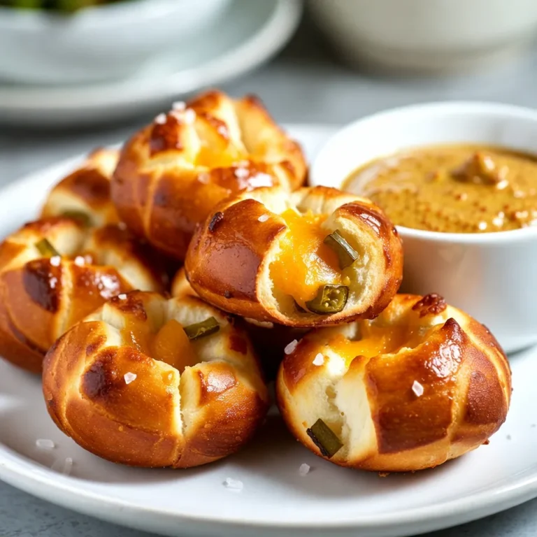 To make Jalapeño Cheddar Pretzel Bites, gather these key ingredients: - 1 ½ cups warm water (110°F to 115°F) - 1 packet (2 ¼ teaspoons) active dry yeast - 1 tablespoon granulated sugar - 4 cups all-purpose flour - 1 teaspoon salt - 1 tablespoon melted butter - 1 cup sharp cheddar cheese, shredded - 2-3 jalapeños, finely chopped (seeds removed for less heat) - ½ cup baking soda - Coarse sea salt, for sprinkling - 1 egg, beaten (for egg wash) You can modify some ingredients for your taste. Here are a few ideas: - Use whole wheat flour instead of all-purpose flour for a healthier bite. - Swap sharp cheddar with pepper jack for extra spice. - If you dislike jalapeños, try green bell peppers for a milder flavor. - You can replace the egg wash with a milk wash for a vegan option. Each pretzel bite contains about: - Calories: 120 - Protein: 4g - Total Fat: 4g - Carbohydrates: 18g - Fiber: 1g - Sodium: 150mg These bites are great for sharing but keep an eye on portions! Enjoy them with friends and family. {{ingredient_image_1}} Start by mixing warm water, yeast, and sugar in a bowl. Let it sit for about 5 minutes. You want it frothy. This step wakes up the yeast. Next, add flour, salt, and melted butter to the yeast mix. Stir this with a spoon or use a stand mixer. Keep mixing until a dough forms. Then, knead the dough on a floured surface for about 5 minutes. It should feel smooth. Now, it's time to add flavor. Incorporate the shredded cheddar cheese and chopped jalapeños. Knead until the cheese and jalapeños are mixed well into the dough. Place the dough in a greased bowl. Cover it with a towel and let it rise in a warm spot for about 1 hour. The dough should double in size. Once your dough has risen, preheat the oven to 425°F (220°C). Line a baking sheet with parchment paper. In a large pot, bring about 10 cups of water to a boil. Carefully whisk in the baking soda until it dissolves. This step gives pretzels their unique taste and color. Punch down the risen dough and divide it into 16 equal pieces. Roll each piece into a small ball. Drop each dough ball into the boiling water for about 30 seconds. Use a slotted spoon to remove them. Place them on the baking sheet. Brush each pretzel bite with the beaten egg. Finally, sprinkle coarse sea salt on top. Bake in the preheated oven for 12-15 minutes. They should turn golden brown. Remove the pretzel bites from the oven and let them cool slightly. For a great look, serve them warm with a side of spicy mustard or cheese dip. Use a cute bowl for the dip to make your appetizer platter pop! To make the best dough, start with warm water. It should be around 110°F to 115°F. This warmth helps the yeast grow. Mix your yeast with sugar and water. Let it sit for five minutes until it gets frothy. This step is key for good rise. When adding flour, mix until it forms a smooth dough. Knead it for about five minutes. This develops gluten, which gives the pretzels their chewy texture. Jalapeños add a nice kick, but balance is key. Use 2-3 jalapeños, and remove the seeds for less heat. If you want it spicier, leave a few seeds in. Chop them finely so they mix well into the dough. This way, each bite will have a hint of spice without overwhelming it. Pairing the jalapeños with sharp cheddar cheese enhances the flavor blend. One common mistake is not letting the dough rise enough. Make sure it doubles in size. This can take about an hour. Another mistake is skipping the boiling step. Boiling the dough in baking soda water gives pretzels their distinct crust. Lastly, don’t rush the baking time. Bake until they are golden brown for the best texture and taste. Pro Tips Perfect Dough Temperature: Ensure your water is at the right temperature (110°F to 115°F) to activate the yeast effectively for a fluffy texture. Cheese Choice: Opt for sharp cheddar to enhance flavor; it melts beautifully and pairs perfectly with the jalapeños. Boiling Soda Solution: Adding baking soda to boiling water gives the pretzel bites their characteristic crust and flavor—don’t skip this step! Serving Suggestions: Serve your pretzel bites warm with a side of spicy mustard or a creamy cheese dip to elevate the snacking experience. {{image_2}} You can make gluten-free jalapeño cheddar pretzel bites easily. Substitute all-purpose flour with a gluten-free flour blend. Look for one that works well for bread. You might need to tweak the water amount slightly. Gluten-free dough can be stickier, so keep flour nearby for dusting. To create a vegan version, replace the butter with plant-based butter. Use a vegan cheese that melts well for that cheesy taste. Instead of the egg wash, brush a mixture of almond milk and a bit of maple syrup on top. This will give a nice golden color without using any eggs. Feel free to play with different cheeses and add-ins. Pepper jack cheese adds extra spice if you like heat. For a milder taste, try mozzarella or gouda. You can also mix in ingredients like cooked bacon bits or herbs for added flavor. Just remember to keep the overall balance of flavors in mind. To store leftover pretzel bites, place them in an airtight container. Let them cool first. Keep the container in the fridge. They will stay fresh for up to three days. If you want to keep them longer, consider freezing. When you are ready to eat, reheating is simple. Preheat your oven to 350°F (175°C). Place the bites on a baking sheet. Heat them for about 5 to 10 minutes. This makes them warm and crispy again. You can also use a microwave, but they may get soft. To freeze pretzel bites, first cool them completely. Place them in a freezer-safe bag or container. They can last up to three months in the freezer. When you want to enjoy them, thaw in the fridge overnight. Reheat as mentioned above for the best taste. Yes, you can make these pretzel bites ahead of time. Prepare the dough and let it rise. Then, shape the bites and store them in the fridge for up to 24 hours. When ready to bake, let them come to room temperature before boiling and baking. These pretzel bites taste great with many dips. Here are some tasty options: - Spicy mustard - Cheese dip - Ranch dressing - Salsa - Guacamole These sauces enhance the jalapeño and cheese flavors. Your pretzel bites are done when they are golden brown. Check the color after 12-15 minutes in the oven. The texture should be firm to the touch. If they look too pale, give them another minute or two. Enjoy! You learned how to make Jalapeño Cheddar Pretzel Bites with easy steps. We covered key ingredients, smart substitutions, and nutrition. I shared tips for perfect dough and balanced flavor. Different variations, like gluten-free and vegan options, let you explore. Storing leftovers and reheating keep your bites fresh. Remember, choosing the right dip enhances your snack. Enjoy making these delicious pretzel bites at home!